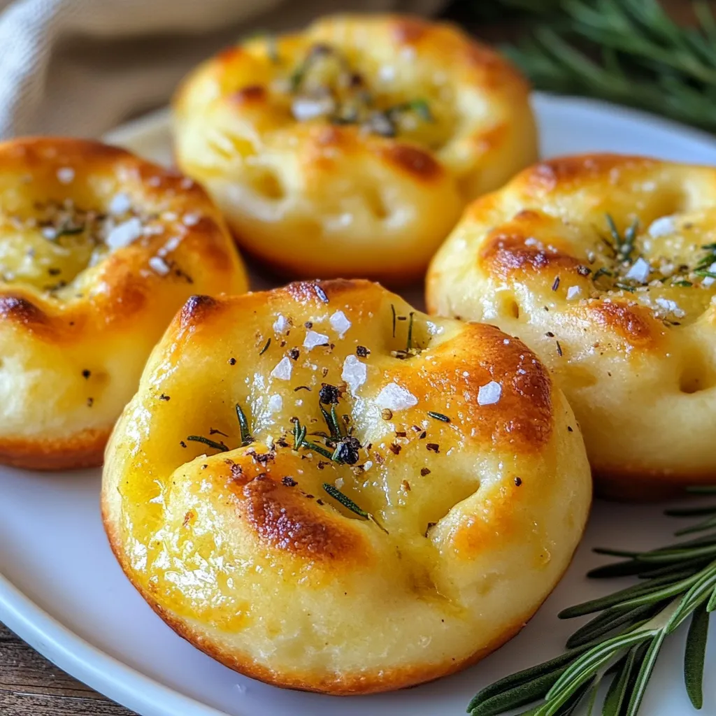 To make delicious Rosemary Garlic Focaccia Muffins, you need these main ingredients: - 2 cups all-purpose flour - 1 cup warm water (110°F) - 1 packet (2 1/4 teaspoons) active dry yeast - 1 teaspoon sugar - 1/4 cup olive oil (plus more for drizzling) - 2 cloves garlic, minced - 2 tablespoons fresh rosemary, chopped (or 1 tablespoon dried) - 1 teaspoon sea salt (plus more for topping) - Freshly cracked black pepper to taste These ingredients work together to create a soft muffin with a flavorful crust. If you want to boost the flavor of your muffins, consider adding: - Grated Parmesan cheese for a salty kick - Chopped olives for a briny taste - Sun-dried tomatoes for a sweet and tangy flavor - A pinch of red pepper flakes for some heat These additions can take your muffins to the next level. You will need a few tools to make these muffins: - A large mixing bowl for combining ingredients - A small bowl for proofing the yeast - A muffin tin to shape the muffins - A kitchen towel to cover the dough while it rises - An oven to bake the muffins Having these tools ready will make your cooking process smoother. {{ingredient_image_1}} First, warm up one cup of water. The water should feel warm, like a comfy bath, around 110°F. In a small bowl, mix this warm water with one teaspoon of sugar. Then, add the packet of active dry yeast. Let this sit for 5 to 10 minutes. You want to see bubbles forming on the surface. This means the yeast is alive and ready to work its magic. In a large bowl, add two cups of all-purpose flour, one teaspoon of sea salt, two minced garlic cloves, and two tablespoons of chopped rosemary. Stir these dry ingredients well. Next, make a well in the center. Pour in the frothy yeast mixture and 1/4 cup of olive oil. Mix everything until a sticky dough forms. Then, sprinkle a bit of flour on your counter. Knead the dough for about five minutes until it feels smooth and soft. After kneading, place the dough in a greased bowl. Cover it with a clean kitchen towel. Let it rise in a warm spot for about one hour. It should double in size. Preheat your oven to 375°F. Once the dough is ready, punch it down gently. Divide it into 12 equal portions. Roll each piece into a ball and place them in a greased muffin tin. Use your fingers to create dimples on top of each muffin. Drizzle olive oil on them and sprinkle with sea salt and black pepper. Allow the muffins to rise for another 20 minutes before baking. Bake them for 20 to 25 minutes until they turn golden brown. Let them cool in the tin for a few minutes, then transfer them to a wire rack. Enjoy the aroma as they cool! To get soft and fluffy muffins, start with warm water. It should feel like a cozy bath, around 110°F. Mix the yeast and sugar in this warm water. Wait until it gets frothy, which usually takes about 5 to 10 minutes. This step is key because it wakes up the yeast. When mixing dry ingredients, use all-purpose flour and sea salt. Knead the dough for about 5 minutes on a floured surface. You want it smooth and slightly sticky. Let it rise in a warm spot until it doubles in size. This gives the muffins their light texture. If you have extra muffins, cool them down first. Place them in an airtight container. They will stay fresh for about 2 to 3 days at room temperature. For longer storage, wrap each muffin in plastic wrap. Then, place them in a freezer bag. They can last for up to 3 months in the freezer. When you want to enjoy one, just thaw it at room temperature or warm it in the oven. To boost flavor, try adding more herbs. Thyme or oregano can mix well with rosemary. You can also fold in sun-dried tomatoes or olives for a savory twist. For a cheesy delight, add shredded parmesan or mozzarella inside each muffin. This makes them even more tasty. Drizzling extra olive oil before baking gives a nice, golden crust. You can also sprinkle coarse sea salt on top for a crunchy finish. Pro Tips Use Fresh Ingredients: Always opt for fresh rosemary and garlic for the best flavor. Dried herbs can work in a pinch, but fresh ingredients will elevate your focaccia muffins significantly. Temperature Matters: Ensure your water is warm but not hot to activate the yeast properly. Water that is too hot can kill the yeast, resulting in dense muffins. Don’t Rush the Rise: Allow the dough to rise until it has doubled in size for the best texture. A warm, draft-free environment will help the dough rise effectively. Experiment with Toppings: Feel free to get creative with toppings! Try adding coarse sea salt, different herbs, or even a sprinkle of cheese before baking for added flavor. {{image_2}} You can change the flavor of your focaccia muffins by using different herbs. Try thyme, oregano, or basil. Each herb gives a unique taste. For a fresh twist, mix herbs like parsley with rosemary. This way, you get a new flavor each time. Imagine biting into a warm muffin and finding melted cheese inside! To make cheese-filled focaccia muffins, add a small piece of cheese in the center. Mozzarella or feta works well. Simply take a portion of dough, flatten it, and place the cheese inside. Then, seal it up before baking. The result is a savory surprise in every bite! You can still enjoy rosemary garlic muffins if you need a gluten-free option. Use gluten-free all-purpose flour instead of regular flour. Make sure the flour has xanthan gum to help with texture. Follow the same steps in the recipe. Your muffins will still be fluffy and full of flavor. Enjoy the taste without the gluten! To store unbaked dough, keep it in a greased bowl. Cover the bowl tightly with plastic wrap. This helps keep moisture in. Place it in the fridge if you plan to use it later. The dough can last up to 24 hours in the fridge. When ready to bake, let it sit at room temperature for 30 minutes. This allows the dough to rise again before shaping. To keep your baked muffins fresh, let them cool completely. Once cool, place them in an airtight container. This helps prevent them from drying out. You can also wrap each muffin in plastic wrap for extra protection. Store them at room temperature for up to three days. If you want them to last longer, consider refrigeration. Freezing muffins is a great way to save them for later. First, let the muffins cool completely. Then, wrap each muffin tightly in plastic wrap. After that, place them in a freezer bag. Remove as much air as possible from the bag. Muffins can be frozen for up to three months. When ready to eat, thaw them overnight in the fridge. You can also warm them in the oven for a few minutes before serving. Yes, you can use instant yeast. Instant yeast works well and does not need to be proofed. You can mix it directly with the dry ingredients. Use the same amount as active dry yeast. Keep in mind that your dough may rise a bit faster. These muffins pair well with many dishes. Here are a few ideas to try: - Herb-infused olive oil for dipping - A fresh salad with a light dressing - Soups, like tomato or minestrone - Cheese platters with soft cheeses - Roasted vegetables for a hearty side To check if your muffins are done, tap the tops lightly. They should sound hollow. You can also insert a toothpick into the center. If it comes out clean, your muffins are ready. The tops should be golden brown and slightly firm to the touch. Enjoy that warm, savory aroma! In this post, we covered key ingredients and tools for making muffins. I guided you through each step, from prepping the yeast to baking. You learned tips for perfect texture and how to store leftovers. Plus, we explored fun variations, including gluten-free options. Remember, making muffins can be simple and fun! Keep experimenting and enjoy the process.