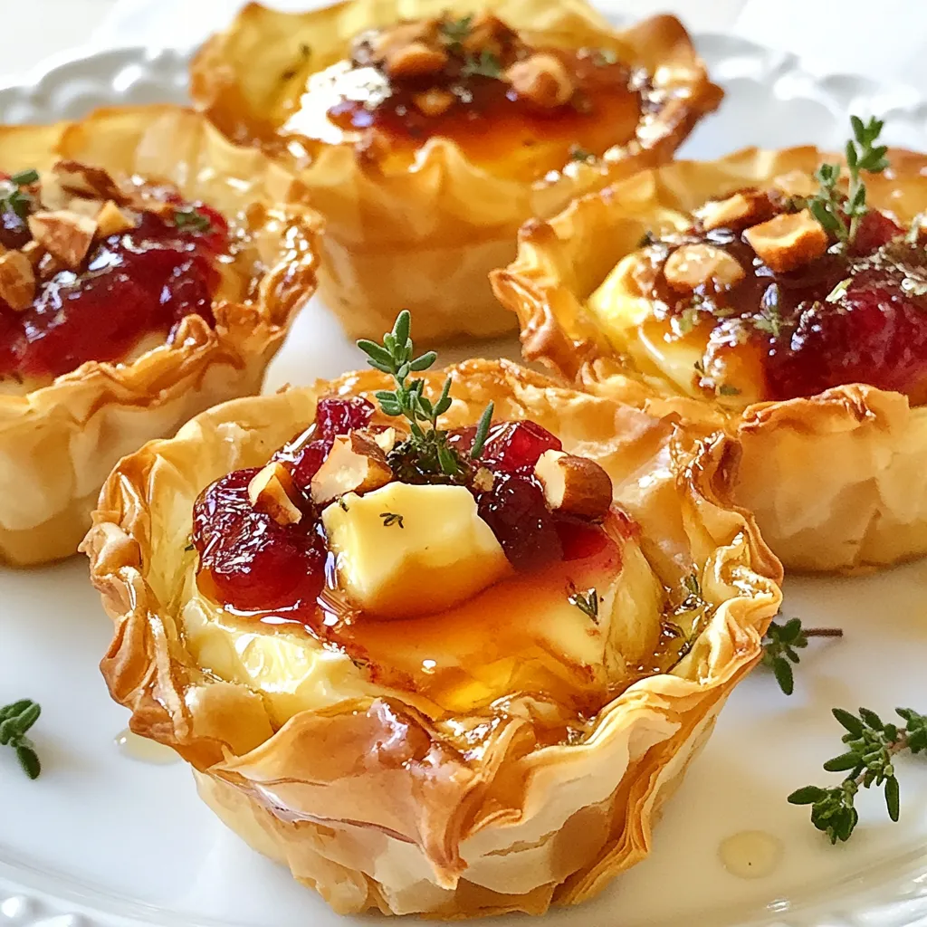 To make the perfect Cranberry Brie Thyme Phyllo Cups, gather these key ingredients: - 12 sheets of phyllo dough - 1 cup brie cheese, cut into small cubes - 1 cup cranberry sauce (homemade or store-bought) - 1 tablespoon fresh thyme leaves - 4 tablespoons unsalted butter, melted - 1 tablespoon honey - Salt and pepper to taste - Optional: crushed walnuts for garnish These ingredients come together to create a blend of sweet and savory flavors. The phyllo dough gives each cup a light, crispy texture. The brie cheese melts beautifully, adding richness to the dish. Cranberry sauce brings a burst of tartness, while thyme adds a fresh herbal note. Using unsalted butter helps control the salt level in the recipe, letting the other flavors shine. Honey adds a touch of sweetness, enhancing the overall taste. Finally, a sprinkle of salt and pepper finishes each cup perfectly. Feel free to explore optional toppings like crushed walnuts for an extra crunch. This combination makes these phyllo cups a delightful appetizer for any gathering. {{ingredient_image_1}} 1. Preheating the oven: Start by preheating your oven to 375°F (190°C). This step helps the phyllo cups get nice and crispy. 2. Preparing the muffin tin: Grab your muffin tin and brush the cups with melted butter. This will keep the phyllo from sticking. 3. Layering the phyllo dough: Take two sheets of phyllo dough and lay them flat. Brush melted butter on each sheet. Then, cut the stacked dough into four squares. 4. Forming the cups: Press each square into the muffin tin, letting the edges fold over. You should repeat this until you use all the dough. 1. Adding brie cheese: Place a small cube of brie cheese at the bottom of each phyllo cup. The brie will melt and add creaminess. 2. Topping with cranberry sauce: On top of the brie, spoon a bit of cranberry sauce. This adds sweetness and a pop of color. 3. Adding thyme and honey: Sprinkle fresh thyme leaves on top. Drizzle a little honey to enhance the flavor. 1. Oven baking time: Bake the cups in your preheated oven for about 15-20 minutes. This allows the phyllo to become golden brown and crispy. 2. Checking for doneness: Keep an eye on the cups. They should be golden and smell amazing when done. Remove them from the oven and let them cool slightly. If you wish, add some crushed walnuts on top for crunch. Enjoy your tasty treat! - How to handle phyllo dough Phyllo dough is thin and delicate. Work quickly to avoid tearing it. Always keep the unused sheets covered with a damp cloth. This helps keep them moist. Use a sharp knife or pizza cutter to cut the dough. Layer two sheets at a time for strength. Brush each layer with melted butter to get a nice golden color. - Keeping phyllo from drying out To prevent drying, cover the phyllo with a damp cloth. If it starts to dry, you might find it hard to work with. You can also use plastic wrap to keep it moist. When you layer the dough, always brush with butter. This not only adds flavor but helps seal the layers together. - Suggestions for additional spices You can add a pinch of nutmeg or cinnamon for warmth. A sprinkle of cayenne pepper gives it a nice kick. Fresh herbs like rosemary or parsley can really boost the taste. Experiment with your favorite spices to make each bite special. - Pairing with other toppings Try adding sliced apples or pears for a sweet crunch. A dollop of fig jam can add a rich layer of flavor. You can also use different nuts, like pecans or almonds, for added texture. These toppings can transform your phyllo cups into something truly unique. Pro Tips Use Thawed Phyllo Dough: Make sure your phyllo dough is completely thawed before use to avoid tearing and ensure crispiness. Experiment with Cheese: While brie is delicious, feel free to try other soft cheeses like camembert or goat cheese for different flavor profiles. Homemade Cranberry Sauce: For a fresher taste, consider making your own cranberry sauce with fresh cranberries, sugar, and a splash of orange juice. Serve Warm: These cups are best enjoyed warm right out of the oven, so serve them immediately for maximum flavor and texture. {{image_2}} You can swap brie for other cheeses. Creamy cheeses work well in this dish. For a sharper taste, try goat cheese or aged cheddar. If you prefer something milder, use mozzarella or ricotta. Each cheese brings a unique flavor, making it fun to experiment. You can mix up the flavors too. Instead of cranberry sauce, consider using raspberry or fig jam. These options add sweetness and a bit of tang. Fresh herbs also change the taste. Try basil or rosemary for a different twist. Mixing fruit and herbs allows you to create your signature phyllo cup. You can make this dish gluten-free by using gluten-free phyllo dough. Many brands offer great alternatives that taste just as good. For vegan options, swap brie with a plant-based cheese. Use agave syrup or maple syrup instead of honey. These choices keep the recipe tasty while meeting dietary needs. To keep your Cranberry Brie Thyme Phyllo Cups fresh, store them properly. If you have leftovers, place them in an airtight container. Refrigerate them for up to three days. This helps maintain their taste and texture. If you want to store them longer, freezing is an option. Wrap each cup in plastic wrap. Then, place them in a freezer bag. You can freeze them for up to three months. Just remember to label the bag with the date. To enjoy your phyllo cups again, reheating is key. The best method is to use an oven. Preheat it to 350°F (175°C). Place the cups on a baking sheet. Heat them for about 10 minutes or until warm. This keeps the phyllo crispy. If you’re in a hurry, a microwave works too. But be careful, as it may make the phyllo soft. For the best taste, stick with the oven. Enjoy your tasty appetizer again! Your phyllo cups are done when they turn a golden brown color. This usually takes about 15 to 20 minutes in the oven. Keep an eye on them to prevent burning. The edges should be crispy, and the cheese should be slightly melted. Yes, you can prepare the phyllo cups ahead of time. Assemble them but do not bake them yet. Cover them tightly with plastic wrap and store them in the fridge for up to 24 hours. When you're ready, bake them as directed. To make these cups gluten-free, use gluten-free phyllo dough. For a vegan option, swap brie with a vegan cheese alternative. You can also replace honey with maple syrup for a plant-based sweetener. Always check labels for other ingredients to ensure they meet your dietary needs. Yes, store-bought cranberry sauce works perfectly in this recipe. It saves time and still tastes great. Just choose a sauce that you enjoy, as it will add flavor to your phyllo cups. If you want, you can also make your own for a fresher taste. Making Cranberry Brie Thyme Phyllo Cups is simple and fun. We covered all the steps: from gathering ingredients like phyllo dough and brie to baking them to perfection. You learned tips to handle phyllo, flavor ideas, and even how to store and reheat your cups. Embrace your creativity with this dish. Whether you try different cheeses or tweaks for diets, these cups are sure to impress. Enjoy making these delicious treats!
