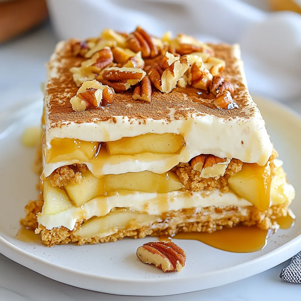 To make this delightful dessert, gather these key ingredients: - 1 ½ cups heavy whipping cream - 1 cup powdered sugar - 1 teaspoon vanilla extract - 1 package (3.4 oz) instant vanilla pudding mix - 2 cups milk - 1 box (15 oz) graham crackers - 2 medium apples, peeled and diced (preferably Granny Smith) - 1 cup caramel sauce (store-bought or homemade) These ingredients work together to create a creamy and sweet treat. The graham crackers form the base, while the whipped cream adds lightness. You can make your cake even better with some easy toppings: - ¼ cup chopped pecans - Cinnamon for dusting Adding chopped pecans gives a nice crunch. A sprinkle of cinnamon enhances the flavor and adds warmth. For the best taste, I recommend using Granny Smith apples. They are tart and balance the sweetness of the caramel. Other good options include Honeycrisp or Fuji apples if you want a sweeter bite. These apples keep their shape well when mixed into the cake. {{ingredient_image_1}} To make the Caramel Apple Éclair Cake, start by whipping the cream. In a large bowl, add 1 ½ cups of heavy whipping cream. Use a mixer to whip until soft peaks form. This means the cream should hold a shape but still be soft. Next, slowly add 1 cup of powdered sugar and 1 teaspoon of vanilla extract. Keep whipping until it becomes thick. Set this aside for later. In another bowl, mix 3.4 ounces of instant vanilla pudding with 2 cups of milk. Whisk this for 2 to 3 minutes. You want it smooth and thick. Once it’s ready, gently fold the whipped cream into the pudding. Be careful not to stir too hard. You want to keep the air in the cream. Now it’s time to layer the cake. Grab a 9x13 inch baking dish. Start by laying down a full layer of graham crackers. Cover the bottom completely. Next, spread half of the pudding mixture over the graham crackers. Smooth it out evenly with a spatula. Now, sprinkle half of the diced apples on top of the pudding. Drizzle some caramel sauce over the apples. You can use store-bought or homemade sauce. Then, add another layer of graham crackers on top. Follow with the rest of the pudding mixture and the remaining apples. Drizzle more caramel sauce on top. Finish with one last layer of graham crackers. Whipping cream can be tricky, but here are some tips. Start with cold cream for better results. Use a chilled bowl and beaters if you can. This helps the cream whip faster. Don’t over-whip the cream; it should be thick but not grainy. If you see butter forming, stop immediately. This can ruin your dessert. Keep these tips in mind, and you’ll have perfect whipped cream every time. To get a creamy and light texture, whip your heavy cream until it forms soft peaks. This means the cream should hold its shape but still be soft. When you mix in the powdered sugar and vanilla, keep whipping until the cream is thick and holds stiff peaks. This makes your cake light. When you combine the whipped cream with the pudding, fold gently. This keeps the air in the cream, making your cake fluffy. One common mistake is over-whipping the cream. If you whip it too much, it can turn grainy. Another error is not letting the layers chill long enough. If you skip this step, the layers won’t soften and blend, making the cake hard to cut. Make sure to cover your dish tightly to avoid any unwanted odors from the fridge. When it’s time to serve, cut the cake into nice squares. You can sprinkle chopped pecans on top for a nice crunch. A light dusting of cinnamon adds a warm flavor. If you want to make it extra special, drizzle more caramel sauce over each slice before serving. This makes it look pretty and tastes amazing! Pro Tips Choose the Right Apples: Granny Smith apples are tart and hold up well in this dessert, providing a perfect contrast to the sweetness of the caramel. Chill Overnight: For the best texture and flavor, let the cake chill overnight. This allows the graham crackers to soften and the flavors to meld beautifully. Homemade Caramel Sauce: If you have time, try making your own caramel sauce. It adds a richer flavor and can be customized to your taste. Serving Suggestions: Serve this dessert with a dollop of whipped cream or a scoop of vanilla ice cream for an extra indulgent treat. {{image_2}} You can change the apples to other fruits. Try pears for a sweet twist. You can also use berries like strawberries or blueberries for a fresh flavor. Bananas add a nice creaminess too. Just remember to slice them thin. Each fruit brings a new taste to the cake. To make this cake gluten-free, use gluten-free graham crackers. You can also swap the heavy cream for coconut cream. For dairy-free options, use almond milk instead of regular milk. These changes keep the cake tasty without dairy or gluten. You still get that layered dessert feel. Add a splash of caramel extract for a richer flavor. Mixing in some chocolate chips can make it even more fun. You can also fold in crushed cookies for extra texture. These infusions create layers of flavor. Feel free to get creative with what you have. Each change makes the cake uniquely yours. To keep your Caramel Apple Éclair Cake fresh, store it in the fridge. Cover it tightly with plastic wrap or foil. This helps keep the moisture in and the flavors strong. Make sure to avoid any strong-smelling foods in the fridge, as they can affect the cake's taste. The cake stays good for about 3 to 5 days in the fridge. After that, the texture might change. It can become soggy from the layers mixing too much. If you want to enjoy it later, consider freezing it. To freeze the Éclair Cake, first, wrap it well in plastic wrap. Then, put it in a freezer-safe container. It can last up to 2 months in the freezer. When you're ready to eat it, move it to the fridge to thaw for about 6 to 8 hours. Avoid reheating; this cake tastes best cold and creamy. Yes, you can switch flavors! Try chocolate or butterscotch pudding for a fun twist. You can also blend flavors, like vanilla and caramel, to create unique tastes. Just keep in mind that different flavors may change the overall taste of the cake. Experiment with your favorites! If you don't have heavy whipping cream, you can use coconut cream. It whips up nicely and adds a light coconut flavor. Another option is to use whipped topping, which is easy and quick. However, it may not have the same richness. To make a mini version, use a smaller dish, like an 8x8 inch pan. Cut the ingredients in half for the right amount. You can also layer individual cups for fun servings. Just remember to adjust the chilling time, as smaller portions may set faster. This blog post covered how to make a tasty caramel apple éclair cake. We explored key ingredients and optional toppings, along with the best apple choices. I shared step-by-step instructions for layering the cake and tips for whipping cream just right. You learned about variations and gluten-free options, plus how to store or freeze your cake. In closing, enjoy making this fun dessert your own. With these tips, your éclair cake will delight everyone.