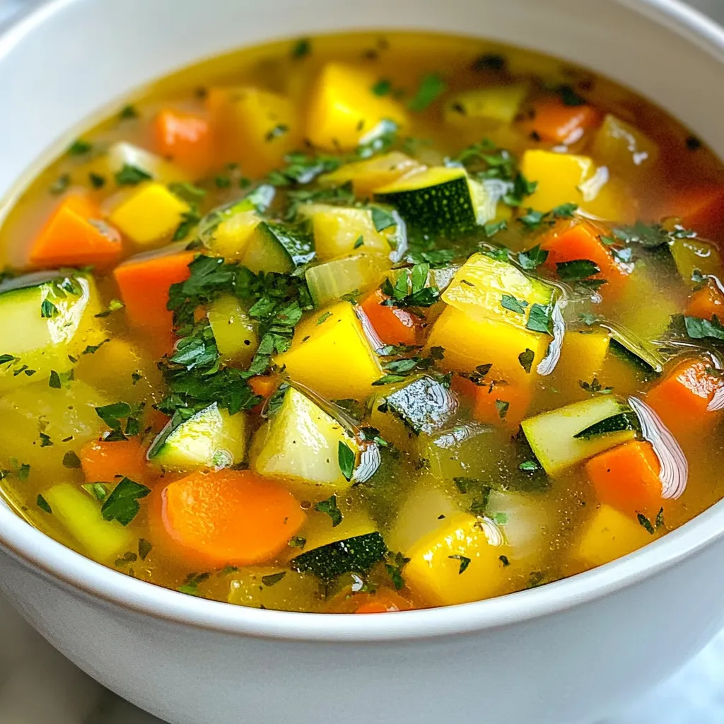 To make this Tuscan Vegetable Soup, you will need: - 1 large onion, chopped - 2 cloves garlic, minced - 2 medium carrots, diced - 2 celery stalks, diced - 1 zucchini, diced - 1 yellow squash, diced - 1 cup green beans, trimmed and cut into 1-inch pieces - 1 can (15 oz) chickpeas, rinsed and drained - 1 can (14 oz) diced tomatoes (no added salt) - 4 cups vegetable broth - 2 cups fresh spinach or kale - 1 teaspoon dried oregano - 1 teaspoon dried basil - Salt and pepper to taste - 2 tablespoons olive oil - Fresh parsley, chopped (for garnish) You can swap some ingredients for others based on what you have. If you don't have chickpeas, use white beans or lentils. Instead of fresh spinach, you can try Swiss chard or arugula. No zucchini? Use bell peppers or eggplant. These changes keep the soup tasty. This soup is healthy and filling. Each serving has about: - Calories: 180 - Protein: 7 g - Fat: 4 g - Carbohydrates: 30 g - Fiber: 8 g - Sugar: 4 g These numbers can vary based on your ingredient choices. This soup is a great way to get your veggies! Enjoy its rich flavors and health benefits. {{ingredient_image_1}} First, gather all your veggies. You need a large onion, garlic, carrots, celery, zucchini, yellow squash, and green beans. Chop the onion and mince the garlic. Dice the carrots, celery, zucchini, and yellow squash. Trim and cut the green beans into small pieces. This step makes the cooking process easier. In a large pot, heat 2 tablespoons of olive oil over medium heat. Add the chopped onion and sauté for 3-4 minutes until it softens. Then, stir in the minced garlic, diced carrots, and celery. Cook these for about 5 minutes, stirring often. Next, add the zucchini, yellow squash, and green beans. Sauté these veggies for another 5 minutes. Now, pour in 1 can of diced tomatoes and 4 cups of vegetable broth. Add 1 can of chickpeas, dried oregano, dried basil, salt, and pepper. Stir everything well. Bring your soup to a boil. Once boiling, reduce the heat and let it simmer for 20 minutes. This allows all the flavors to mix well. Towards the end, add 2 cups of fresh spinach or kale. Let the soup simmer for another 5 minutes until the greens are tender. Taste your soup to check the seasoning. Adjust with more salt or pepper if needed. When serving, garnish each bowl with chopped fresh parsley. You can drizzle a bit of olive oil on top for extra flavor. Enjoy your hearty Tuscan Vegetable Soup! To boost the flavor of your soup, use fresh herbs. Fresh basil or parsley adds bright notes. You can also try a splash of lemon juice for zest. A sprinkle of grated Parmesan cheese gives depth and richness. If you like spice, add a pinch of red pepper flakes for heat. For quick prep, chop your veggies ahead of time. Store them in the fridge for easy access. You can also use pre-chopped vegetables from the store. This saves time and helps you get dinner ready faster. Remember to keep your broth handy. It’s the base of your soup and brings all the flavors together. One common mistake is overcooking your vegetables. This can make them mushy and lose their color. Make sure to watch the cooking times closely. Another mistake is not seasoning enough. Taste your soup and adjust the salt and pepper. Lastly, don’t rush the simmering step. Letting it simmer melds the flavors beautifully. Pro Tips Use Fresh Vegetables: Fresh, seasonal vegetables not only enhance the flavor but also increase the nutritional value of your soup. Customize Your Greens: Feel free to substitute spinach or kale with other greens like Swiss chard or collard greens based on your preference. Blend for Creaminess: For a creamier texture, blend a portion of the soup and mix it back in. This adds richness without heavy cream. Make It Ahead: This soup tastes even better the next day. Make a batch ahead of time and store it in the fridge for a quick meal. {{image_2}} You can easily boost the protein in your Tuscan Vegetable Soup. Adding chicken or tofu works well. If you choose chicken, use cooked, shredded chicken. Stir it in during the last minutes of cooking. For tofu, use firm or extra-firm tofu. Cut it into cubes and sauté it before adding to the soup. If you want a low-sodium version, look for low-sodium vegetable broth. You can skip the salt or use herbs to add flavor. For a vegan option, this soup is already plant-based. Just make sure to use a vegan broth. You can also add nutritional yeast for a cheesy taste without dairy. Feel free to swap out vegetables based on the season. In the fall, use butternut squash or pumpkin. In the spring, add asparagus or peas. Summer calls for fresh corn or bell peppers. This soup is versatile, letting you enjoy fresh flavors all year round. To keep your Tuscan vegetable soup fresh, store it in an airtight container. Make sure the soup cools to room temperature before sealing it. This helps prevent moisture build-up, which can alter the flavor. Leftovers can last in the fridge for about 3 to 4 days. If you want to enjoy it later, consider freezing it. Reheating your soup is easy. Pour the soup into a pot and heat it on medium. Stir often to ensure even warming. You can also use the microwave. Place the soup in a microwave-safe bowl and cover it loosely. Heat in short bursts, stirring in between, until hot. This keeps the flavors intact. Freezing is a great way to save extra soup. First, let the soup cool completely. Then, pour it into freezer-safe bags or containers. Leave some space at the top, as soup expands when frozen. Label the bags with the date. The soup can stay fresh in the freezer for up to 3 months. When you’re ready to eat, thaw it in the fridge overnight before reheating. Enjoy your tasty soup anytime! Tuscan Vegetable Soup stands out for its fresh and simple ingredients. It uses a mix of colorful vegetables like zucchini, carrots, and green beans. The addition of chickpeas makes it hearty and filling. The blend of oregano and basil adds a warm, herbal flavor. This soup reflects the rustic style of Tuscan cooking, focusing on seasonal produce and rich flavors. Each bite brings a taste of Italy right to your kitchen. Yes, you can easily make this soup in a slow cooker. Start by chopping all your veggies and adding them to the slow cooker. Pour in the vegetable broth, tomatoes, and chickpeas. Add the herbs, salt, and pepper. Set the cooker on low for about six hours or on high for three hours. Stir in the spinach or kale during the last 15 minutes. This method lets the flavors meld beautifully while you go about your day. Tuscan Vegetable Soup can last up to five days in the fridge. Store it in an airtight container for best results. When you're ready to eat it, just reheat on the stove or in the microwave. If the soup thickens, add a splash of broth or water to restore its consistency. Enjoying this soup throughout the week makes meal prep easy and satisfying. We explored the key ingredients, step-by-step instructions, and helpful tips for making Tuscan Vegetable Soup. I shared ideas for variations, storage methods, and answered common questions. You can make this soup your own by adding proteins or seasonal veggies. Remember to avoid mistakes and enhance flavors. With these insights, you can enjoy a healthy, tasty dish any time. Dive into this soup and get creative! Enjoy your cooking journey!