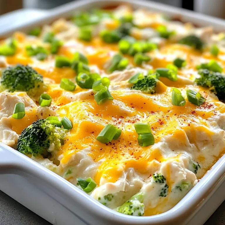 - 2 cups cooked chicken, shredded - 1 cup cauliflower florets, steamed and chopped - 1 cup broccoli florets, steamed - 1 cup cream cheese, softened - 1 cup shredded cheddar cheese - 1/2 cup cream or unsweetened almond milk - 2 cloves garlic, minced - 1 teaspoon onion powder - 1 teaspoon paprika - Salt and pepper to taste - 1/4 cup green onions, chopped (for garnish) This casserole is not just tasty; it’s also healthy. Each serving has about 400 calories. It is low in carbs, with roughly 8 grams per serving. You will get around 30 grams of protein and 30 grams of fat. The chicken provides protein, while the cauliflower and broccoli add fiber and vitamins. Cream cheese and cheddar offer calcium and healthy fats. This dish is a great way to enjoy a filling meal without the carbs! {{ingredient_image_1}} - Preheat the oven to 350°F (175°C). - Grease a 9x13 inch baking dish. Start by preheating your oven. This step helps the casserole cook evenly. Greasing the dish stops the food from sticking. You can use cooking spray or a little oil for this. - Mix shredded chicken, cauliflower, and broccoli. - Prepare cream cheese mixture. Next, you will combine your main ingredients. In a large bowl, add the shredded chicken, steamed cauliflower, and steamed broccoli. Mix them well. In another bowl, beat the cream cheese until smooth. Then add cream or almond milk, minced garlic, onion powder, paprika, salt, and pepper. Blend this mixture until it is creamy and well mixed. - Pour cream cheese mixture over the vegetables. - Transfer to the baking dish and add cheddar cheese. - Baking time and tips for doneness. Now, pour the cream cheese mix over the chicken and veggies. Stir everything carefully to coat each piece. Transfer this mix into your greased baking dish. Spread it out evenly and top it with shredded cheddar cheese. Bake the casserole in your preheated oven for 25 to 30 minutes. Look for bubbly cheese and a light golden color. Let it cool a bit before serving. Enjoy your dish with some green onions on top for a fresh look! To ensure even cooking, I recommend cutting your veggies into similar sizes. This helps them cook at the same rate. Use a sharp knife for safe and quick chopping. A large mixing bowl works well for combining your ingredients without making a mess. A spatula is perfect for folding in the cream cheese mixture to ensure everything is well coated. Adding herbs can boost flavor. Fresh thyme or basil works great. If you want a kick, try some red pepper flakes. For cheese, if you want a twist, use mozzarella or pepper jack instead of cheddar. These can add different textures and tastes to your casserole. Serve your casserole hot right from the dish for a cozy feel. Spoon portions onto plates for a more formal look. Garnish each serving with green onions for a pop of color. A sprinkle of fresh herbs can also brighten your plate. Use a colorful dish to make your meal more appealing too. This can turn an ordinary meal into something special. Pro Tips Use Rotisserie Chicken: For a quicker option, consider using store-bought rotisserie chicken. It saves time and adds great flavor. Mix Up the Veggies: Feel free to substitute other low-carb vegetables like zucchini or bell peppers for a different flavor and texture. Cheese Variations: Experiment with different types of cheese, such as mozzarella or pepper jack, to create a unique taste profile. Make Ahead: This casserole can be prepared ahead of time and stored in the fridge. Just bake it when you’re ready to serve! {{image_2}} You can easily swap out ingredients to suit your taste. For low-carb veggie options, use zucchini or spinach. These will keep the dish light and tasty. If you want to change the protein, try turkey or even tofu. Both give a nice texture and flavor. If you need a dairy-free version, use cashew cream instead of cream cheese. Unsweetened coconut milk can replace the cream too. For those who need gluten-free options, check your spices and sauces. Most are naturally gluten-free, making this dish safe for you. Want some heat? Add sliced jalapeños for a spicy kick. You can also make it Mediterranean by adding olives, artichokes, or feta cheese. These changes will make your casserole exciting and full of flavor. Each version brings a new twist to this simple meal. To store your leftover low carb chicken casserole, let it cool first. Once cooled, place it in an airtight container. This helps keep it fresh. I like to use glass containers with lids. They are great for easy heating later. For freezing, use freezer-safe containers. Portion out servings before freezing. This makes it easy to reheat just what you need. When you want to eat it, thaw it in the fridge overnight. Reheat in the oven or microwave until hot. This keeps the taste and texture nice. In the fridge, the casserole lasts about 3 to 4 days. Always check for any signs of spoilage. If it smells off or looks strange, it's best to toss it. For safety, never leave food out for more than two hours. Make sure to store it properly to enjoy later! What can I serve with Low Carb Chicken Casserole? You can serve this dish with a fresh salad. A side of green beans or steamed asparagus works well, too. These sides balance the rich flavors of the casserole. Can I make this dish ahead of time? Yes, you can prepare it a day before. Just cover it and refrigerate. When you're ready, bake it straight from the fridge, adding a few extra minutes to the cooking time. Is this recipe suitable for meal prep? Absolutely! This casserole is great for meal prep. You can divide it into portions and store them in containers. It keeps well in the fridge for easy meals during the week. How do I know when the casserole is done? Look for bubbly cheese and a golden top. A toothpick inserted in the center should come out clean. The casserole should be hot all the way through. Can I use rotisserie chicken instead of cooked chicken? Yes, rotisserie chicken is a great time-saver. Just shred it and mix it in. The flavors of the spices and cheese will blend nicely with it. How many carbs are in the casserole per serving? Each serving has about 6 grams of carbs. This makes it a great option for low-carb diets. Can this be adapted for other diets such as keto or paleo? Yes, this recipe is perfect for keto. Simply use almond milk instead of cream for paleo. You can also add more low-carb veggies to adjust the dish to your needs. This blog post covers a tasty, low-carb chicken casserole recipe packed with nutrients. We went over the main and additional ingredients, step-by-step instructions, and useful tips. You can adapt the recipe to fit different diets or change the flavors. Remember, this dish is great for meal prep and leftovers. With simple storage tips and answers to common questions, you’ll be ready to enjoy this dish anytime. Dive into this healthy recipe and make it your own!