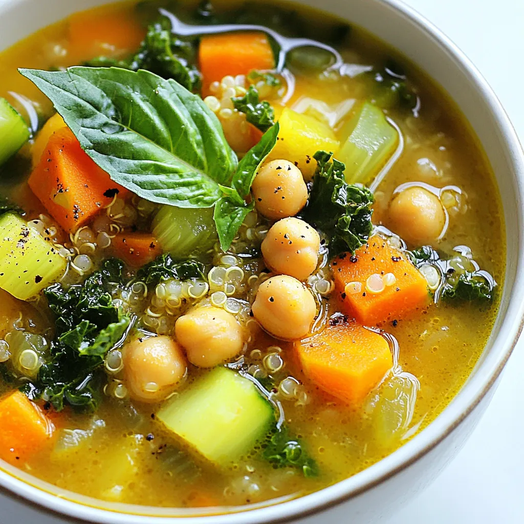 - 2 tablespoons olive oil - 1 medium onion, chopped - 3 cloves garlic, minced - 2 medium carrots, diced - 2 celery stalks, diced - 1 medium zucchini, diced - 8 cups vegetable broth - 1 can (15 oz) chickpeas, drained and rinsed - 1 cup green kale, chopped - 1 cup quinoa, rinsed - 1 teaspoon dried thyme - 1 teaspoon dried oregano - Juice of 1 lemon - Salt and pepper to taste - Fresh basil leaves for garnish When I make Italian Penicillin Soup, I start with fresh, simple ingredients. Each one serves a purpose. Olive oil brings flavor and helps sauté the veggies. The onion and garlic add a sweet, aromatic base. Carrots and celery contribute crunch and nutrients, while zucchini adds color and texture. I use vegetable broth for a rich, warm flavor. Chickpeas are my go-to for protein and help fill you up. Green kale adds a vibrant touch and packs in vitamins. Quinoa is a great grain that makes the soup hearty. Herbs like dried thyme and oregano give it that classic Italian taste. The lemon juice brightens everything up, making each bite refreshing. I season with salt and pepper to enhance all the flavors. Finally, I garnish with fresh basil leaves. They make the soup look beautiful and taste even better. Gather these ingredients, and you're ready to create a bowl of comfort. {{ingredient_image_1}} 1. Sautéing the onion and garlic Start by heating the olive oil in a large pot over medium heat. Add the chopped onion and cook for about 3-4 minutes. You want the onion to soften and become slightly translucent. Then, add the minced garlic and stir for another minute. 2. Adding and cooking the vegetables Next, toss in the diced carrots and celery. Cook for 5 minutes. This helps bring out their natural sweetness. After that, add the diced zucchini and cook for another 3 minutes. The veggies should feel tender but still firm. 3. Boiling the broth mixture Now, pour in the vegetable broth and bring it to a boil. Once it starts bubbling, reduce the heat to low. This simmering step is key for letting the flavors meld together. 4. Incorporating chickpeas, quinoa, and herbs Add the drained and rinsed chickpeas along with the rinsed quinoa. Stir in the dried thyme and oregano for flavor. Let this mixture simmer for about 15-20 minutes. You want the quinoa to be fully cooked and fluffy. 5. Adding kale and lemon juice After the quinoa is ready, stir in the chopped kale and the juice of one lemon. Cook for an additional 5 minutes. The kale should wilt down nicely, adding color and nutrients to your soup. 6. Seasoning and serving instructions Lastly, season the soup with salt and pepper to taste. Serve it hot, garnished with fresh basil leaves. This adds a lovely touch and enhances the flavor. Enjoy your bowl of comfort! Italian Penicillin Soup has many healthy ingredients. Each one brings unique benefits. - Olive Oil: This oil is full of healthy fats. It helps your heart stay strong. - Chickpeas: These are great for protein. They help keep you full and strong. - Kale: This green is rich in vitamins. It boosts your immune system. - Quinoa: This grain is a complete protein. It has all the amino acids you need. - Carrots and Zucchini: These veggies are full of fiber. They help your digestion. Legumes and greens play a key role in our health. They support a balanced diet and help with many body functions. Eating these foods can lower cholesterol and improve heart health. Italian Penicillin Soup is more than just tasty. It has healing properties. The warm broth and fresh veggies soothe your body. This soup is perfect when you feel under the weather. In Italian culture, food is life. Comfort food helps connect people. This soup brings families together. It is a dish made with love, tradition, and care. Enjoying it can lift your spirits and warm your heart. Pro Tips Use Fresh Ingredients: Whenever possible, opt for fresh vegetables and herbs to enhance the flavor and nutritional value of your soup. Customize Your Greens: Feel free to substitute or add other leafy greens like spinach or Swiss chard for a different taste and texture. Make it Heartier: For a more filling meal, consider adding cooked chicken or turkey to the soup. Storage Tips: Store any leftovers in an airtight container in the refrigerator for up to 3 days. The flavors will deepen as it sits! {{image_2}} - To keep your vegetables crisp, cook them just until they soften. Don’t overcook! - Store leftovers in airtight containers. This helps keep the soup fresh for days. - Try adding a pinch of red pepper flakes for some heat. Basil and parsley boost flavor too. - If you're vegan, swap chickpeas for lentils. For gluten-free, choose rice instead of quinoa. For a tasty twist, you can change some vegetables in this soup. If you want, try using: - Sweet potatoes instead of carrots - Bell peppers in place of zucchini - Spinach or Swiss chard for kale These swaps keep the soup fun and fresh. You can also change the protein. Instead of chickpeas, add: - Cooked chicken for meat lovers - Lentils for a different flavor - Tofu for a plant-based choice You can make this soup vegan by using vegetable broth and skipping any meat. For a gluten-free option, replace quinoa with rice or millet. Each change brings new flavor and texture. In Italy, many regions have their own take on this soup. In the north, they may add creamy polenta. In the south, you might find spicy sausage or fresh herbs. Each version tells a story of local tastes and traditions. How long can I store Italian Penicillin Soup? You can store Italian Penicillin Soup in the fridge for up to 3 days. Make sure to keep it in an airtight container. This keeps it fresh and tasty for you. Can I freeze this soup? Yes, you can freeze this soup. It stays good for about 3 months. Just use a freezer-safe container. Leave some space at the top, as soup expands when frozen. What's the best way to reheat it? To reheat, pour the soup into a pot. Heat it on medium until warm. Stir it often to heat it evenly. You can also use a microwave. Just heat in short bursts and stir in between. Is there a variation with meat? Yes, you can add chicken or turkey for a meatier option. Just cook the meat first, then add it with the vegetables. This gives the soup a nice, hearty flavor. How does this soup compare to other Italian soups? This soup is lighter than many Italian soups, like minestrone. It focuses on fresh veggies and healthy grains. It’s also packed with nutrients, making it a great comfort meal. This blog post covered the key ingredients for Italian Penicillin Soup and detailed each step to make it. We explored the soup's health benefits and its comforting qualities, linking it to Italian culture. I shared cooking tips, suggested flavor enhancements, and offered variations for different diets. Italian Penicillin Soup is not just food; it’s a hug in a bowl. Enjoy your cooking journey!