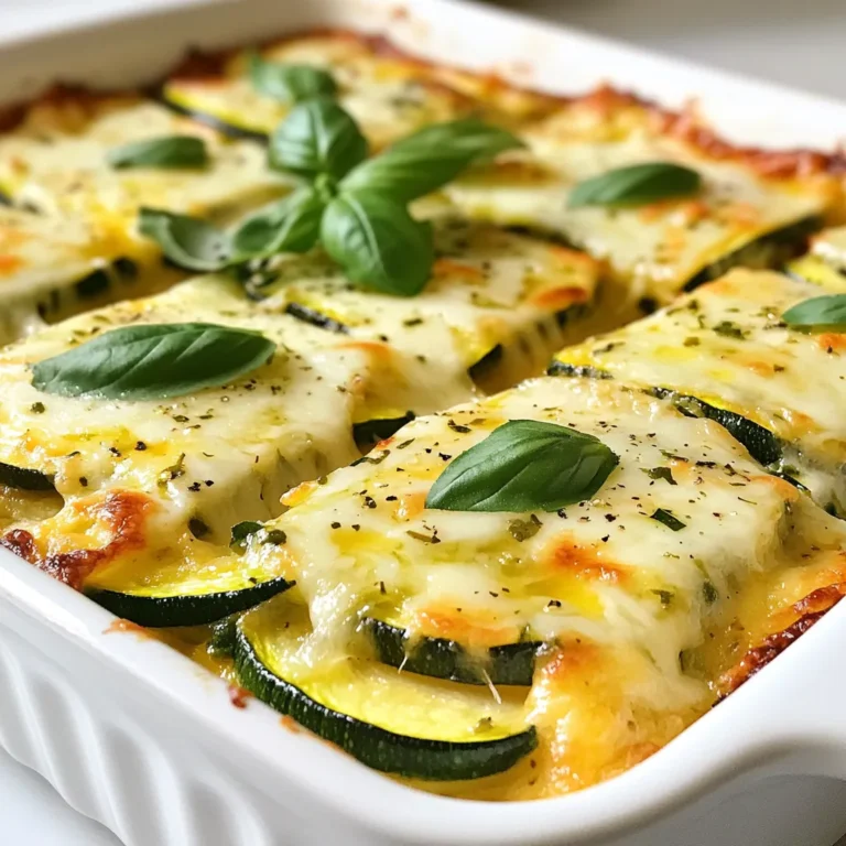To make a tasty Cheesy Zucchini Bake, gather these key ingredients: - 4 medium zucchinis, sliced into rounds - 1 cup grated zucchini (from 1 medium zucchini) - 1 cup shredded mozzarella cheese - 1/2 cup grated Parmesan cheese - 1/2 cup breadcrumbs (preferably whole wheat) - 2 cloves garlic, minced - 1 large egg - 1/4 cup fresh basil, chopped - 1 teaspoon dried oregano - Salt and pepper to taste - Olive oil for drizzling These ingredients create a rich and cheesy dish. The zucchini gives it a fresh taste, while the cheeses add creamy goodness. You can enhance the flavor of your Cheesy Zucchini Bake with these optional extras: - Red pepper flakes for heat - Lemon zest for a citrus twist - Additional herbs like thyme or parsley Adding these can give your dish a unique flair. Feel free to mix and match based on your taste. If you need to swap some ingredients, here are some ideas: - Use feta cheese instead of Parmesan for a tangy flavor. - Substitute almond flour for breadcrumbs to make it gluten-free. - Replace fresh basil with dried basil if fresh is not available. These substitutions can still give you a tasty result. Don't worry if you can't find something; creativity in the kitchen often leads to delicious surprises! {{ingredient_image_1}} First, set your oven to 375°F (190°C). Grab a baking dish and coat it with some olive oil. Next, take four medium zucchinis. Slice them into rounds. Put the rounds into a mixing bowl. Add minced garlic, salt, pepper, and dried oregano. Toss everything well to coat the zucchini evenly. In another bowl, take one grated zucchini, shredded mozzarella, grated Parmesan, breadcrumbs, one egg, and chopped fresh basil. Mix these until combined. This mixture will make your cheesy filling. Now, it’s time to layer our bake. Start by placing half of the sliced zucchinis on the bottom of your greased baking dish. Spread half of the cheesy mixture over this zucchini layer. Make sure to cover it well. Then, repeat this step. Add the rest of the sliced zucchinis on top and finish with the remaining cheesy mixture. Drizzle a bit of olive oil over the top for extra flavor. Place your dish in the oven and bake it for 30 to 35 minutes. You’ll know it’s ready when the top is golden brown and the cheese is bubbly. Once done, take it out and let it cool for a few minutes. This cooling time helps the layers set. Finally, slice and serve your Cheesy Zucchini Bake warm. Enjoy this colorful dish as a side or a main course! When picking zucchini, look for firm and smooth skin. The color should be deep green. Avoid any with soft spots or blemishes. Smaller zucchinis are often sweeter and more tender. Aim for zucchinis that are about six to eight inches long. They will slice well and cook evenly in the bake. To get that gooey, melty cheese, use freshly shredded mozzarella. Pre-shredded cheese has additives that can prevent melting well. Mix mozzarella with grated Parmesan for a great flavor combination. Adding a bit of olive oil helps the cheese melt beautifully. Sprinkle some cheese on top during the last few minutes for a nice golden finish. Spices bring life to your Cheesy Zucchini Bake. Fresh basil adds a lovely aromatic touch. Dried oregano gives a warm, earthy flavor. A pinch of red pepper flakes can add a kick if you like heat. Don’t forget to season with salt and pepper. These simple steps will make each bite burst with flavor. Pro Tips Use Fresh Zucchini: For the best flavor and texture, choose firm, fresh zucchinis. Avoid those with soft spots or blemishes. Adjust Cheese to Taste: Feel free to mix different types of cheese, such as cheddar or gouda, for a unique flavor profile. Breadcrumb Alternatives: If you want a gluten-free option, substitute breadcrumbs with crushed nuts or gluten-free breadcrumbs. Let it Rest: Allow the bake to cool for a few minutes before slicing. This helps it set and makes serving easier. {{image_2}} You can add proteins to your cheesy zucchini bake for extra flavor and nutrition. Cooked chicken or sausage works well. Just chop them into small pieces. Mix them into the cheese layer before spreading it over the zucchini. This adds heartiness to the dish. It makes it more filling, perfect for a main course. Feel free to mix in other veggies to change the taste. Bell peppers, mushrooms, or spinach can be great choices. Chop these vegetables into small pieces. Toss them in with the sliced zucchini and garlic. This not only adds color but also boosts nutrition. You can create a veggie medley that fits your taste. To make this dish gluten-free, substitute breadcrumbs with gluten-free options. You can use ground almonds or crushed gluten-free crackers instead. These will still give you that crispy top. Just make sure to check labels for hidden gluten. This way, everyone can enjoy your cheesy zucchini bake without worry. Store your Cheesy Zucchini Bake in an airtight container. Let it cool first. Place it in the fridge for up to three days. Make sure to cover it well to keep it fresh. If you want to keep it longer, freezing is a great option. To reheat, preheat your oven to 350°F (175°C). Place the leftover bake in a baking dish. Cover it with foil to keep the moisture in. Heat for about 15-20 minutes, or until it’s warm all the way through. You can also use the microwave. Heat in short bursts, checking often to avoid overcooking. To freeze, let the bake cool completely first. Cut it into portions for easy serving. Wrap each piece in plastic wrap, then place them in a freezer bag. Be sure to remove as much air as possible. It can last for about two months in the freezer. When ready to eat, thaw it overnight in the fridge before reheating. Yes, you can make Cheesy Zucchini Bake ahead of time. Prepare the dish up to the baking step. Cover it and store it in the fridge for up to 24 hours. When ready to bake, just pop it in the oven. This makes it great for busy days or gatherings. Absolutely! Cheesy Zucchini Bake is perfect for meal prep. It holds well in the fridge and reheats nicely. You can portion it into containers for easy lunches or dinners. This dish stays tasty for about 3-4 days when stored properly. You can serve Cheesy Zucchini Bake with many sides. It pairs well with a fresh salad or crusty bread. You can also enjoy it with grilled chicken or fish for a full meal. The flavors mix well and make for a delightful dining experience. The Cheesy Zucchini Bake is easy and tasty. We covered key ingredients, step-by-step prep, and helpful tips. I’ve shared variations for proteins and veggies, plus how to store leftovers. Remember, fresh zucchini makes a big difference. You can also add your favorite spices for extra flavor. Feel free to experiment and adapt the recipe to your taste. Enjoy your dish and impress everyone at the table!