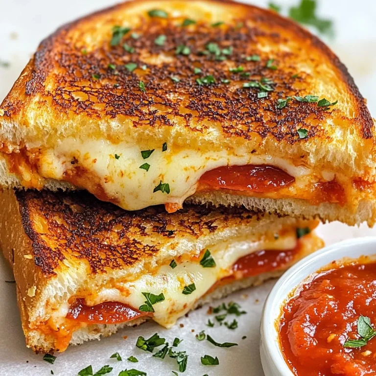 To make a delicious pizza grilled cheese, you need a few key items. Here’s what you’ll need: - 4 slices of sourdough bread - 1 cup shredded mozzarella cheese - 1/2 cup pizza sauce - 1/4 cup sliced pepperoni (or your choice of toppings) - 1/4 cup grated Parmesan cheese - 2 tablespoons butter - 1 teaspoon dried oregano - 1 teaspoon garlic powder - Salt and pepper to taste These ingredients create a tasty blend of flavors. The sourdough bread gives a crispy texture. The mozzarella melts beautifully, while the pizza sauce adds that classic pizza taste. You can make your pizza grilled cheese more fun by adding your favorite toppings. Here are some ideas: - Sliced olives - Bell peppers - Mushrooms - Spinach - Cooked sausage - Fresh basil Feel free to mix and match toppings. This lets you create a sandwich that suits your taste perfectly. Sourdough bread shines in this recipe, but other types can work too. Consider these options: - Ciabatta - Whole wheat - French bread - Rye Each type of bread brings its own flavor and texture. Choose one that you love for the best results. {{ingredient_image_1}} First, gather all your ingredients. You will need: - 4 slices of sourdough bread - 1 cup shredded mozzarella cheese - 1/2 cup pizza sauce - 1/4 cup sliced pepperoni (or your choice of toppings) - 1/4 cup grated Parmesan cheese - 2 tablespoons butter - 1 teaspoon dried oregano - 1 teaspoon garlic powder - Salt and pepper to taste Next, heat a skillet over medium heat. Melt one tablespoon of butter in the skillet. While the skillet heats, it's time to build your sandwich. Take two slices of sourdough bread and spread pizza sauce on each slice. On one slice, layer half of the shredded mozzarella cheese. Then, add the sliced pepperoni. Sprinkle half of the grated Parmesan on top. Next, add the dried oregano and garlic powder. Finally, top it with the remaining mozzarella cheese. Now, place the second slice of bread on top to create a sandwich. Carefully put the sandwich in the hot skillet. Toast it until the bread turns golden brown and the cheese starts to melt, about 3-4 minutes. While it cooks, spread a thin layer of the remaining butter on the top slice of the sandwich. After 3-4 minutes, flip the sandwich carefully. Cook the other side for another 3-4 minutes until it’s golden and crispy. Once cooked, take the sandwich out of the skillet. Let it sit for a minute. This helps the cheese settle before slicing. Slice the sandwich in half for easy handling. Serve it warm on a cutting board. For a fun touch, garnish with fresh parsley. Offer a small bowl of extra pizza sauce on the side for dipping. This adds flavor and makes your meal more enjoyable. To get a crispy crust, use medium heat. This helps the bread toast without burning. A cast-iron skillet works best for even heat. You can also use a non-stick pan, but watch closely. Start by melting butter in the skillet. It adds flavor and helps with crispness. Flip the sandwich gently to avoid squishing it. For gooey, melted cheese, use a mix of mozzarella and Parmesan. Mozzarella melts well, while Parmesan adds a nice bite. Layer the cheese thick but not too much. This ensures it melts evenly. Cover the skillet with a lid while cooking. This traps heat and helps the cheese melt faster. To prevent sogginess, use fresh sourdough bread. Dry the bread a bit before adding sauce. Spread only a thin layer of pizza sauce. Too much sauce can make the bread soft. Let the cooked sandwich rest for a minute. This helps steam escape, keeping it crispy. Serve it right away for the best taste! Pro Tips Choose the Right Bread: Sourdough adds a delicious tang and texture; however, feel free to experiment with other types like ciabatta or whole wheat for different flavors. Layer Wisely: Ensure even cheese distribution by layering toppings in the order of cheese, toppings, and then more cheese, which helps bind everything together. Control the Heat: Cooking on medium heat allows the cheese to melt thoroughly without burning the bread. If needed, lower the heat for a more controlled toasting. Customize Your Toppings: Get creative with toppings like bell peppers, olives, or mushrooms to make the sandwich your own. Just keep the quantity balanced to avoid sogginess. {{image_2}} If you want a tasty vegetarian pizza grilled cheese, swap the pepperoni for veggies. Try sliced bell peppers, mushrooms, or spinach. These options add flavor and crunch. You can also use a mix of your favorite vegetables. Just make sure to cook them lightly before adding them to the sandwich. This helps them blend well with the cheese. While mozzarella is classic, other cheeses can enhance this dish. Consider mixing mozzarella with provolone or fontina for a rich taste. You could also use cheddar for a sharp kick. For a creamy texture, try using goat cheese or ricotta. Each cheese brings its own flavor, so feel free to experiment. Get creative with your toppings! Add sliced olives, jalapeños, or even pineapple for a sweet twist. You can sprinkle herbs like basil or thyme for fresh flavor. For a smoky taste, try adding a few drops of liquid smoke. The options are endless, so go ahead and make this sandwich your own. To store leftover pizza grilled cheese, let it cool down first. Place it in an airtight container. This keeps the flavors fresh and prevents sogginess. You can store it in the fridge for up to three days. If you want to keep it longer, freezing is a great option. When reheating, I suggest using a skillet. Heat the skillet on medium. Add a small amount of butter to the pan. Place the sandwich in the skillet and cover it. This helps the cheese melt while keeping the bread crispy. Cook for about three to four minutes on each side. You can also use an oven. Preheat to 350°F (175°C) and bake for about 10 minutes. To freeze pizza grilled cheese, wrap each sandwich tightly in plastic wrap. Then, place them in a freezer bag. This method prevents freezer burn. You can freeze them for up to two months. To cook, thaw in the fridge overnight. Then, follow the reheating tips to enjoy your meal. Yes, you can use different cheeses. Try cheddar, provolone, or even a mix. Each cheese brings its own flavor. Mixing cheeses can also enhance the taste. Just make sure to melt them well for that gooey effect. If you don't have sourdough, use any bread you like. White, whole grain, or ciabatta work great. Just pick a bread that can hold the fillings. The key is to have a sturdy base for your sandwich. For a healthier option, choose whole grain bread. Use low-fat cheese and leaner toppings. You can add veggies like spinach or bell peppers for extra nutrients. Reducing butter can also cut down calories. Absolutely! An air fryer is perfect for this sandwich. Preheat it to 350°F (175°C). Assemble your sandwich as usual, then place it in the air fryer. Cook for about 8-10 minutes, flipping halfway through. Enjoy that crispy goodness! Pizza grilled cheese is a fun twist on two favorites. We covered key ingredients, cooking steps, and tips to make it great. You learned how to add your favorite toppings and try different cheeses. Plus, we shared ways to store and reheat your sandwich. Enjoy your pizza grilled cheese adventure, and don’t be afraid to experiment. The best sandwich is the one that comes from your heart and taste.