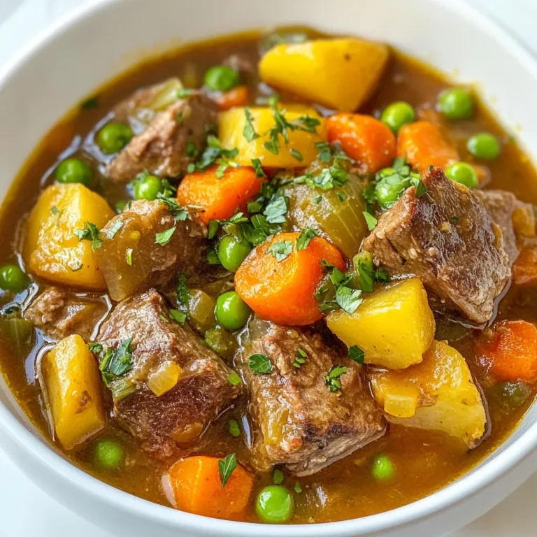 To make this hearty stew, gather these main ingredients: - 2 lbs lamb shoulder, cut into 2-inch cubes - 2 tablespoons olive oil - Salt and black pepper to taste - 1 large onion, diced - 3 cloves garlic, minced - 4 medium carrots, peeled and sliced - 3 stalks celery, chopped - 2 cups beef broth - 1 cup diced tomatoes (canned or fresh) - 2 teaspoons dried rosemary - 1 teaspoon dried thyme - 1 bay leaf - 1 cup green peas (fresh or frozen) - 2 medium potatoes, peeled and cut into chunks These ingredients create a rich base for the stew. The lamb shoulder is ideal because it becomes tender and flavorful when cooked low and slow. You can enhance the flavor with some optional ingredients: - 1 tablespoon cornstarch (for thickening) - Fresh parsley, chopped (for garnish) Cornstarch helps make the stew thicker if you like a heartier texture. Parsley adds a fresh touch when you serve the dish. Use these seasonings to boost the taste: - Salt and black pepper to taste - Dried rosemary - Dried thyme - Bay leaf These seasonings are key to making the stew flavorful. Rosemary and thyme bring warmth, while the bay leaf adds depth to the overall dish. {{ingredient_image_1}} To start, I heat the olive oil in a large Dutch oven. It’s best to use medium-high heat. I season the lamb cubes with salt and black pepper. Then, I sear the lamb in batches. Each batch takes about 5 to 7 minutes. I want the lamb to be brown on all sides. This step adds a lot of flavor. After browning, I remove the lamb from the pot and set it aside. Next, I add the diced onion into the same pot. I sauté it for about 5 minutes. When the onion softens, I stir in the minced garlic. I let it cook for one more minute. The garlic will smell great! After that, I add the sliced carrots and chopped celery. I sauté these for another 5 minutes. This helps build a rich base for the stew. Now it’s time to return the lamb to the pot. I pour in the beef broth and diced tomatoes. I add dried rosemary, thyme, and a bay leaf. Then, I mix in the potato chunks and more salt and pepper. I stir everything well. I bring the stew to a simmer. Once it simmers, I lower the heat and cover the pot. I let it cook for 1.5 to 2 hours. The lamb should be tender and shred easily. About 10 minutes before serving, I stir in the green peas. If I want a thicker stew, I mix cornstarch with cold water. I add this to the stew and cook for another 5 minutes. Finally, I remove the bay leaf and adjust the seasoning. Garnishing with fresh parsley adds a nice touch! To make the best fall-apart lamb stew, choose lamb shoulder. This cut has good fat and connective tissue. It gets tender as it cooks. Avoid lean cuts; they won't break down well. Look for marbling, which adds flavor and moisture. Ask your butcher for help if needed. If you like a thicker stew, use cornstarch. Mix one tablespoon of cornstarch with two tablespoons of cold water. Stir this mixture into your stew about ten minutes before it's done. Cook it for five more minutes. This method gives a nice, rich texture without altering the flavor. Seasoning is key for flavor. Use salt and black pepper to taste. Dried herbs like rosemary and thyme add depth. Don’t forget the bay leaf; it boosts the stew's aroma. Taste as you go. Adjust seasoning near the end. This way, you ensure a balanced, delicious stew every time. Pro Tips Choose the Right Cut: Using lamb shoulder is ideal due to its rich flavor and tenderness when slow-cooked, ensuring a fall-apart texture. Layer Flavors: Don’t rush the sautéing steps; properly browning the lamb and softening the vegetables enhances the stew's depth of flavor. Thickening the Stew: If you prefer a thicker stew, make a cornstarch slurry and add it towards the end of cooking for a velvety consistency. Resting Time: Allow the stew to sit for about 10-15 minutes after cooking; this helps the flavors meld together for an even richer taste. {{image_2}} You can change the stew by adding seasonal veggies. Think about using root vegetables like parsnips or turnips. They add a nice flavor and texture. You could also toss in squash or sweet potatoes for a hint of sweetness. If you want freshness, consider adding green beans or zucchini. Just cut them into bite-sized pieces. Add them in the last 30 minutes of cooking to keep them tender-crisp. For those who love spice, it's easy to kick up the heat. You can add chili flakes or diced jalapeños. Start with a small amount, then taste and adjust. If you want a deeper flavor, try using smoked paprika. It adds heat and a smoky taste. Adding a dash of hot sauce before serving can also give it a nice kick. Make sure to balance the heat with the stew's rich flavors. If you prefer a different meat, lamb is not your only choice. Beef or pork works well in this stew. For beef, use chuck roast cut into cubes. It becomes tender just like lamb. If you want pork, try shoulder or loin. Both cuts are great for slow cooking. Just remember to adjust the cooking time. Beef may need a little longer, while pork cooks faster. The key is to make sure the meat is fork-tender. To keep your leftover stew fresh, use an airtight container. Let it cool to room temp before sealing. This helps prevent sogginess. Store it in the fridge for up to three days. For longer storage, freezing is best. Pour the cooled stew into freezer-safe bags. Squeeze out air before sealing. Label with the date. The stew can last up to three months in the freezer. Reheat the stew on the stove for best results. Use low heat to avoid burning. Stir often to heat evenly. You can add a splash of broth if it looks thick. Enjoy the rich flavors just like the first day! You can store Fall-Apart Lamb Stew in the fridge for up to three days. Make sure to cool it completely before putting it in an airtight container. This helps keep the flavors fresh. If you want to enjoy it later, just reheat it gently on the stove or in the microwave. Yes, you can use other cuts of lamb. Cuts like lamb shank or leg can work well. Just remember to adjust cooking times, as some cuts may need longer to become tender. The key is to choose meat that has enough fat. This helps the stew stay rich and flavorful. For a complete meal, serve lamb stew with crusty bread or warm rolls. This bread is great for dipping. You can also add a side salad for some fresh crunch. A simple green salad with a light vinaigrette pairs nicely. Enjoy your meal with a glass of red wine for an extra touch! This blog post shared a simple way to make fall-apart lamb stew. I covered key ingredients and step-by-step instructions to enhance flavors and textures. You learned tips for selecting the best lamb, thickening the stew, and adding variations for fun. Storing leftovers and reheating were also explained. Cook this stew with love, and it will surely delight. Enjoy your culinary journey!