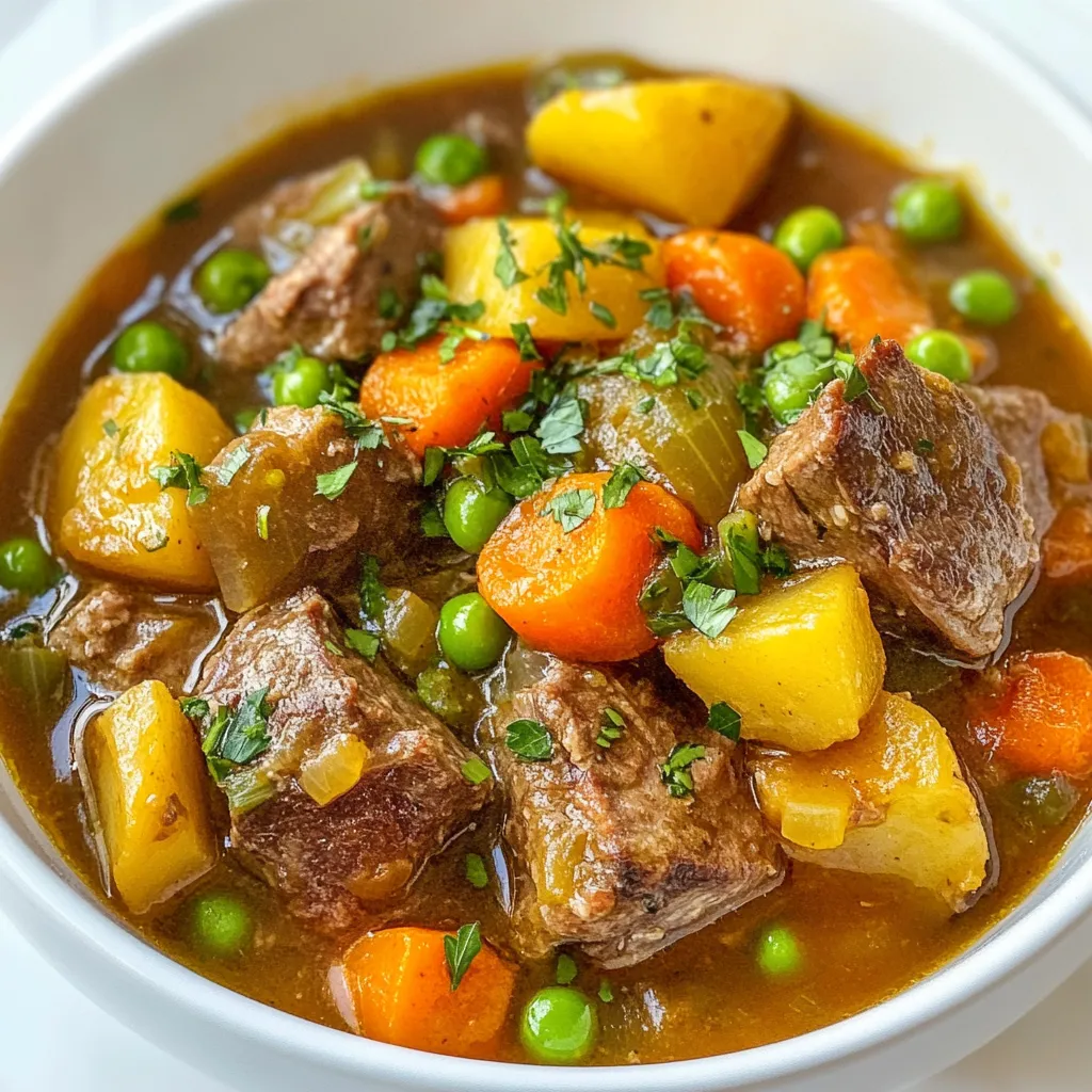 To make this hearty stew, gather these main ingredients: - 2 lbs lamb shoulder, cut into 2-inch cubes - 2 tablespoons olive oil - Salt and black pepper to taste - 1 large onion, diced - 3 cloves garlic, minced - 4 medium carrots, peeled and sliced - 3 stalks celery, chopped - 2 cups beef broth - 1 cup diced tomatoes (canned or fresh) - 2 teaspoons dried rosemary - 1 teaspoon dried thyme - 1 bay leaf - 1 cup green peas (fresh or frozen) - 2 medium potatoes, peeled and cut into chunks These ingredients create a rich base for the stew. The lamb shoulder is ideal because it becomes tender and flavorful when cooked low and slow. You can enhance the flavor with some optional ingredients: - 1 tablespoon cornstarch (for thickening) - Fresh parsley, chopped (for garnish) Cornstarch helps make the stew thicker if you like a heartier texture. Parsley adds a fresh touch when you serve the dish. Use these seasonings to boost the taste: - Salt and black pepper to taste - Dried rosemary - Dried thyme - Bay leaf These seasonings are key to making the stew flavorful. Rosemary and thyme bring warmth, while the bay leaf adds depth to the overall dish. {{ingredient_image_1}} To start, I heat the olive oil in a large Dutch oven. It’s best to use medium-high heat. I season the lamb cubes with salt and black pepper. Then, I sear the lamb in batches. Each batch takes about 5 to 7 minutes. I want the lamb to be brown on all sides. This step adds a lot of flavor. After browning, I remove the lamb from the pot and set it aside. Next, I add the diced onion into the same pot. I sauté it for about 5 minutes. When the onion softens, I stir in the minced garlic. I let it cook for one more minute. The garlic will smell great! After that, I add the sliced carrots and chopped celery. I sauté these for another 5 minutes. This helps build a rich base for the stew. Now it’s time to return the lamb to the pot. I pour in the beef broth and diced tomatoes. I add dried rosemary, thyme, and a bay leaf. Then, I mix in the potato chunks and more salt and pepper. I stir everything well. I bring the stew to a simmer. Once it simmers, I lower the heat and cover the pot. I let it cook for 1.5 to 2 hours. The lamb should be tender and shred easily. About 10 minutes before serving, I stir in the green peas. If I want a thicker stew, I mix cornstarch with cold water. I add this to the stew and cook for another 5 minutes. Finally, I remove the bay leaf and adjust the seasoning. Garnishing with fresh parsley adds a nice touch! To make the best fall-apart lamb stew, choose lamb shoulder. This cut has good fat and connective tissue. It gets tender as it cooks. Avoid lean cuts; they won't break down well. Look for marbling, which adds flavor and moisture. Ask your butcher for help if needed. If you like a thicker stew, use cornstarch. Mix one tablespoon of cornstarch with two tablespoons of cold water. Stir this mixture into your stew about ten minutes before it's done. Cook it for five more minutes. This method gives a nice, rich texture without altering the flavor. Seasoning is key for flavor. Use salt and black pepper to taste. Dried herbs like rosemary and thyme add depth. Don’t forget the bay leaf; it boosts the stew's aroma. Taste as you go. Adjust seasoning near the end. This way, you ensure a balanced, delicious stew every time. Pro Tips Choose the Right Cut: Using lamb shoulder is ideal due to its rich flavor and tenderness when slow-cooked, ensuring a fall-apart texture. Layer Flavors: Don’t rush the sautéing steps; properly browning the lamb and softening the vegetables enhances the stew's depth of flavor. Thickening the Stew: If you prefer a thicker stew, make a cornstarch slurry and add it towards the end of cooking for a velvety consistency. Resting Time: Allow the stew to sit for about 10-15 minutes after cooking; this helps the flavors meld together for an even richer taste. {{image_2}} You can change the stew by adding seasonal veggies. Think about using root vegetables like parsnips or turnips. They add a nice flavor and texture. You could also toss in squash or sweet potatoes for a hint of sweetness. If you want freshness, consider adding green beans or zucchini. Just cut them into bite-sized pieces. Add them in the last 30 minutes of cooking to keep them tender-crisp. For those who love spice, it's easy to kick up the heat. You can add chili flakes or diced jalapeños. Start with a small amount, then taste and adjust. If you want a deeper flavor, try using smoked paprika. It adds heat and a smoky taste. Adding a dash of hot sauce before serving can also give it a nice kick. Make sure to balance the heat with the stew's rich flavors. If you prefer a different meat, lamb is not your only choice. Beef or pork works well in this stew. For beef, use chuck roast cut into cubes. It becomes tender just like lamb. If you want pork, try shoulder or loin. Both cuts are great for slow cooking. Just remember to adjust the cooking time. Beef may need a little longer, while pork cooks faster. The key is to make sure the meat is fork-tender. To keep your leftover stew fresh, use an airtight container. Let it cool to room temp before sealing. This helps prevent sogginess. Store it in the fridge for up to three days. For longer storage, freezing is best. Pour the cooled stew into freezer-safe bags. Squeeze out air before sealing. Label with the date. The stew can last up to three months in the freezer. Reheat the stew on the stove for best results. Use low heat to avoid burning. Stir often to heat evenly. You can add a splash of broth if it looks thick. Enjoy the rich flavors just like the first day! You can store Fall-Apart Lamb Stew in the fridge for up to three days. Make sure to cool it completely before putting it in an airtight container. This helps keep the flavors fresh. If you want to enjoy it later, just reheat it gently on the stove or in the microwave. Yes, you can use other cuts of lamb. Cuts like lamb shank or leg can work well. Just remember to adjust cooking times, as some cuts may need longer to become tender. The key is to choose meat that has enough fat. This helps the stew stay rich and flavorful. For a complete meal, serve lamb stew with crusty bread or warm rolls. This bread is great for dipping. You can also add a side salad for some fresh crunch. A simple green salad with a light vinaigrette pairs nicely. Enjoy your meal with a glass of red wine for an extra touch! This blog post shared a simple way to make fall-apart lamb stew. I covered key ingredients and step-by-step instructions to enhance flavors and textures. You learned tips for selecting the best lamb, thickening the stew, and adding variations for fun. Storing leftovers and reheating were also explained. Cook this stew with love, and it will surely delight. Enjoy your culinary journey!