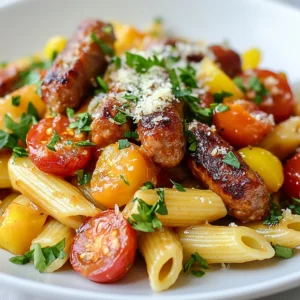 - 12 oz. pasta (penne or fusilli) - 1 lb. smoked sausage, sliced - 1 cup BBQ sauce (sweet and tangy variety) - 1 cup cherry tomatoes, halved - 1 bell pepper (any color), diced - 1 medium onion, chopped - 2 cloves garlic, minced - 1 tablespoon olive oil - 1 teaspoon paprika - 1 teaspoon dried oregano - Salt and pepper to taste - ¼ cup fresh parsley, chopped (for garnish) - Grated Parmesan cheese (optional, for serving) When you gather your ingredients, focus on quality. Use fresh vegetables and high-quality sausage. The BBQ sauce is key; choose one that’s sweet and tangy for the best flavor. The right pasta shape matters, too. Penne or fusilli holds the sauce well. For the veggies, cherry tomatoes add sweetness. They burst with flavor as they cook. A colorful bell pepper not only looks nice but also adds crunch. Onions bring sweetness and depth. Don't skip the garlic; it adds a lovely aroma. Seasonings like paprika and oregano boost the taste. They make this dish more than just pasta and sausage. Salt and pepper help balance the flavors. Fresh parsley on top gives a bright finish. Grated Parmesan cheese is optional, but it adds creaminess. Gather all these ingredients, and you’re ready to create a tasty meal! {{ingredient_image_1}} - Boil salted water in a large pot. - Add the pasta and cook until al dente. - Drain the pasta and set it aside. - Heat olive oil in a large skillet over medium heat. - Add the sliced smoked sausage and cook until browned. - Remove the sausage from the skillet and set it aside. - In the same skillet, add the chopped onion and diced bell pepper. - Sauté for about 3-4 minutes until they soften. - Add minced garlic and cook for one more minute. - Return the browned sausage to the skillet. - Mix in halved cherry tomatoes and BBQ sauce. - Season with paprika, dried oregano, salt, and pepper. - Stir well and let the mixture cook for 5-7 minutes. - Add the cooked pasta to the sausage mixture in the skillet. - Toss gently to coat the pasta with the sauce. - Heat through for another 2-3 minutes to combine flavors. - Remove from heat and garnish with fresh parsley. - Optionally sprinkle grated Parmesan cheese before serving. To make your BBQ sauce perfect, adjust the sweetness and tanginess. You can add honey for more sweetness or apple cider vinegar for tang. Mixing in spices like cumin or chili powder brings out more depth in flavor. This small change can make a big impact. Always ensure your water is boiling before adding the pasta. This helps it cook evenly and prevents sticking. Don’t forget to add salt to the water; it enhances the pasta's flavor. A good rule is about one tablespoon of salt for every four quarts of water. Garnishing makes your dish look special. Use fresh parsley for a pop of color. You can also serve the pasta in a large bowl. This family-style serving makes it look inviting and encourages sharing. Pro Tips Cook Pasta Al Dente: To achieve the perfect texture, cook the pasta just until it's al dente. It will continue to cook slightly when mixed with the sauce. Choose Your Sausage Wisely: Opt for a good quality smoked sausage for the best flavor. Turkey or chicken sausages are great lighter alternatives. Customize the BBQ Sauce: Feel free to adjust the sweetness and tanginess of the BBQ sauce to your taste. Adding a splash of vinegar or some honey can enhance the flavor. Garnish for Freshness: Always finish with fresh herbs like parsley or basil. They add a pop of color and a burst of freshness that complements the dish beautifully. {{image_2}} You can change the smoked sausage to chicken or turkey sausage. This swap keeps it light but full of flavor. If you want a different bite, try ground beef or pork. Both give a hearty texture that works well in the dish. For a meatless meal, use plant-based sausage or skip the meat altogether. You can also add more veggies like zucchini or spinach. These options not only add color but also boost nutrition. Feel free to play with BBQ sauce. You can go spicy or smoky based on your taste. If you want a creamy twist, add cheese sauce. This will change the dish into a decadent experience while keeping it quick and easy. Store leftovers in an airtight container for up to 3 days. This keeps the meal fresh. Make sure to cool the pasta down first. This helps avoid sogginess. To save this dish for later, freeze it before adding pasta. This gives you a longer shelf life. When you want to eat it, just thaw it gently. You can then cook fresh pasta to mix in. For the best texture, reheat on the stovetop. This warms the dish evenly. When reheating, add a splash of water or extra BBQ sauce. This keeps the pasta moist and tasty. Yes, you can use different pasta shapes. I like penne or fusilli. Both hold sauce well. They trap the BBQ sauce and sausage bits in every bite. You could also try rotini or farfalle for fun shapes. Just make sure the pasta cooks until al dente, so it stays firm. To make this dish gluten-free, choose gluten-free pasta. Many brands offer good options made from rice or corn. You can also swap the sausage for gluten-free sausage. Check the BBQ sauce label to ensure it’s gluten-free. That way, everyone can enjoy this tasty meal! This dish pairs well with many sides. A fresh green salad adds crunch and balance. Garlic bread is also a great choice for soaking up extra sauce. You might serve some steamed veggies, too, like broccoli or green beans, for color and nutrients. Yes, you can prepare this dish ahead of time. Cook everything and let it cool. Store it in the fridge for up to two days. When you’re ready to eat, reheat it on the stovetop. Add a splash of water or extra BBQ sauce to keep it moist. This blog post covered a simple and tasty BBQ sausage pasta recipe. We gathered key ingredients, from pasta and sausage to fresh veggies and spices. I shared easy step-by-step instructions for cooking, sautéing, and combining everything. We also explored variations, storage tips, and answers to common questions. Now, you can enjoy a delicious meal that’s fun to prepare. Don’t hesitate to make it your own! Exploring flavor changes or trying different proteins will keep it fresh and exciting.