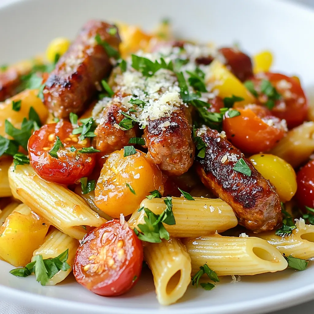 - 12 oz. pasta (penne or fusilli) - 1 lb. smoked sausage, sliced - 1 cup BBQ sauce (sweet and tangy variety) - 1 cup cherry tomatoes, halved - 1 bell pepper (any color), diced - 1 medium onion, chopped - 2 cloves garlic, minced - 1 tablespoon olive oil - 1 teaspoon paprika - 1 teaspoon dried oregano - Salt and pepper to taste - ¼ cup fresh parsley, chopped (for garnish) - Grated Parmesan cheese (optional, for serving) When you gather your ingredients, focus on quality. Use fresh vegetables and high-quality sausage. The BBQ sauce is key; choose one that’s sweet and tangy for the best flavor. The right pasta shape matters, too. Penne or fusilli holds the sauce well. For the veggies, cherry tomatoes add sweetness. They burst with flavor as they cook. A colorful bell pepper not only looks nice but also adds crunch. Onions bring sweetness and depth. Don't skip the garlic; it adds a lovely aroma. Seasonings like paprika and oregano boost the taste. They make this dish more than just pasta and sausage. Salt and pepper help balance the flavors. Fresh parsley on top gives a bright finish. Grated Parmesan cheese is optional, but it adds creaminess. Gather all these ingredients, and you’re ready to create a tasty meal! {{ingredient_image_1}} - Boil salted water in a large pot. - Add the pasta and cook until al dente. - Drain the pasta and set it aside. - Heat olive oil in a large skillet over medium heat. - Add the sliced smoked sausage and cook until browned. - Remove the sausage from the skillet and set it aside. - In the same skillet, add the chopped onion and diced bell pepper. - Sauté for about 3-4 minutes until they soften. - Add minced garlic and cook for one more minute. - Return the browned sausage to the skillet. - Mix in halved cherry tomatoes and BBQ sauce. - Season with paprika, dried oregano, salt, and pepper. - Stir well and let the mixture cook for 5-7 minutes. - Add the cooked pasta to the sausage mixture in the skillet. - Toss gently to coat the pasta with the sauce. - Heat through for another 2-3 minutes to combine flavors. - Remove from heat and garnish with fresh parsley. - Optionally sprinkle grated Parmesan cheese before serving. To make your BBQ sauce perfect, adjust the sweetness and tanginess. You can add honey for more sweetness or apple cider vinegar for tang. Mixing in spices like cumin or chili powder brings out more depth in flavor. This small change can make a big impact. Always ensure your water is boiling before adding the pasta. This helps it cook evenly and prevents sticking. Don’t forget to add salt to the water; it enhances the pasta's flavor. A good rule is about one tablespoon of salt for every four quarts of water. Garnishing makes your dish look special. Use fresh parsley for a pop of color. You can also serve the pasta in a large bowl. This family-style serving makes it look inviting and encourages sharing. Pro Tips Cook Pasta Al Dente: To achieve the perfect texture, cook the pasta just until it's al dente. It will continue to cook slightly when mixed with the sauce. Choose Your Sausage Wisely: Opt for a good quality smoked sausage for the best flavor. Turkey or chicken sausages are great lighter alternatives. Customize the BBQ Sauce: Feel free to adjust the sweetness and tanginess of the BBQ sauce to your taste. Adding a splash of vinegar or some honey can enhance the flavor. Garnish for Freshness: Always finish with fresh herbs like parsley or basil. They add a pop of color and a burst of freshness that complements the dish beautifully. {{image_2}} You can change the smoked sausage to chicken or turkey sausage. This swap keeps it light but full of flavor. If you want a different bite, try ground beef or pork. Both give a hearty texture that works well in the dish. For a meatless meal, use plant-based sausage or skip the meat altogether. You can also add more veggies like zucchini or spinach. These options not only add color but also boost nutrition. Feel free to play with BBQ sauce. You can go spicy or smoky based on your taste. If you want a creamy twist, add cheese sauce. This will change the dish into a decadent experience while keeping it quick and easy. Store leftovers in an airtight container for up to 3 days. This keeps the meal fresh. Make sure to cool the pasta down first. This helps avoid sogginess. To save this dish for later, freeze it before adding pasta. This gives you a longer shelf life. When you want to eat it, just thaw it gently. You can then cook fresh pasta to mix in. For the best texture, reheat on the stovetop. This warms the dish evenly. When reheating, add a splash of water or extra BBQ sauce. This keeps the pasta moist and tasty. Yes, you can use different pasta shapes. I like penne or fusilli. Both hold sauce well. They trap the BBQ sauce and sausage bits in every bite. You could also try rotini or farfalle for fun shapes. Just make sure the pasta cooks until al dente, so it stays firm. To make this dish gluten-free, choose gluten-free pasta. Many brands offer good options made from rice or corn. You can also swap the sausage for gluten-free sausage. Check the BBQ sauce label to ensure it’s gluten-free. That way, everyone can enjoy this tasty meal! This dish pairs well with many sides. A fresh green salad adds crunch and balance. Garlic bread is also a great choice for soaking up extra sauce. You might serve some steamed veggies, too, like broccoli or green beans, for color and nutrients. Yes, you can prepare this dish ahead of time. Cook everything and let it cool. Store it in the fridge for up to two days. When you’re ready to eat, reheat it on the stovetop. Add a splash of water or extra BBQ sauce to keep it moist. This blog post covered a simple and tasty BBQ sausage pasta recipe. We gathered key ingredients, from pasta and sausage to fresh veggies and spices. I shared easy step-by-step instructions for cooking, sautéing, and combining everything. We also explored variations, storage tips, and answers to common questions. Now, you can enjoy a delicious meal that’s fun to prepare. Don’t hesitate to make it your own! Exploring flavor changes or trying different proteins will keep it fresh and exciting.