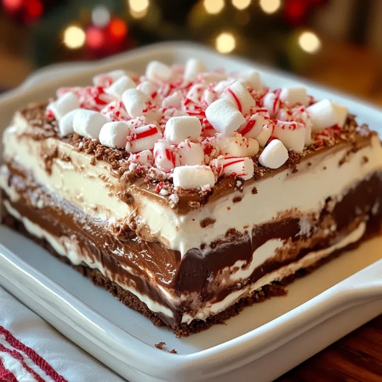 To make this tasty dessert, you will need: - 12 sheets of chocolate graham crackers - 2 cups milk - 1 1/2 cups heavy cream - 1 cup powdered sugar - 1/2 cup unsweetened cocoa powder - 1/4 cup marshmallow fluff - 1 teaspoon vanilla extract - 1 cup semi-sweet chocolate chips - 1/2 cup crushed candy canes (optional, for topping) - Mini marshmallows (for garnish) If you want to change things up, here are some ideas: - Instead of milk, use almond or oat milk for a dairy-free option. - You can swap heavy cream with coconut cream for a vegan twist. - Try using dark chocolate chips instead of semi-sweet for a richer taste. - For a lighter option, use a sugar substitute in place of powdered sugar. Add fun toppings to make your dessert even better: - Sprinkle crushed candy canes on top for a minty crunch. - Use mini marshmallows for a classic hot chocolate feel. - Drizzle chocolate syrup over the top for extra sweetness. - Add whipped cream for a fluffy finish. Each ingredient and topping brings its own flavor. Feel free to mix and match to make it your own! {{ingredient_image_1}} To start, gather your ingredients. You need 2 cups of milk, 1 1/2 cups of heavy cream, 1/2 cup of cocoa powder, and 1 cup of powdered sugar. Heat the milk and heavy cream in a medium saucepan over medium heat. Stir it often. You want it warm, not boiling. When it is warm, take it off the heat. Now, whisk in the cocoa powder, powdered sugar, and 1 teaspoon of vanilla extract. Mix well until smooth. Add in your 1 cup of semi-sweet chocolate chips. Stir until they melt completely. This chocolate layer is rich and creamy, making it the star of the dish. Next, we will make the cream layer. In a separate bowl, whip the remaining 1/2 cup of heavy cream. Use a hand mixer or whisk until you see soft peaks. This means it holds its shape but is still light. Then, gently fold in 1/4 cup of marshmallow fluff. This will give the layer a fluffy texture. Mix carefully so you keep the air in the whipped cream. This layer will be sweet and light, balancing the rich chocolate. Now, it's time to build your lasagna. Grab a rectangular glass dish. Start by laying down 4 sheets of chocolate graham crackers. This forms the base. Next, pour half of the chocolate mixture over the crackers. Spread it evenly. Now, add another layer of 4 graham crackers. Spread half of the cream mixture on top of this layer. Repeat the process. Add another 4 sheets of graham crackers, then the last half of the chocolate mixture, and finish with the remaining cream layer. Spread it evenly on top. Cover the dish with plastic wrap or foil. Chill it in the fridge for at least 4 hours, or overnight. This step helps the layers set nicely. To melt chocolate well, use a double boiler. Place a heat-safe bowl on a pot of simmering water. Stir the chocolate chips gently until they melt. This keeps the chocolate smooth. If you do not have a double boiler, you can use the microwave. Heat the chocolate in short bursts of 20 seconds. Stir between each burst to avoid burning the chocolate. To make light and fluffy whipped cream, start with cold tools. Chill your mixing bowl and whisk in the fridge for a few minutes. Use heavy cream for best results. Whip the cream on medium speed until soft peaks form. Do not overwhip, or it will turn grainy. Gently fold in marshmallow fluff for a sweet twist. When layering, use a spatula to spread evenly. Start with chocolate graham crackers for a sturdy base. Pour half of the chocolate mixture evenly over the crackers. Repeat this process, ensuring each layer is flat. This helps the dessert hold its shape. After the last layer, chill it well. The longer it sits, the better the flavors meld. Pro Tips Use Fresh Ingredients: For the best flavor, use fresh heavy cream and high-quality chocolate chips. This will enhance the overall taste of your lasagna. Chill Overnight: Allowing your lasagna to chill overnight in the refrigerator lets the layers set properly, improving the texture and flavor. Customize Toppings: Feel free to get creative with your toppings! Consider adding crushed nuts, chocolate shavings, or even whipped cream for extra flair. Serve Cold: This dessert is best served chilled. Make sure to keep it in the fridge until you're ready to serve for optimal taste and texture. {{image_2}} You can switch up the flavors in Hot Chocolate Lasagna. For a minty touch, add peppermint extract. Just a teaspoon will do! This gives the dessert a fresh taste. If you love coffee, try adding mocha flavor. Mix in some espresso powder with the chocolate layer. The rich coffee taste pairs nicely with chocolate. If you need a gluten-free version, no problem! Use gluten-free chocolate graham crackers. Many brands offer great choices. You can even use almond flour crackers for a unique twist. The key is to ensure the crackers are gluten-free. This way, everyone can enjoy this tasty treat. You can make a vegan Hot Chocolate Lasagna too! Use almond or oat milk instead of regular milk. For the cream layer, try coconut whipped cream. It gives a nice, creamy texture. Swap the chocolate chips for dairy-free ones. Also, look for vegan marshmallow fluff. These changes keep the dessert tasty and friendly for vegan diets. To keep your Hot Chocolate Lasagna fresh, store it in the fridge. Use a tight lid or cover the dish with plastic wrap. This helps keep moisture in and prevents it from drying out. Make sure to keep it chilled until you are ready to serve. If you want to freeze your Hot Chocolate Lasagna, it’s simple. First, cut it into squares. Wrap each piece tightly in plastic wrap, then place them in a freezer bag. This way, you can enjoy a slice whenever you want! It can last in the freezer for up to three months. In the fridge, your Hot Chocolate Lasagna stays fresh for about five days. After that, the texture and taste may change. If you see any signs of spoilage, it’s best to throw it out. Enjoy your sweet treat while it’s at its best! Yes, you can make Hot Chocolate Lasagna ahead of time. In fact, it tastes better when chilled for a while. I recommend making it the night before. This gives the layers time to set and mix their flavors. Just cover it well with plastic wrap or foil. This keeps it fresh in the fridge until you are ready to serve. The best way to serve Hot Chocolate Lasagna is chilled. You can cut it into squares for easy serving. I love adding mini marshmallows on top for fun. Sprinkling crushed candy canes adds a nice crunch too. You can serve it on a plate or in a bowl. It pairs well with a warm drink, like hot cocoa or coffee. Absolutely! You can use any type of chocolate chips you like. Dark chocolate chips give a rich taste. Milk chocolate chips offer a sweeter flavor. You can also try white chocolate for a twist. Mixing different types can create fun new flavors. Just remember to keep the total amount the same—1 cup in total. This blog post covers how to make a delicious Hot Chocolate Lasagna. We explored the key ingredients, including tasty substitutions and optional toppings. I shared step-by-step instructions for preparing each layer. Tips for melting chocolate and whipped cream ensure your dessert turns out great. We also looked at fun variations, storage options, and answered common questions about this treat. In the end, this dessert can delight anyone. Try it out and enjoy the chocolatey goodness!