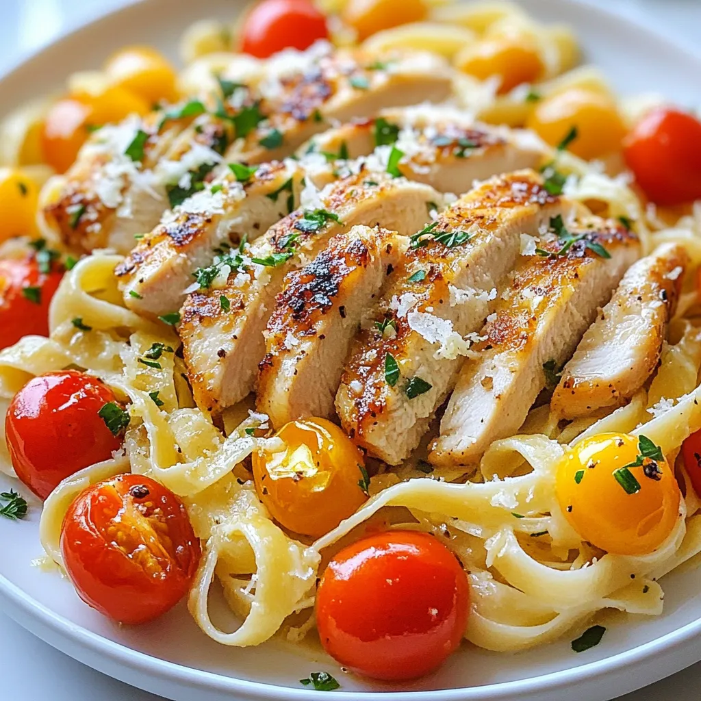 - 12 ounces fettuccine pasta - 2 boneless, skinless chicken breasts, thinly sliced - 4 tablespoons unsalted butter Fettuccine pasta is the star of this dish. It has a wide shape that holds sauce well. Chicken breasts provide protein, making this meal filling. Unsalted butter adds richness and depth to the flavor. - 4 cloves garlic, minced - 1 teaspoon Italian seasoning - ½ teaspoon red pepper flakes (optional for heat) Garlic brings bold flavor to the dish. Italian seasoning adds a mix of herbs that enhance taste. Red pepper flakes can add a nice kick if you like spice. - 1 cup chicken broth - 1 cup cherry tomatoes, halved - ½ cup freshly grated Parmesan cheese - ¼ cup fresh parsley, chopped (for garnish) Chicken broth gives body to the sauce and keeps it moist. Cherry tomatoes add sweetness and color. Parmesan cheese melts into the pasta, adding creaminess. Fresh parsley brightens the dish and adds a pop of green. Each ingredient plays a role in making this garlic butter chicken pasta simple and flavorful. {{ingredient_image_1}} To cook fettuccine to al dente, start with a large pot. Fill it with water and add salt. Bring the water to a rolling boil. Add 12 ounces of fettuccine pasta. Stir it well to prevent sticking. Cook the pasta according to the package instructions, usually about 8-10 minutes. You want it firm but tender. Check for doneness a minute before the time is up. When it's ready, drain the pasta but save about ½ cup of the cooking water for later. For the chicken, use thinly sliced boneless, skinless chicken breasts. Heat a large skillet over medium-high heat. Add 2 tablespoons of unsalted butter. Once the butter melts, add the chicken. Season it with salt, pepper, Italian seasoning, and red pepper flakes if you want some heat. Cook the chicken for about 5-7 minutes. Make sure it turns golden brown and is cooked through. When done, take the chicken out and set it aside. Now, let’s make the garlic butter sauce. In the same skillet, add the remaining 2 tablespoons of butter. Once melted, toss in 4 cloves of minced garlic. Stir it for about 30 seconds. Be careful here; you don’t want to burn the garlic. It should smell great, not bitter. Next, pour in 1 cup of chicken broth and let it simmer. Add the halved cherry tomatoes. Cook this for about 3-4 minutes until the tomatoes soften. Now it’s time to bring the chicken back to the skillet. Also, add the drained pasta. Toss everything well. If the mix seems dry, add a bit of the reserved pasta water. Finally, add in ½ cup of freshly grated Parmesan cheese. Toss until it melts and mixes throughout the pasta. Taste it and adjust the seasoning with more salt and pepper if needed. For a nice look, garnish with ¼ cup of chopped fresh parsley and extra Parmesan if you like. This makes your dish pop and look so tasty! To boost the taste of your Garlic Butter Chicken Pasta, try adding more spices. Here are some great options: - Oregano: Adds a nice herbal note. - Basil: Gives a fresh, sweet flavor. - Thyme: Brings earthiness to the dish. - Lemon zest: Brightens the overall taste. You can mix and match these herbs to find what you like best. A pinch of smoked paprika can also add a warm, subtle depth. For a creamier sauce, adjust the amount of chicken broth. Start with one cup, then add more or less based on your taste. If you want it richer, stir in a splash of heavy cream. This will make it velvety and smooth. Remember to use the reserved pasta water to help thin the sauce. To keep your chicken juicy, slice it thinly. This helps it cook quickly and evenly. Season well with salt and pepper before cooking. Use medium-high heat to sear the chicken. This gives a nice brown color and locks in moisture. Cook it just until it’s no longer pink. Overcooking can make it dry. If you follow these tips, your chicken will be tasty and tender every time. Pro Tips Cook Pasta Al Dente: Always cook your pasta until al dente for the best texture. This will allow it to hold up better when mixed with the sauce. Use Fresh Garlic: For the most flavorful garlic butter sauce, use fresh minced garlic instead of pre-minced or powdered garlic. Adjust Creaminess: If you prefer a creamier sauce, gradually add more reserved pasta water until you reach your desired consistency. Garnish with Fresh Herbs: Finish your dish with a sprinkle of fresh parsley or basil to add a burst of color and freshness. {{image_2}} You can easily make this dish gluten-free. Just swap regular fettuccine for gluten-free pasta. Many brands offer great options that taste just as good. For a low-carb version, use zucchini noodles or spaghetti squash. Both will give you that nice texture without the carbs. You still get that garlic butter flavor, which is a win! If you want to change the protein, shrimp is a fantastic option. Shrimp cooks quickly and adds a lovely taste. Just sauté them for a few minutes until they're pink and juicy. Tofu is another great choice for a plant-based option. Press and cube the tofu, then fry it until golden. It absorbs flavors well and makes the dish filling. Adding seasonal vegetables can make this dish even better. Try tossing in spinach or kale for some greens. They wilt down nicely and add nutrition. Bell peppers or zucchini are great too. Just sauté them along with the chicken for extra flavor and color. You can even add some broccoli to make it more hearty. This dish is flexible, so feel free to get creative! To store Garlic Butter Chicken Pasta, let it cool first. Place the pasta in an airtight container. You can refrigerate it for up to three days. For longer storage, freeze it. Use a freezer-safe container or bag to prevent freezer burn. It can last up to three months in the freezer. When you're ready to eat, reheating is key. You want to keep it tasty. The best way is to use a skillet. Add a splash of chicken broth or water. Heat it over low to medium heat. Stir gently until it's warmed through. This helps keep the pasta moist and delicious. After cooking, Garlic Butter Chicken Pasta is safe to eat for three days in the fridge. If frozen, the quality may drop after three months, but it will still be safe. Always check for signs of spoilage before eating. If it smells off or looks strange, it's best to toss it out. Yes, you can use other types of pasta. While fettuccine works great, you can try: - Spaghetti - Penne - Linguine - Farfalle Each type will change the dish slightly. Choose what you like or what you have on hand. To add more heat, you can try these tips: - Increase the red pepper flakes. - Add sliced jalapeños or fresh chili peppers. - Use spicy Italian sausage instead of chicken. These changes will give your dish a nice kick. Just be careful not to overdo it if you’re not used to spice. Yes, you can make this dish vegan. Here are some easy swaps: - Use plant-based butter instead of regular butter. - Replace chicken with tofu or chickpeas. - Swap chicken broth with vegetable broth. These changes will still keep your meal rich and tasty. You won't miss the chicken with these great flavors! You've learned how to craft a delicious Garlic Butter Chicken Pasta. From choosing the right ingredients to cooking techniques, each step plays a vital role. Remember to adjust seasonings for your taste, keep the chicken moist, and feel free to customize. Storing leftovers properly will help you enjoy this dish later. Try different variations to make it your own. Cooking is fun, and with practice, you can master this recipe easily. Enjoy your time in the kitchen and savor every bite!