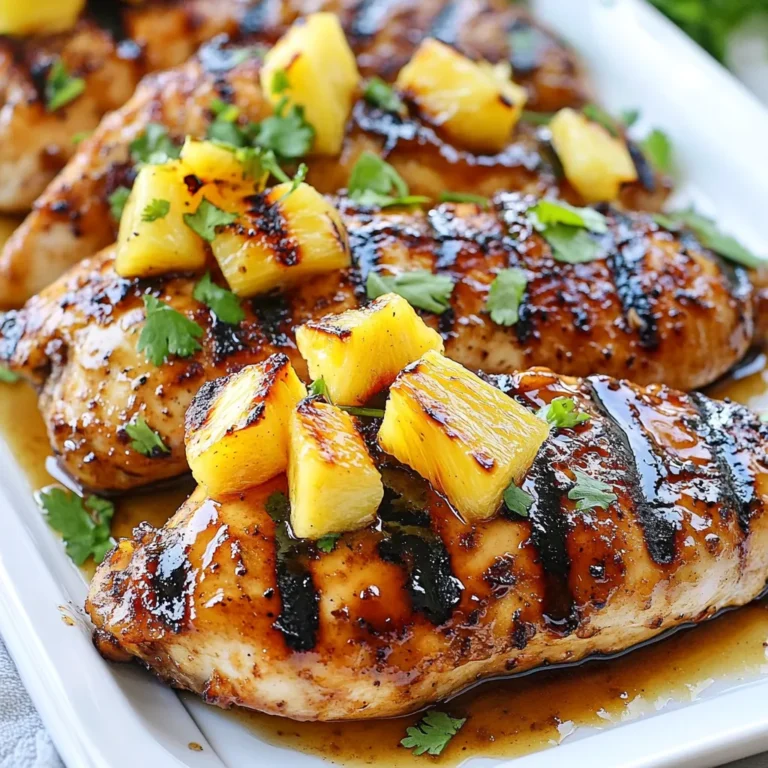 - 4 boneless, skinless chicken breasts - 1 cup fresh pineapple chunks - 1/2 cup brown sugar - 1/3 cup soy sauce - 2 tablespoons rice vinegar - 2 cloves garlic, minced - 1 teaspoon fresh ginger, grated - 1 tablespoon olive oil - Salt and pepper to taste - Fresh cilantro, for garnish Let’s break down these ingredients. The chicken breasts are the star of this dish. They need to be boneless and skinless for a quick grill. The marinade makes this dish special. Brown sugar gives it sweetness, while soy sauce adds a savory touch. Rice vinegar brightens the flavor. Garlic and ginger give it a nice kick. Olive oil helps prevent sticking on the grill. Fresh pineapple adds a fruity and tangy layer. Grilling pineapple caramelizes its sugars, making it even sweeter. Finally, cilantro gives it a fresh look and flavor. When I cook this dish, I like to set everything out first. This way, I can easily grab what I need. You can also prepare more pineapple if you want extra to serve on the side. Enjoying this dish with friends and family makes it even better! {{ingredient_image_1}} Combining Ingredients Start by mixing the marinade. In a medium bowl, add: - 1/2 cup brown sugar - 1/3 cup soy sauce - 2 tablespoons rice vinegar - 2 cloves garlic, minced - 1 teaspoon fresh ginger, grated Stir these ingredients well. The brown sugar gives sweetness, while soy sauce adds saltiness. Tips for Flavor Absorption For the best flavor, marinate the chicken longer. I suggest at least 30 minutes. If you can, let it sit overnight. This way, the chicken absorbs all the great flavors. Marinating Process Take the chicken breasts and place them in a large resealable plastic bag. Pour the marinade over the chicken. Seal the bag tightly and gently massage it. This helps the marinade coat every piece of chicken. Grilling Instructions Preheat your grill to medium heat. Add a little olive oil to prevent sticking. Remove the chicken from the marinade, letting excess sauce drip off. Grill the chicken for about 6-7 minutes on each side. Cook until the internal temperature reaches 165°F (75°C). Grilling Techniques While the chicken cooks, it’s time for the pineapple! Add fresh pineapple chunks to the grill in the last few minutes. This adds a sweet and tangy flavor to your dish. Timing and Caramelization Tips Grill the pineapple for about 2-3 minutes. Look for a golden brown color. This means they are caramelized and ready. The heat brings out their natural sugars, making them extra tasty! Substitutions for Additional Flavor You can swap soy sauce with coconut aminos for a lighter taste. Instead of brown sugar, try honey or maple syrup for a natural sweetness. Add a pinch of red pepper flakes for some heat. Fresh herbs like basil or mint can also add a unique twist. Alternative Cooking Methods If you don’t have a grill, you can bake or pan-sear the chicken. Bake it at 375°F (190°C) for about 25-30 minutes. For pan-searing, heat oil in a skillet over medium heat, then cook for 6-7 minutes on each side. Importance of Internal Temperature Always check the chicken’s internal temperature. It should reach 165°F (75°C) to be safe. Use a meat thermometer for accuracy. This step ensures your chicken is juicy and safe to eat. Artistic Serving Suggestions Serve the chicken on a colorful platter. Arrange the grilled pineapple on top for a vibrant look. Drizzle the thickened marinade over the chicken for added shine and flavor. Garnishing Ideas Top with fresh cilantro to give a pop of green. Lime wedges on the side add a zesty touch. You can also sprinkle sesame seeds for extra crunch and visual appeal. Pro Tips Marinate Longer: For the best flavor, marinate the chicken overnight. This allows the flavors to penetrate deeply into the meat. Use Fresh Ingredients: Fresh pineapple and ginger will enhance the dish's flavor significantly compared to canned or dried alternatives. Check Temperature: Use a meat thermometer to ensure the chicken reaches an internal temperature of 165°F (75°C) for safe consumption. Grill Pineapple Last: Add the pineapple to the grill during the last few minutes to prevent it from becoming too soft and losing its shape. {{image_2}} Gluten-Free Options To make this dish gluten-free, substitute soy sauce with tamari. Tamari is a great option that keeps the flavor but removes gluten. Always check labels to ensure no hidden gluten is present. Low-Sugar Alternatives For a lower sugar version, use coconut sugar or a sugar substitute. These options lower the sugar content without losing sweetness. Adjust to taste, as some substitutes may be sweeter than brown sugar. Adding Spices for Extra Kick Spice it up by adding red pepper flakes or cayenne pepper to the marinade. This gives your chicken a nice heat that balances with the sweetness of pineapple. Start with a small amount and adjust based on your heat preference. Using Different Proteins You can switch chicken for pork or shrimp. Both proteins pair well with the marinade and pineapple. For pork, use pork chops, and for shrimp, adjust grilling time to ensure they cook through. Suggested Side Dishes Serve your Pineapple Brown Sugar Chicken with coconut rice or a fresh green salad. The rice absorbs the flavors well, and the salad adds a refreshing crunch. You can also try grilled vegetables for added color and nutrition. Beverage Pairings Pair this dish with a light white wine or iced tea. A fruity wine complements the sweetness of the dish. For a non-alcoholic option, try a tropical fruit juice or sparkling water with lime. For the best storage of your Pineapple Brown Sugar Chicken, follow these tips: - Refrigeration Guidelines: Cool the chicken to room temperature after cooking. Place it in an airtight container. This keeps it fresh for up to 3 days. If you have leftover marinade, store it in a separate container. It can also last for 3 days in the fridge. - Freezing Instructions: If you want to keep it longer, freeze the chicken. Wrap each piece in plastic wrap, then place them in a freezer bag. This helps prevent freezer burn. The chicken stays good for about 3 months in the freezer. To use, thaw it in the fridge overnight before reheating. To enjoy your chicken again, reheat it properly: - Methods for Best Results: The oven is a great way to reheat chicken. Preheat it to 350°F (175°C). Place the chicken on a baking sheet and cover it with foil. Heat for about 15-20 minutes, or until warm. You can also use a microwave. Just cover the chicken with a damp paper towel. Heat in 30-second intervals until it’s warm, but be careful not to overcook it. Knowing how long your chicken lasts is key: - How Long Does it Last?: When stored in the fridge, Pineapple Brown Sugar Chicken is best eaten within 3 days. If frozen, it can last for about 3 months. After that, it may lose flavor or quality. Always check for off smells or changes in color before eating. If you need a soy sauce substitute, try tamari or coconut aminos. Both give a rich flavor. You can also mix water with miso paste for a similar taste. Each option keeps the dish tasty without the soy sauce. Yes, you can use canned pineapple. However, fresh pineapple adds a bright flavor. Canned pineapple is softer and sweeter. Drain it well before adding to the grill. This helps prevent extra moisture. To check if the chicken is done, use a meat thermometer. The safe internal temperature is 165°F (75°C). When the chicken is cooked, it will also look white on the inside and juices will run clear. You can prepare the chicken and marinade a day before. Just marinate the chicken overnight for more flavor. Keep it in the fridge until you’re ready to grill. This tip saves you time and enhances taste! This blog post covered all you need for a tasty chicken and pineapple dish. We looked at ingredients, step-by-step prep, and cooking tips. You learned how to enhance flavor and explore variations to fit your needs. Don't forget about storage and reheating methods to enjoy leftovers. Cooking should be fun, so try new things and find your favorite versions. Enjoy your meal and share with friends for a great time together!