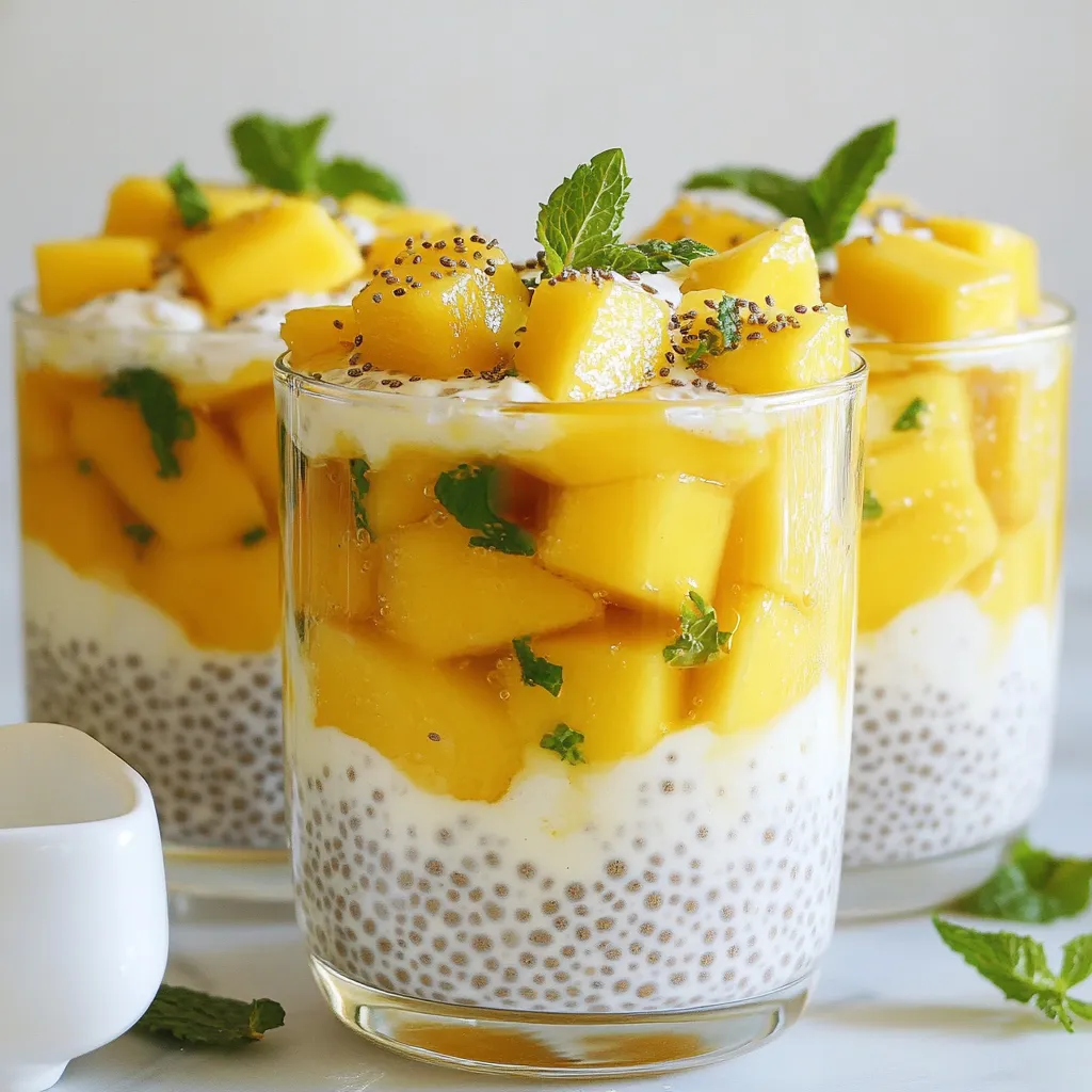 To make creamy coconut mango chia pudding, gather these simple ingredients: - 1 cup coconut milk - 1 ripe mango, diced - 1/4 cup chia seeds - 2 tablespoons maple syrup or honey - 1/2 teaspoon vanilla extract - Pinch of salt - Fresh mint leaves for garnish Each ingredient adds a special touch. Coconut milk creates a rich, creamy base. Ripe mango adds sweetness and a burst of flavor. Chia seeds thicken the pudding and give it a fun texture. Maple syrup or honey sweetens the dish naturally. Vanilla extract enhances the overall taste, while a pinch of salt balances the flavors. Fresh mint leaves on top provide a nice, fresh finish. When you pick your mango, look for one that is soft but not mushy. This will ensure it is sweet and juicy. For the chia seeds, any brand will do, but make sure they are whole and fresh. Enjoy gathering these ingredients to create your delightful pudding! {{ingredient_image_1}} 1. Whisk the coconut milk mixture Start by grabbing a mixing bowl. Pour in 1 cup of coconut milk. Add 2 tablespoons of maple syrup and 1/2 teaspoon of vanilla extract. Sprinkle in a pinch of salt. Use a whisk to blend everything until it is smooth. 2. Stir in chia seeds Next, take 1/4 cup of chia seeds. Slowly stir them into your coconut milk mixture. Make sure they are evenly spread throughout. This step is key for a nice, thick pudding. 3. Refrigeration period Cover your bowl with plastic wrap. Place it in the fridge for at least 4 hours or overnight. The chia seeds will soak up the liquid and form a pudding-like texture. 4. Final stirring before serving After chilling, take the bowl out of the fridge. Give the pudding a good stir. This mixes any seeds that settled at the bottom. Your mixture should look creamy and thick. 5. Layering and presentation To serve, get clear glass cups. Spoon the creamy pudding into the cups. Alternate layers with diced mango. This creates a beautiful look. Finish by topping each cup with fresh mint leaves. They add a nice color and flavor. Remember, serve right away to enjoy the fresh taste! - Optimal chilling time: Chill the pudding for at least 4 hours. This lets the chia seeds soak up the coconut milk well. If you can wait overnight, do it! The texture gets even better. - Mixing techniques: Whisk the coconut milk and other liquids well. This helps the chia seeds mix in smoothly. When you stir, do it gently to avoid clumping. - Checking seed distribution: After chilling, stir the pudding again. This helps spread the chia seeds evenly. It makes each bite creamy and tasty. - Serving in clear glass cups: Use clear cups to show off the layers. You want to see the beautiful mango and creamy pudding. It makes the dish more inviting. - Drizzling coconut milk: Add a drizzle of coconut milk on top before serving. This makes it look fresh and adds a creamy touch to each bite. - Sprinkling chia seeds: Sprinkle a few extra chia seeds on top. This adds texture and makes your dish look fancy. Plus, it shows off the key ingredient! Pro Tips Use Ripe Mangoes: Make sure to select ripe mangoes for the best flavor and sweetness in your pudding. Chill Overnight: For a thicker and creamier texture, let the pudding chill overnight in the refrigerator. Variations: Experiment with different fruits like berries or kiwi to create your own unique pudding flavors. Serve with Toppings: Add a sprinkle of toasted coconut or nuts for an extra crunch and visual appeal. {{image_2}} You can change the taste of your creamy coconut mango chia pudding in fun ways. - Adding different fruits: Try bananas, strawberries, or blueberries. Each fruit adds unique flavor and color. You can mix fruits directly into the pudding or layer them on top. - Using flavored coconut milk: Coconut milk comes in many flavors. You can find chocolate, vanilla, or even coffee-flavored options. These add extra depth to your pudding. - Alternative sweeteners: If you want less sugar, try stevia, agave, or coconut sugar. Each sweetener changes the taste slightly. Choose what you like best! You can also adapt this pudding to fit your diet. - Vegan option: This recipe is already vegan-friendly! Just use maple syrup instead of honey. It keeps the pudding plant-based and delicious. - Low-sugar adjustments: If you want to cut sugar, use less maple syrup. You can also skip it or use unsweetened coconut milk. This way, you keep the pudding tasty without the extra sugar. Store any leftover creamy coconut mango chia pudding in an airtight container. Keep it in the fridge. It stays fresh for up to five days. The pudding may thicken over time. If that happens, add a little coconut milk before serving. This will help restore its creamy texture. You can freeze this pudding if you want to save it for later. First, pour the pudding into a freezer-safe container. Leave some space at the top, as it will expand when frozen. Seal it well to avoid freezer burn. It can last for about one month in the freezer. When you're ready to eat it, take the pudding out and put it in the fridge. Let it thaw overnight. If it is still too thick, mix in a splash of coconut milk. This will make it creamy again and ready to enjoy! Coconut mango chia pudding lasts about 4 to 5 days in the fridge. To keep it fresh, store it in an airtight container. This way, it will stay tasty for a longer time. Yes, you can use almond milk instead of coconut milk. The pudding will have a different taste but will still be creamy. Keep in mind that almond milk is thinner than coconut milk, so your pudding may not be as rich. Yes, chia pudding is very healthy. Chia seeds are full of fiber, protein, and omega-3 fatty acids. They help keep you full and support good digestion. Adding fruit like mango boosts vitamins and minerals too. You can make this pudding ahead of time. It needs at least 4 hours to chill, but overnight is best. This makes it perfect for meal prep or special events. You can use many toppings for chia pudding. Try sliced bananas, berries, or nuts for crunch. You can also add a drizzle of honey or a sprinkle of cinnamon for extra flavor. This blog post covered how to make a tasty coconut mango chia pudding. You learned the key ingredients, like coconut milk and ripe mango, and the simple steps to create it. We explored tips for the best texture and ways to present this dish nicely. You also saw variations for flavors and dietary needs, plus how to store your leftovers. With these ideas, you can easily enjoy a delicious and healthy dessert.