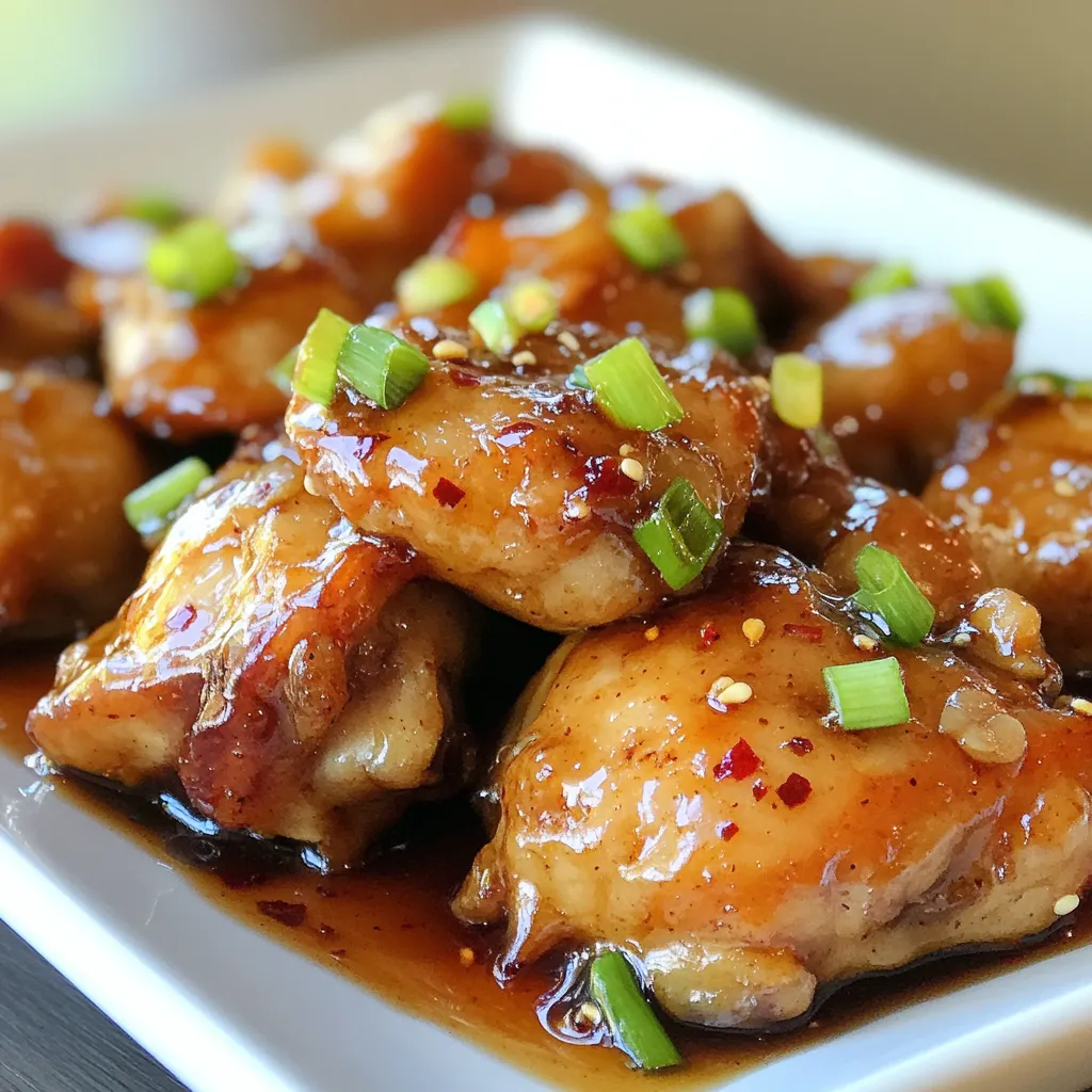 To make Bourbon Street Chicken, you need some key ingredients. Here’s what you’ll need: - 1 pound boneless, skinless chicken thighs, cut into bite-sized pieces - 2 tablespoons soy sauce - 2 tablespoons brown sugar - 1 tablespoon apple cider vinegar - 1 tablespoon honey - 2 cloves garlic, minced - 1 teaspoon ground ginger - 1 teaspoon red pepper flakes (adjust to taste) - 1 tablespoon cornstarch - 3 tablespoons water - 2 tablespoons vegetable oil - 1 green onion, chopped (for garnish) These ingredients create a sweet and savory flavor that makes this dish special. You can add extra flavor to your Bourbon Street Chicken. Here are some optional ingredients: - 1 tablespoon of sesame oil for a nutty taste - Fresh herbs like cilantro or parsley for a fresh touch - A splash of bourbon for an authentic twist These additions can make your dish even more exciting. If you don’t have some ingredients, don’t worry! You can swap them out. Here are some ideas: - Use chicken breast instead of thighs for a leaner option. - Replace soy sauce with tamari for a gluten-free version. - Use maple syrup instead of honey for a different sweetness. These substitutions keep the dish tasty while fitting your needs. {{ingredient_image_1}} To make Bourbon Street chicken, start with the marinade. In a medium bowl, mix these ingredients: - 2 tablespoons soy sauce - 2 tablespoons brown sugar - 1 tablespoon apple cider vinegar - 1 tablespoon honey - 2 cloves garlic, minced - 1 teaspoon ground ginger - 1 teaspoon red pepper flakes Stir them well until the sugar dissolves. This mix gives the chicken a sweet and savory flavor. Next, cut 1 pound of boneless, skinless chicken thighs into bite-sized pieces. Add the chicken to the marinade. Cover the bowl and set it in the fridge for at least 30 minutes. If you have time, marinate for 2 hours. This step makes the chicken extra tasty. After marinating, it’s time to cook. Heat 2 tablespoons of vegetable oil in a large skillet over medium-high heat. Once hot, remove the chicken from the marinade. Keep the marinade for later. Place the chicken in the skillet. Sauté it for 5 to 7 minutes. You want it browned and cooked through. Stir often to cook evenly. Now, let’s make the sauce. In a small bowl, mix 1 tablespoon of cornstarch with 3 tablespoons of water to create a slurry. Once the chicken is cooked, pour the reserved marinade into the skillet. Bring it to a boil. Then, add the cornstarch slurry to thicken the sauce. Stir constantly for about 2 to 3 minutes. The sauce should coat the chicken nicely. Once thickened, remove the skillet from the heat. Garnish with chopped green onions before serving. Enjoy your Bourbon Street chicken! To get the best flavor in your Bourbon Street Chicken, marinate the chicken well. Use a mix of soy sauce, brown sugar, apple cider vinegar, honey, garlic, ginger, and red pepper flakes. Let the chicken soak in this mix for at least 30 minutes. If you have time, let it sit for up to 2 hours. This extra time boosts the flavors. Always remember to reserve some marinade for later. Cooking chicken thighs is key for juiciness. These thighs have more fat than breasts, which keeps them moist. Heat your skillet to medium-high before adding the chicken. Sauté the chicken for about 5-7 minutes until it’s browned. Don’t overcrowd the pan; cook in batches if needed. This helps each piece cook evenly and brown well. Bourbon Street Chicken tastes great with rice or noodles. Serve it over a bed of fluffy white rice to soak up the sauce. You can also add steamed veggies for a colorful plate. For a fun twist, try serving it in lettuce wraps. Top with chopped green onions for a fresh crunch. This adds flavor and makes the dish pop! Pro Tips Marination Time: For the best flavor, marinate the chicken for at least 2 hours or overnight if possible. Adjusting Spice Level: Feel free to adjust the amount of red pepper flakes based on your heat preference. Thickening the Sauce: Ensure the cornstarch slurry is mixed well to avoid clumps in the sauce. Serving Suggestions: Serve with rice or noodles to soak up the delicious sauce. {{image_2}} You can add veggies for a colorful twist. Try bell peppers, broccoli, or snow peas. Just chop them up and stir-fry with the chicken. Cook the veggies for about two to three minutes before adding the chicken. This gives you a balanced meal full of flavor and nutrition. Want a lighter dish? Use skinless chicken breast instead of thighs. You can also swap brown sugar for honey or a sugar substitute. For a low-sodium option, use low-sodium soy sauce. These changes keep the taste but cut some calories. If you love heat, add more red pepper flakes or fresh chili peppers. You can also use sriracha sauce for a different kick. Mix it into the marinade or drizzle it on top before serving. Adjust it to your spice level and enjoy that fiery flavor! To store leftover Bourbon Street Chicken, let it cool first. Place it in an airtight container. Make sure to keep it in the fridge. It will last for about three to four days. If you have more, consider freezing some. When you’re ready to eat, reheat your chicken. Use a skillet over medium heat. Add a splash of water or broth to keep it moist. Stir often to heat evenly. You can also use a microwave. Heat in short bursts, stirring in between. This helps keep the chicken tender. To freeze your Bourbon Street Chicken, pack it in a freezer-safe bag. Remove as much air as possible. This helps prevent freezer burn. It can last for about three months. To thaw, place it in the fridge overnight. You can also use the microwave for quick thawing. Bourbon Street Chicken is a flavorful dish inspired by New Orleans cuisine. It features tender chicken pieces coated in a sweet and savory sauce. The sauce includes soy sauce, brown sugar, and garlic, giving it a rich taste. This dish often has a hint of spice from red pepper flakes. It’s a popular choice for home cooks seeking comfort food that’s easy to make. Yes, you can use chicken breast if you prefer. Chicken thighs add more moisture and flavor, but breast works well too. Just remember to adjust cooking time. Chicken breast cooks faster, so watch it closely. You want it juicy and not dry. Bourbon Street Chicken has a mild heat level. The spice comes from red pepper flakes. You can adjust this to your liking. If you want it spicier, add more flakes. For less heat, reduce or leave them out. The sweet and savory flavors balance the spice nicely. Bourbon Street Chicken goes well with many sides. Here are some great options: - Rice: White or brown rice absorbs the sauce well. - Vegetables: Steamed broccoli or green beans add color and crunch. - Salad: A fresh salad brightens the meal. - Mashed potatoes: Creamy potatoes complement the flavors nicely. Choose your favorite sides to make a complete meal! Bourbon Street Chicken is a tasty dish that anyone can make. We talked about key ingredients, cooking steps, and tips for great flavor. You learned how to store leftovers and even different variations. Remember, you can use chicken breast or thighs based on your taste. It’s easy to add spice or veggies for a twist. Enjoy making this dish for yourself or friends; it’s sure to impress!