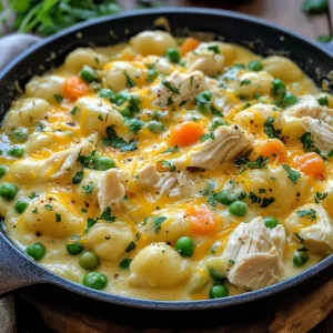- 1 lb (450g) gnocchi - 1 lb (450g) boneless, skinless chicken breasts - 1 cup cream cheese, softened - 1 cup chicken broth - 1 packet ranch seasoning mix - 1 cup shredded cheddar cheese - 1 cup frozen peas and carrots - 2 tablespoons olive oil - Fresh parsley, chopped This dish starts with gnocchi, which gives it a soft and pillowy texture. You can buy gnocchi fresh or frozen, but I love using the store-bought kind for ease. Next, we need chicken. I prefer boneless, skinless chicken breasts for their lean quality. They cook quickly and shred easily. Cream cheese adds richness and creaminess to the sauce. It’s key for that indulgent taste. Chicken broth will bring moisture and depth to the dish. The ranch seasoning mix adds a burst of flavor that makes everything pop. Shredded cheddar cheese melts beautifully into the dish, making it even more delightful. For extra nutrition and flavor, I often toss in frozen peas and carrots. They add color and sweetness. Olive oil helps cook the chicken while keeping it juicy. Finally, fresh parsley makes a lovely garnish. It adds a touch of freshness and bright color to the plate. Gathering these ingredients is simple. You can find most at your local grocery store. This dish is perfect for a cozy family dinner or when you want to impress guests with minimal effort. Get ready to enjoy a rich, creamy, and satisfying meal! {{ingredient_image_1}} To start, I season the chicken breasts with salt and pepper. This simple step brings out the chicken's flavor. Next, I heat olive oil in a large skillet over medium-high heat. I add the seasoned chicken to the skillet and cook for about 7-10 minutes on each side. I watch for a golden color and ensure the chicken is cooked through. Once done, I remove the chicken from the skillet and let it rest. After a few minutes, I shred the chicken using two forks, making sure the pieces are bite-sized. In the same skillet, I reduce the heat to medium. I then add the softened cream cheese, chicken broth, and ranch seasoning mix. Stirring is key here; I mix until the cream cheese melts and the sauce is smooth. Next, I toss in the frozen peas and carrots. I stir well and cook for an additional 3-5 minutes. This heats the vegetables and adds color to the sauce. While making the sauce, I boil a pot of salted water. When the water reaches a rolling boil, I add the gnocchi. I cook them according to the package instructions, which usually takes just a few minutes. Once they float to the top, I know they are done. I then drain the gnocchi and set them aside. Now comes the fun part! I add the shredded chicken and cooked gnocchi to the creamy sauce in the skillet. Stirring gently, I ensure everything is well combined. I let it cook for an additional 2-3 minutes to heat through. Finally, I remove the skillet from the heat and mix in the shredded cheddar cheese. I wait a moment for it to melt into the dish, creating a rich and creamy finish. You can make this dish your own by adjusting the seasoning. Start with the ranch mix, then taste as you go. If you want more flavor, add garlic powder or onion powder. You can also swap out the ranch for a different seasoning mix like Italian or taco seasoning. If you need to substitute ingredients, it’s easy. Use Greek yogurt instead of cream cheese for a lighter option. You can replace chicken with turkey or even tofu for a veggie twist. Frozen veggies work well, but fresh ones add a nice crunch. To ensure your chicken cooks just right, use a meat thermometer. Chicken should reach 165°F (74°C) to be safe. Cook it until golden on the outside. Then, let it rest. This keeps the meat juicy when you shred it. For gnocchi, follow the package instructions closely. Cook them until they float to the top of the water. This means they are done. Don’t overcook them, or they will become mushy. Garnish with fresh parsley for a pop of color. It not only looks good but adds flavor too. If you want, sprinkle some extra cheddar cheese on top right before serving. For serving, a bowl works best. This dish is creamy and rich, so a deep bowl lets everyone enjoy it. You can also pair it with a simple salad or crusty bread to soak up the sauce. Pro Tips Choose Quality Chicken: Select fresh, high-quality chicken breasts for the best flavor and texture in your dish. Perfectly Cooked Gnocchi: Make sure to cook the gnocchi until they float to the top of the boiling water, indicating they are done. Customize Your Veggies: Feel free to add or substitute your favorite vegetables, like spinach or bell peppers, for added nutrition and flavor. Make Ahead: This dish can be made ahead of time. Simply reheat on the stove, adding a splash of chicken broth to maintain creaminess. {{image_2}} You can change the taste of this dish easily. Use different seasoning blends to mix things up. Try garlic powder, Italian herbs, or smoked paprika for a unique twist. If you like heat, add some cayenne pepper or red pepper flakes. These spices give the dish an exciting kick that many enjoy. Feel free to use your favorite vegetables. Broccoli, bell peppers, or spinach can work great in this dish. They add color and nutrients. If you need a gluten-free option, look for gluten-free gnocchi. Many brands offer this choice now, making it easy to enjoy. Pair this dish with side salads or bread. A fresh green salad complements the creamy gnocchi well. You can also serve it as a casserole. Just place the mixture in a baking dish, top with more cheese, and bake until bubbly. This method makes for a cozy meal that everyone will love. To store leftovers of your Classic Crack Chicken Gnocchi, let it cool down. Place the cooled dish in an airtight container. This helps keep it fresh. I recommend using glass or plastic containers with tight lids. You can store it in the fridge for up to three days. If you want to freeze this dish, use freezer-safe containers. Portion it out to make reheating easier later. Make sure to leave some space at the top of the container. This allows for expansion as it freezes. You can freeze it for up to three months. When ready to eat, thaw it in the fridge overnight. For reheating, warm it slowly on the stove over low heat. Stir occasionally to avoid sticking. You can also microwave it, but check it often to make sure it heats evenly. Enjoy your comforting meal again! Crack Chicken is a creamy, flavorful dish that features chicken cooked in a rich sauce. The name comes from its addictive taste. You will find it often made with cream cheese, ranch seasoning, and cheddar cheese. Some people add bacon or green onions for extra flavor. Common variations may include different cheeses or spices. Each cook adds their twist to make it special. Yes, you can prepare Crack Chicken Gnocchi in advance. Cook the chicken and sauce, then store them separately. Keep the gnocchi in a sealed container. When you're ready to eat, combine everything and heat it. For best results, store the dish for no more than three days in the fridge. This keeps the flavors fresh. To make this dish healthier, consider using low-fat cream cheese or Greek yogurt. You can also add more veggies, like spinach or bell peppers. These choices boost nutrition without losing taste. Use smaller portions if you want to control calories. Enjoy this comfort dish while keeping it balanced! This blog post detailed a creamy, rich dish made with gnocchi, chicken, and cream cheese. You learned about the main and optional ingredients, step-by-step cooking instructions, and helpful tips. We also explored variations to enhance flavor, and how to store your leftovers for future meals. In the end, this dish is versatile and satisfying. Experiment with the ingredients to find what you love the most. Happy cooking!