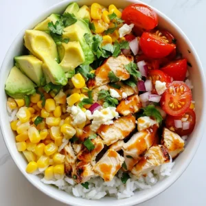 - 1 cup cooked jasmine rice - 1 lb chicken breast, diced - 1 cup corn kernels (fresh or frozen) - 1/2 cup cherry tomatoes, halved - 1/4 cup red onion, finely chopped - 1 avocado, diced - 1 cup cilantro, chopped - 1 lime, juiced - 1/4 cup crumbled feta cheese (optional) - Hot sauce (optional, for serving) - 2 tablespoons olive oil - 1 teaspoon chili powder - 1 teaspoon garlic powder - Salt and pepper to taste Gather these ingredients before you start. The fresh flavors blend well to create a tasty bowl. Each ingredient adds a special touch. The cooked jasmine rice acts as a soft base. The chicken gives you protein and heartiness. Sweet corn brings a pop of color and flavor. Cherry tomatoes add freshness. Red onion gives a nice crunch and bite. You can customize your bowl with optional ingredients. Avocado adds creaminess and healthy fats. Cilantro brings a bright flavor that balances the dish. Lime juice adds tang and freshness. Feta cheese gives a salty kick if you choose to use it. Hot sauce can add some heat for spice lovers. The seasonings are simple yet effective. Olive oil helps the spices stick to the chicken. Chili powder and garlic powder add warmth and depth. Salt and pepper enhance every bite. This mix makes the chicken juicy and full of flavor. With these ingredients ready, you will create a delicious street corn chicken rice bowl. Enjoy the cooking process and get ready for a feast! {{ingredient_image_1}} - Combine diced chicken with 2 tablespoons of olive oil, 1 teaspoon chili powder, 1 teaspoon garlic powder, salt, and pepper. - Let the chicken marinate for about 20 minutes. This step adds a lot of flavor. - Heat a large skillet over medium-high heat. - Cook the marinated chicken for 6-8 minutes. Stir until it turns brown and is cooked through. The chicken should be juicy and tender. - In the same skillet, add a little more olive oil if needed. Toss in 1 cup of corn kernels. - Sauté the corn for 3-5 minutes until it starts to caramelize. This gives it a sweet taste. - In a serving bowl, layer 1 cup of cooked jasmine rice as the base. - Top the rice with the cooked chicken, sautéed corn, 1/2 cup halved cherry tomatoes, diced avocado, and 1/4 cup chopped red onion. - Squeeze fresh lime juice over the bowl. Sprinkle with chopped cilantro and crumbled feta cheese if you like it. - For a spicy kick, add hot sauce before serving. - You can mix the bowl before eating to blend the flavors. Enjoy your street corn chicken rice bowl! - Use a meat thermometer to ensure chicken reaches safe temperature (165°F). - Avoid overcrowding the skillet for even cooking. Cooking chicken can be tricky. I always use a meat thermometer. It helps me make sure the chicken is safe to eat. The perfect temperature is 165°F. This way, I know it’s juicy and cooked through. When I cook, I make sure not to crowd the skillet. This helps the chicken cook evenly. If I add too much chicken at once, it will steam instead of brown. - Experiment with spices like smoked paprika or cumin. - Add herbs like chopped parsley or green onions for extra freshness. I love to play with flavors. Spices like smoked paprika add a nice smokiness. Cumin brings warmth and depth. You can also add fresh herbs. Chopped parsley or green onions add a bright taste. These ingredients make the dish come alive. - Serve in colorful bowls for an appealing look. - Drizzle with additional lime juice and sprinkle cilantro before serving. When I serve my street corn chicken rice bowl, I like to use colorful bowls. Bright colors make the meal more inviting. I also drizzle extra lime juice on top. It gives a zesty kick. Finally, I sprinkle fresh cilantro for a pop of green. It looks great and tastes amazing too! Pro Tips Marination Magic: Allow the chicken to marinate for longer if possible, up to 2 hours, to enhance the flavor and tenderness. Perfectly Cooked Corn: For added sweetness and texture, use fresh corn on the cob, and grill it before adding to the bowl. Avocado Freshness: To prevent browning, toss the diced avocado in lime juice right after cutting it. Customize Your Heat: Adjust the amount of chili powder or add diced jalapeños for an extra kick, depending on your spice preference. {{image_2}} You can easily make this bowl vegetarian. Just swap the chicken for grilled tofu or chickpeas. Both options add great protein. Tofu soaks up flavors well. Chickpeas add a nice texture. You can season them just like the chicken to keep that yummy taste. Switch up the base if you want. Use quinoa, brown rice, or even cauliflower rice. Each grain brings its own flavor and texture. Quinoa adds a nutty note. Brown rice offers a hearty feel. Cauliflower rice is great if you want a low-carb option. Want to kick it up a notch? Add black beans for more protein and a nice chew. They blend well with the other flavors. If you like heat, toss in jalapeños or other peppers. They will give your bowl a spicy twist. Adjust the amount to fit your taste. Store leftovers in an airtight container in the refrigerator for up to 3 days. This keeps the dish fresh and safe to eat. Make sure to let the food cool down before sealing. Freeze portions in freezer-safe containers for up to 2 months. It’s a great way to save extra meals. Label each container with the date so you can track freshness. Reheat in a microwave or on the stovetop. If using the stovetop, add a splash of water to prevent drying out. Stir well to make sure everything heats evenly. Enjoy your meal again without losing flavor! Yes, you can prep the ingredients and store them separately. This lets you enjoy fresh flavors. You can cook the chicken and corn ahead too. Store them in the fridge. When ready, just mix and serve. Absolutely! Feel free to add or substitute ingredients as per your preference. Want more spice? Add jalapeños. Prefer no chicken? Use grilled tofu or beans. You can also swap out veggies. Try bell peppers or zucchini for a twist. Consider serving it with a side salad, grilled vegetables, or tortilla chips. A fresh salad adds crunch. Grilled veggies bring a smoky flavor. Tortilla chips offer a fun crunch. They all work well with the bowl's tastes. This blog post provided a complete guide to making a delicious rice bowl. We covered all the main ingredients, from jasmine rice to chicken and corn. You learned tips for cooking chicken, enhancing flavor, and making the dish visually appealing. Remember, you can customize your bowl with vegetarian options or different grains. This recipe is flexible and easy to adapt. Enjoy your tasty creation, and don't forget to store leftovers properly. Happy cooking!