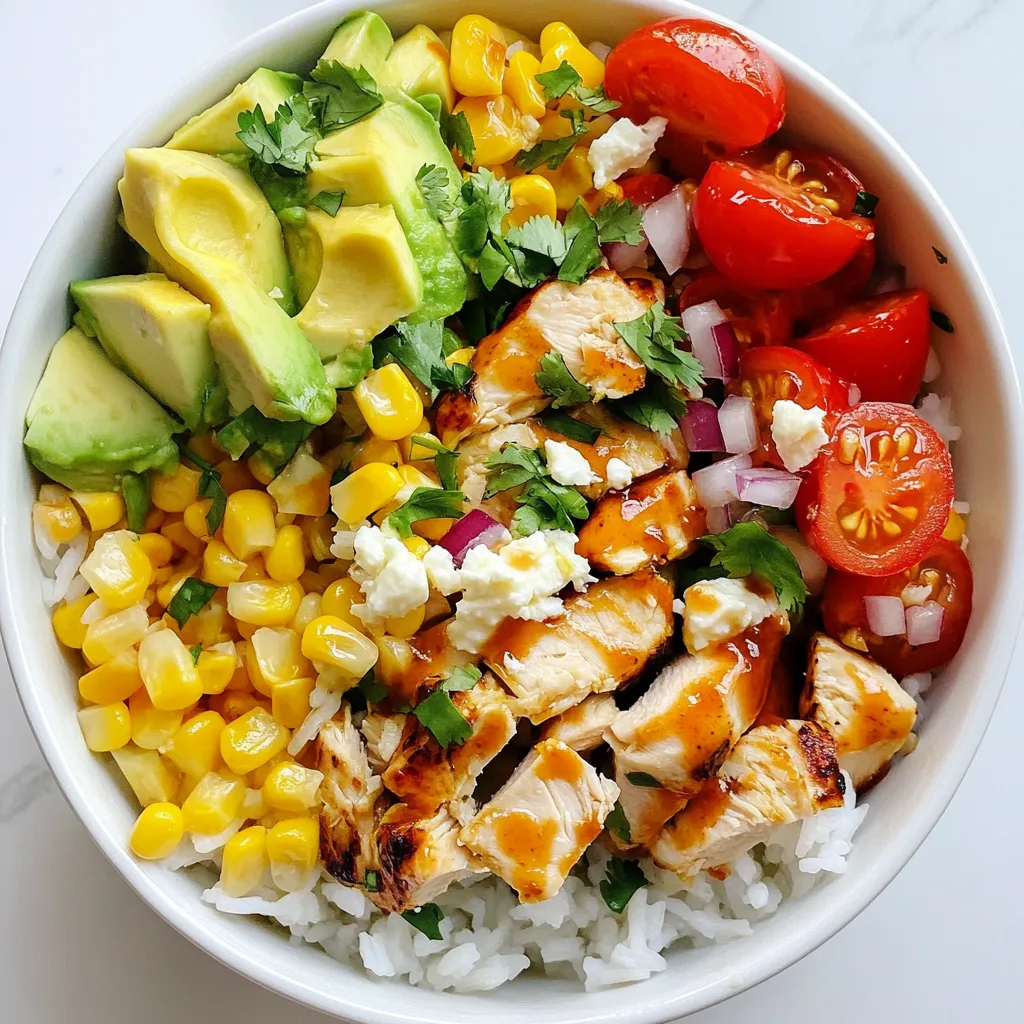 - 1 cup cooked jasmine rice - 1 lb chicken breast, diced - 1 cup corn kernels (fresh or frozen) - 1/2 cup cherry tomatoes, halved - 1/4 cup red onion, finely chopped - 1 avocado, diced - 1 cup cilantro, chopped - 1 lime, juiced - 1/4 cup crumbled feta cheese (optional) - Hot sauce (optional, for serving) - 2 tablespoons olive oil - 1 teaspoon chili powder - 1 teaspoon garlic powder - Salt and pepper to taste Gather these ingredients before you start. The fresh flavors blend well to create a tasty bowl. Each ingredient adds a special touch. The cooked jasmine rice acts as a soft base. The chicken gives you protein and heartiness. Sweet corn brings a pop of color and flavor. Cherry tomatoes add freshness. Red onion gives a nice crunch and bite. You can customize your bowl with optional ingredients. Avocado adds creaminess and healthy fats. Cilantro brings a bright flavor that balances the dish. Lime juice adds tang and freshness. Feta cheese gives a salty kick if you choose to use it. Hot sauce can add some heat for spice lovers. The seasonings are simple yet effective. Olive oil helps the spices stick to the chicken. Chili powder and garlic powder add warmth and depth. Salt and pepper enhance every bite. This mix makes the chicken juicy and full of flavor. With these ingredients ready, you will create a delicious street corn chicken rice bowl. Enjoy the cooking process and get ready for a feast! {{ingredient_image_1}} - Combine diced chicken with 2 tablespoons of olive oil, 1 teaspoon chili powder, 1 teaspoon garlic powder, salt, and pepper. - Let the chicken marinate for about 20 minutes. This step adds a lot of flavor. - Heat a large skillet over medium-high heat. - Cook the marinated chicken for 6-8 minutes. Stir until it turns brown and is cooked through. The chicken should be juicy and tender. - In the same skillet, add a little more olive oil if needed. Toss in 1 cup of corn kernels. - Sauté the corn for 3-5 minutes until it starts to caramelize. This gives it a sweet taste. - In a serving bowl, layer 1 cup of cooked jasmine rice as the base. - Top the rice with the cooked chicken, sautéed corn, 1/2 cup halved cherry tomatoes, diced avocado, and 1/4 cup chopped red onion. - Squeeze fresh lime juice over the bowl. Sprinkle with chopped cilantro and crumbled feta cheese if you like it. - For a spicy kick, add hot sauce before serving. - You can mix the bowl before eating to blend the flavors. Enjoy your street corn chicken rice bowl! - Use a meat thermometer to ensure chicken reaches safe temperature (165°F). - Avoid overcrowding the skillet for even cooking. Cooking chicken can be tricky. I always use a meat thermometer. It helps me make sure the chicken is safe to eat. The perfect temperature is 165°F. This way, I know it’s juicy and cooked through. When I cook, I make sure not to crowd the skillet. This helps the chicken cook evenly. If I add too much chicken at once, it will steam instead of brown. - Experiment with spices like smoked paprika or cumin. - Add herbs like chopped parsley or green onions for extra freshness. I love to play with flavors. Spices like smoked paprika add a nice smokiness. Cumin brings warmth and depth. You can also add fresh herbs. Chopped parsley or green onions add a bright taste. These ingredients make the dish come alive. - Serve in colorful bowls for an appealing look. - Drizzle with additional lime juice and sprinkle cilantro before serving. When I serve my street corn chicken rice bowl, I like to use colorful bowls. Bright colors make the meal more inviting. I also drizzle extra lime juice on top. It gives a zesty kick. Finally, I sprinkle fresh cilantro for a pop of green. It looks great and tastes amazing too! Pro Tips Marination Magic: Allow the chicken to marinate for longer if possible, up to 2 hours, to enhance the flavor and tenderness. Perfectly Cooked Corn: For added sweetness and texture, use fresh corn on the cob, and grill it before adding to the bowl. Avocado Freshness: To prevent browning, toss the diced avocado in lime juice right after cutting it. Customize Your Heat: Adjust the amount of chili powder or add diced jalapeños for an extra kick, depending on your spice preference. {{image_2}} You can easily make this bowl vegetarian. Just swap the chicken for grilled tofu or chickpeas. Both options add great protein. Tofu soaks up flavors well. Chickpeas add a nice texture. You can season them just like the chicken to keep that yummy taste. Switch up the base if you want. Use quinoa, brown rice, or even cauliflower rice. Each grain brings its own flavor and texture. Quinoa adds a nutty note. Brown rice offers a hearty feel. Cauliflower rice is great if you want a low-carb option. Want to kick it up a notch? Add black beans for more protein and a nice chew. They blend well with the other flavors. If you like heat, toss in jalapeños or other peppers. They will give your bowl a spicy twist. Adjust the amount to fit your taste. Store leftovers in an airtight container in the refrigerator for up to 3 days. This keeps the dish fresh and safe to eat. Make sure to let the food cool down before sealing. Freeze portions in freezer-safe containers for up to 2 months. It’s a great way to save extra meals. Label each container with the date so you can track freshness. Reheat in a microwave or on the stovetop. If using the stovetop, add a splash of water to prevent drying out. Stir well to make sure everything heats evenly. Enjoy your meal again without losing flavor! Yes, you can prep the ingredients and store them separately. This lets you enjoy fresh flavors. You can cook the chicken and corn ahead too. Store them in the fridge. When ready, just mix and serve. Absolutely! Feel free to add or substitute ingredients as per your preference. Want more spice? Add jalapeños. Prefer no chicken? Use grilled tofu or beans. You can also swap out veggies. Try bell peppers or zucchini for a twist. Consider serving it with a side salad, grilled vegetables, or tortilla chips. A fresh salad adds crunch. Grilled veggies bring a smoky flavor. Tortilla chips offer a fun crunch. They all work well with the bowl's tastes. This blog post provided a complete guide to making a delicious rice bowl. We covered all the main ingredients, from jasmine rice to chicken and corn. You learned tips for cooking chicken, enhancing flavor, and making the dish visually appealing. Remember, you can customize your bowl with vegetarian options or different grains. This recipe is flexible and easy to adapt. Enjoy your tasty creation, and don't forget to store leftovers properly. Happy cooking!