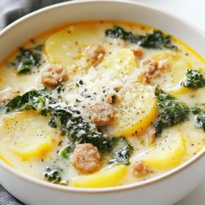 - 1 lb Italian sausage (mild or spicy, your choice) - 4 medium-sized potatoes, sliced thinly (Yukon Gold or Russet work well) - 1 medium onion, chopped - 3 cloves garlic, minced - 2 cups kale, chopped (stems removed) For Zuppa Toscana, the main ingredients create a warm and tasty soup. The Italian sausage gives it great flavor. You can choose mild or spicy sausage based on your taste. Potatoes add heartiness, while onion and garlic bring depth. Kale adds a pop of color and nutrition. - 6 cups chicken broth Chicken broth is key for this soup. It forms the base and adds richness. Using a good-quality broth makes a big difference. You can also use homemade broth if you prefer. It will give your soup a fresh taste that’s hard to beat. - 1 cup heavy cream or coconut cream for a dairy-free option Heavy cream makes the soup rich and smooth. It adds a lovely creaminess that everyone enjoys. If you want a dairy-free option, try coconut cream. It still gives a rich texture, but with a hint of sweetness. Both options work well, so choose what fits your needs. {{ingredient_image_1}} Start by heating 2 tablespoons of olive oil in a large pot over medium heat. Once hot, add 1 chopped onion. Sauté until it turns translucent, which takes about 3 to 4 minutes. Next, add 3 minced garlic cloves. Stir for another minute until the garlic smells great. This blend gives your soup a warm base. Now, take 1 pound of Italian sausage. Remove the casings and crumble the sausage into the pot. Use a wooden spoon to break it apart. Cook it until it's browned and fully cooked, about 5 to 7 minutes. This step adds a rich flavor to your soup. Once the sausage is ready, add 4 thinly sliced potatoes and 6 cups of chicken broth. Raise the heat to bring the pot to a boil. Then, lower the heat to let it simmer for 15 to 20 minutes. You want the potatoes to be tender. After that, stir in 2 cups of chopped kale, 1 cup of heavy cream (or coconut cream), 1 teaspoon of oregano, and red pepper flakes if you want some spice. Season with salt and pepper to taste. Let it simmer for another 5 minutes until the kale wilts. Your soup is now ready to enjoy! To make your Zuppa Toscana even better, adjust the seasonings. I love adding more garlic for a bold taste. You can also mix in fresh herbs like thyme or basil. If you like heat, add more red pepper flakes. Taste your soup while cooking. This lets you find the right balance of salt and pepper. Small changes can make a big difference. For the right consistency, keep an eye on the potatoes. Slice them thinly so they cook fast and become creamy. Stir the soup often to prevent sticking. When you add the kale, let it wilt but stay bright green. This keeps the soup fresh and tasty. If the soup is too thick, add more chicken broth or cream. Prep can be quick with a few easy tricks. Chop the onion and garlic ahead of time. You can even slice the potatoes the night before. Store them in water to stop browning. Use pre-washed kale to save time. If you have a busy day, make the soup in a slow cooker. Just set it and forget it! Pro Tips Use Fresh Ingredients: Always opt for fresh vegetables and herbs to enhance the flavor of your zuppa. Fresh kale and high-quality sausage can make a significant difference. Adjust the Creaminess: If you prefer a lighter soup, reduce the amount of cream or use a dairy-free alternative like coconut cream. You can always add more later for richness. Customize the Spice Level: Feel free to adjust the red pepper flakes according to your spice tolerance. You can also experiment with adding a splash of hot sauce for an extra kick! Perfect Potato Texture: For best results, slice the potatoes uniformly to ensure they cook evenly. Yukon Golds provide a creamy texture, while Russets are more starchy. {{image_2}} You can change up the key ingredients in Zuppa Toscana to suit your taste. For the sausage, try ground turkey or chicken. These options provide a leaner choice without losing flavor. If you're looking for a plant-based option, use crumbled tempeh or lentils. For the cream, heavy cream gives richness, but coconut cream is a great dairy-free swap. It adds creaminess and a subtle sweetness. To make a meat-free Zuppa Toscana, omit the sausage and add more veggies. Use mushrooms for a savory taste. You can also add lentils for protein and texture. Replace chicken broth with vegetable broth for a vegan option. Adding extra spices, like smoked paprika, can enhance the flavor profile. This way, you still enjoy a hearty soup without the meat. You can make this soup even heartier by adding extras. Beans, like cannellini or chickpeas, add protein and fiber. Different greens, such as spinach or Swiss chard, complement the kale well. Try adding carrots for a touch of sweetness and color. For a unique twist, toss in some corn or bell peppers. These add-ins not only boost nutrition but also enhance the flavor and texture. To keep your Zuppa Toscana fresh, store leftovers in an airtight container. Let the soup cool down first. This prevents steam from building up, which can lead to sogginess. You can keep it in the fridge for up to three days. If you want to save it longer, consider freezing it instead. When it’s time to enjoy leftovers, reheat the soup gently. Use a pot on the stove over low heat. Stir often to stop it from sticking. You can also use the microwave. Just heat in short bursts, stirring in between. This helps warm it evenly. Avoid boiling the soup, as it can change the texture. To freeze Zuppa Toscana, place it in a freezer-safe container. Leave some space at the top for expansion. This soup can last up to three months in the freezer. To thaw, move it to the fridge overnight. You can also use a microwave for quicker thawing. After thawing, reheat as mentioned above. Enjoy your cozy soup even on cold days! Zuppa Toscana is a tasty Italian soup. It hails from the Tuscany region. This soup combines sausage, potatoes, and kale. It’s warm and hearty, perfect for chilly days. The dish showcases the comfort of home cooking. Many families enjoy it as a cozy meal. Yes, you can make Zuppa Toscana dairy-free. Just swap heavy cream for coconut cream. This gives the soup a creamy texture without dairy. You can also use almond milk or oat milk for a lighter option. Adjust the flavors to keep it rich and satisfying. Zuppa Toscana can have a bit of spice. The red pepper flakes add heat. You can control the spice level by using less or more. If you prefer no heat, skip the flakes altogether. The soup remains hearty and delicious without them. This post covered all you need to make Zuppa Toscana. You learned about key ingredients like sausage, veggies, and broth options. We discussed cooking steps, tips, and even variations for your taste. You can store leftovers and reheat them with ease. In conclusion, Zuppa Toscana is simple to make and enjoy. You can customize it with your favorite flavors. Try different cream and veggie options for variety. Whether for a cozy dinner or meal prep, this soup fits every need. Enjoy making it your own!