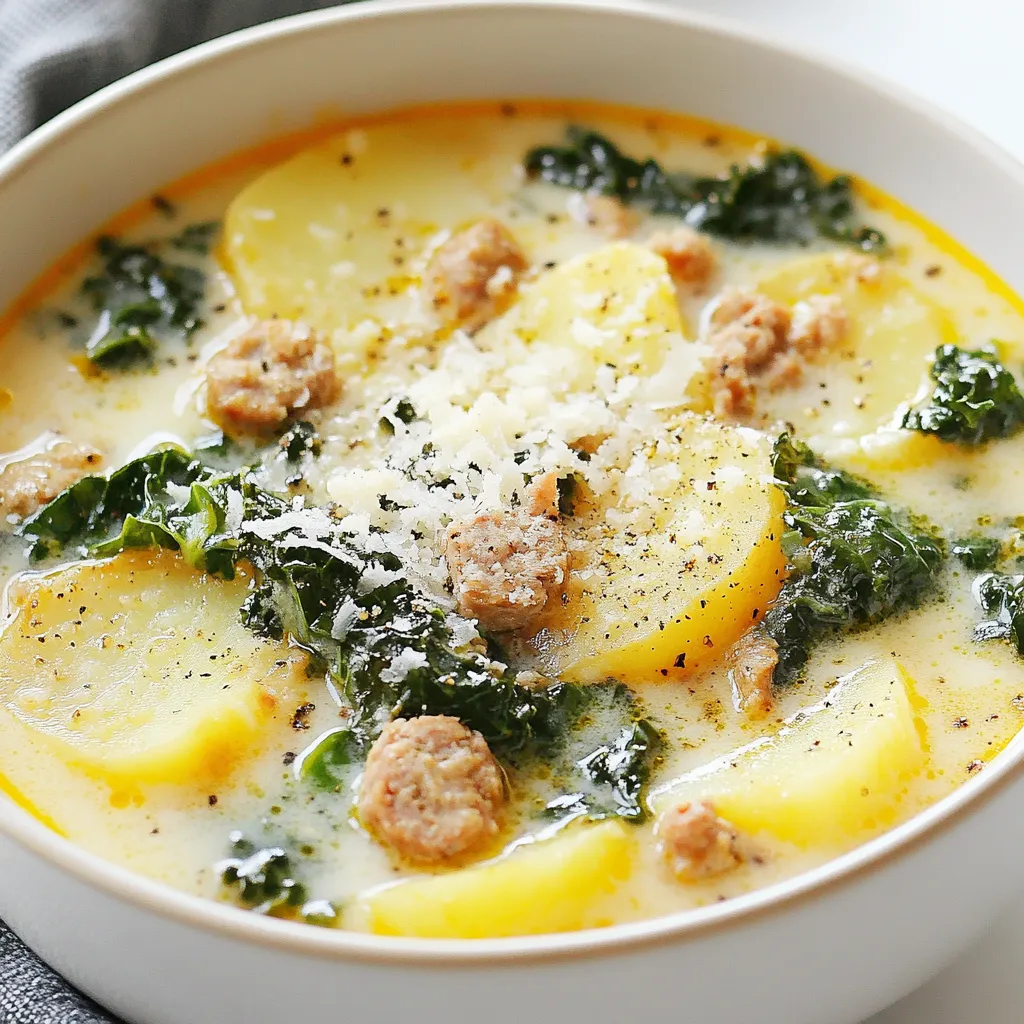 - 1 lb Italian sausage (mild or spicy, your choice) - 4 medium-sized potatoes, sliced thinly (Yukon Gold or Russet work well) - 1 medium onion, chopped - 3 cloves garlic, minced - 2 cups kale, chopped (stems removed) For Zuppa Toscana, the main ingredients create a warm and tasty soup. The Italian sausage gives it great flavor. You can choose mild or spicy sausage based on your taste. Potatoes add heartiness, while onion and garlic bring depth. Kale adds a pop of color and nutrition. - 6 cups chicken broth Chicken broth is key for this soup. It forms the base and adds richness. Using a good-quality broth makes a big difference. You can also use homemade broth if you prefer. It will give your soup a fresh taste that’s hard to beat. - 1 cup heavy cream or coconut cream for a dairy-free option Heavy cream makes the soup rich and smooth. It adds a lovely creaminess that everyone enjoys. If you want a dairy-free option, try coconut cream. It still gives a rich texture, but with a hint of sweetness. Both options work well, so choose what fits your needs. {{ingredient_image_1}} Start by heating 2 tablespoons of olive oil in a large pot over medium heat. Once hot, add 1 chopped onion. Sauté until it turns translucent, which takes about 3 to 4 minutes. Next, add 3 minced garlic cloves. Stir for another minute until the garlic smells great. This blend gives your soup a warm base. Now, take 1 pound of Italian sausage. Remove the casings and crumble the sausage into the pot. Use a wooden spoon to break it apart. Cook it until it's browned and fully cooked, about 5 to 7 minutes. This step adds a rich flavor to your soup. Once the sausage is ready, add 4 thinly sliced potatoes and 6 cups of chicken broth. Raise the heat to bring the pot to a boil. Then, lower the heat to let it simmer for 15 to 20 minutes. You want the potatoes to be tender. After that, stir in 2 cups of chopped kale, 1 cup of heavy cream (or coconut cream), 1 teaspoon of oregano, and red pepper flakes if you want some spice. Season with salt and pepper to taste. Let it simmer for another 5 minutes until the kale wilts. Your soup is now ready to enjoy! To make your Zuppa Toscana even better, adjust the seasonings. I love adding more garlic for a bold taste. You can also mix in fresh herbs like thyme or basil. If you like heat, add more red pepper flakes. Taste your soup while cooking. This lets you find the right balance of salt and pepper. Small changes can make a big difference. For the right consistency, keep an eye on the potatoes. Slice them thinly so they cook fast and become creamy. Stir the soup often to prevent sticking. When you add the kale, let it wilt but stay bright green. This keeps the soup fresh and tasty. If the soup is too thick, add more chicken broth or cream. Prep can be quick with a few easy tricks. Chop the onion and garlic ahead of time. You can even slice the potatoes the night before. Store them in water to stop browning. Use pre-washed kale to save time. If you have a busy day, make the soup in a slow cooker. Just set it and forget it! Pro Tips Use Fresh Ingredients: Always opt for fresh vegetables and herbs to enhance the flavor of your zuppa. Fresh kale and high-quality sausage can make a significant difference. Adjust the Creaminess: If you prefer a lighter soup, reduce the amount of cream or use a dairy-free alternative like coconut cream. You can always add more later for richness. Customize the Spice Level: Feel free to adjust the red pepper flakes according to your spice tolerance. You can also experiment with adding a splash of hot sauce for an extra kick! Perfect Potato Texture: For best results, slice the potatoes uniformly to ensure they cook evenly. Yukon Golds provide a creamy texture, while Russets are more starchy. {{image_2}} You can change up the key ingredients in Zuppa Toscana to suit your taste. For the sausage, try ground turkey or chicken. These options provide a leaner choice without losing flavor. If you're looking for a plant-based option, use crumbled tempeh or lentils. For the cream, heavy cream gives richness, but coconut cream is a great dairy-free swap. It adds creaminess and a subtle sweetness. To make a meat-free Zuppa Toscana, omit the sausage and add more veggies. Use mushrooms for a savory taste. You can also add lentils for protein and texture. Replace chicken broth with vegetable broth for a vegan option. Adding extra spices, like smoked paprika, can enhance the flavor profile. This way, you still enjoy a hearty soup without the meat. You can make this soup even heartier by adding extras. Beans, like cannellini or chickpeas, add protein and fiber. Different greens, such as spinach or Swiss chard, complement the kale well. Try adding carrots for a touch of sweetness and color. For a unique twist, toss in some corn or bell peppers. These add-ins not only boost nutrition but also enhance the flavor and texture. To keep your Zuppa Toscana fresh, store leftovers in an airtight container. Let the soup cool down first. This prevents steam from building up, which can lead to sogginess. You can keep it in the fridge for up to three days. If you want to save it longer, consider freezing it instead. When it’s time to enjoy leftovers, reheat the soup gently. Use a pot on the stove over low heat. Stir often to stop it from sticking. You can also use the microwave. Just heat in short bursts, stirring in between. This helps warm it evenly. Avoid boiling the soup, as it can change the texture. To freeze Zuppa Toscana, place it in a freezer-safe container. Leave some space at the top for expansion. This soup can last up to three months in the freezer. To thaw, move it to the fridge overnight. You can also use a microwave for quicker thawing. After thawing, reheat as mentioned above. Enjoy your cozy soup even on cold days! Zuppa Toscana is a tasty Italian soup. It hails from the Tuscany region. This soup combines sausage, potatoes, and kale. It’s warm and hearty, perfect for chilly days. The dish showcases the comfort of home cooking. Many families enjoy it as a cozy meal. Yes, you can make Zuppa Toscana dairy-free. Just swap heavy cream for coconut cream. This gives the soup a creamy texture without dairy. You can also use almond milk or oat milk for a lighter option. Adjust the flavors to keep it rich and satisfying. Zuppa Toscana can have a bit of spice. The red pepper flakes add heat. You can control the spice level by using less or more. If you prefer no heat, skip the flakes altogether. The soup remains hearty and delicious without them. This post covered all you need to make Zuppa Toscana. You learned about key ingredients like sausage, veggies, and broth options. We discussed cooking steps, tips, and even variations for your taste. You can store leftovers and reheat them with ease. In conclusion, Zuppa Toscana is simple to make and enjoy. You can customize it with your favorite flavors. Try different cream and veggie options for variety. Whether for a cozy dinner or meal prep, this soup fits every need. Enjoy making it your own!