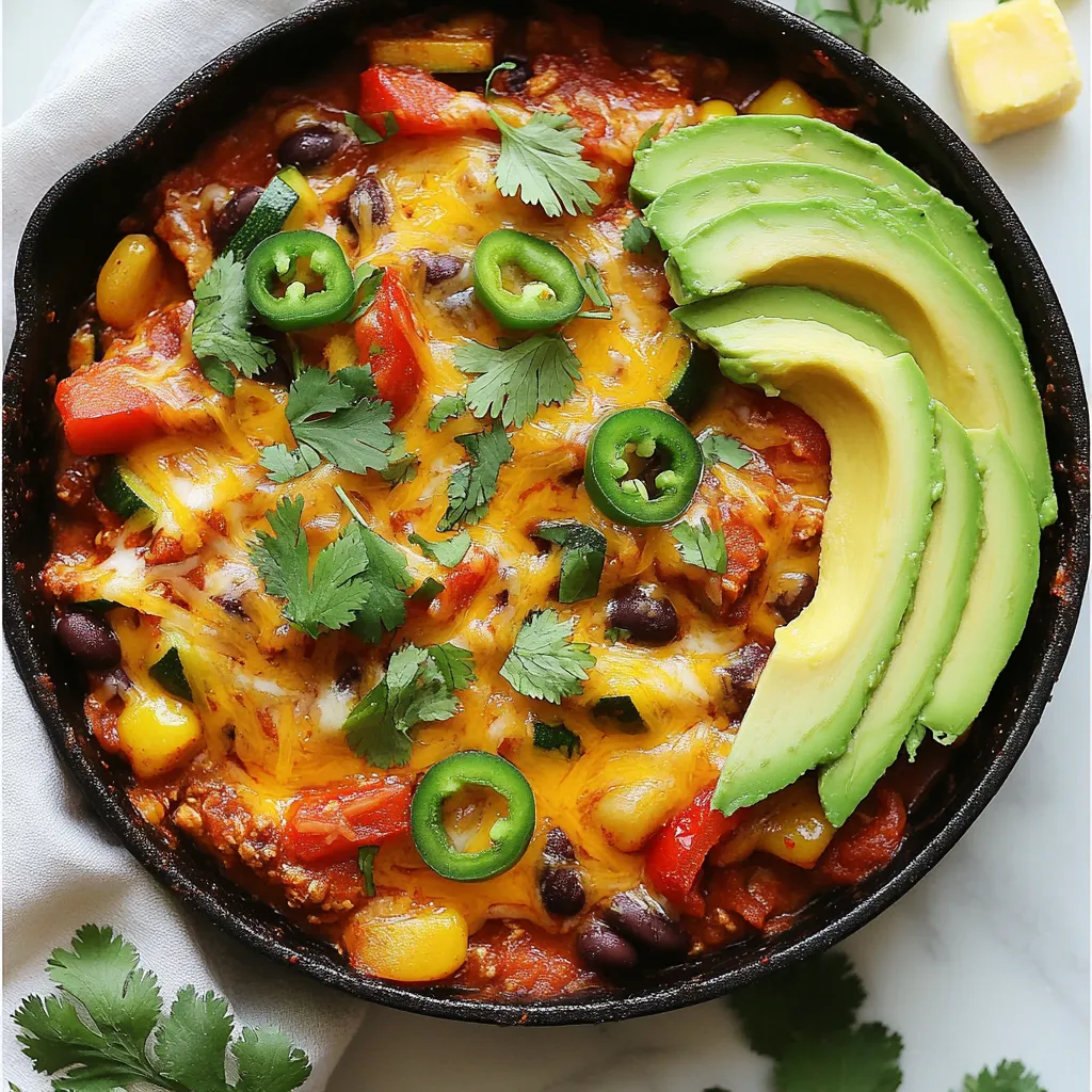 To make a tasty Healthy Enchilada Skillet, you need these key ingredients: - 1 tablespoon olive oil - 1 onion, diced - 2 cloves garlic, minced - 1 bell pepper, chopped (any color) - 1 zucchini, diced - 1 can (15 oz) black beans, rinsed and drained - 1 can (14 oz) diced tomatoes (fire-roasted preferred) - 2 tablespoons enchilada sauce (homemade or store-bought) - 1 teaspoon ground cumin - 1 teaspoon chili powder - Salt and pepper to taste - 1 cup corn (fresh or frozen) - 1 cup shredded low-fat cheese (cheddar or Mexican blend) - 1/4 cup fresh cilantro, chopped (for garnish) - 1 avocado, sliced (for serving) These ingredients come together to create a rich flavor. The beans add protein, while the veggies bring freshness. The spices give it that classic enchilada taste. You can switch up the recipe with these optional ingredients: - Jalapeños for heat - Corn tortillas, cut into strips - Different cheese, like pepper jack - Greek yogurt instead of sour cream - Lime juice for brightness Feel free to add or swap items based on what you like. This dish is flexible and fun to make! This dish is not just tasty; it's also good for you. Here are some highlights: - Black beans: High in fiber and protein, they help keep you full. - Zucchini: Low in calories and packed with vitamins, it adds nutrition. - Bell pepper: Rich in vitamins A and C, it boosts your immune system. - Corn: Provides fiber and adds a sweet flavor. - Avocado: Full of healthy fats, it promotes heart health. Using these ingredients makes your meal balanced and nutritious. You get a delicious mix of flavors and health benefits all in one skillet. {{ingredient_image_1}} To start, gather all your ingredients. You will need: - 1 tablespoon olive oil - 1 onion, diced - 2 cloves garlic, minced - 1 bell pepper, chopped (any color) - 1 zucchini, diced - 1 can (15 oz) black beans, rinsed and drained - 1 can (14 oz) diced tomatoes (fire-roasted preferred) - 2 tablespoons enchilada sauce (homemade or store-bought) - 1 teaspoon ground cumin - 1 teaspoon chili powder - Salt and pepper to taste - 1 cup corn (fresh or frozen) - 1 cup shredded low-fat cheese (cheddar or Mexican blend) - 1/4 cup fresh cilantro, chopped (for garnish) - 1 avocado, sliced (for serving) Next, chop your onion, bell pepper, zucchini, and garlic. This step makes cooking easier. Rinse and drain the black beans. These steps prepare you for quick cooking. Start by heating the olive oil in a large skillet over medium heat. Once the oil is hot, add the diced onion. Sauté for about 3-4 minutes until it softens. Then, stir in the minced garlic. Cook for another minute until it smells good. Add the chopped bell pepper and zucchini next. Cook these for 4-5 minutes until they begin to soften. This mix gives a nice base for your skillet. Now, mix in the black beans, diced tomatoes, and enchilada sauce. Add ground cumin, chili powder, salt, and pepper too. Stir it all well. Bring this mixture to a gentle simmer. Cook uncovered for about 8-10 minutes. This step allows the flavors to blend together. After that, stir in the corn and half of the shredded cheese. Make sure everything is evenly mixed. Sprinkle the rest of the cheese on top. Cover the skillet and cook for an additional 3-5 minutes. The cheese should melt nicely. To ensure even cooking, keep your heat at medium. Stir the mixture often, so nothing sticks or burns. If the skillet looks too dry, add a splash of water. This will help keep the mixture moist. Cut your veggies into similar sizes. This helps them cook evenly. Also, don’t rush the simmering step. Allowing time for the flavors to meld is key. Enjoy the process, and your Healthy Enchilada Skillet will turn out great! To make your Healthy Enchilada Skillet pop, focus on spices. You can add a pinch of smoked paprika for depth. A squeeze of fresh lime juice brightens the meal. Fresh herbs like cilantro add a burst of flavor, too. You can swap in a dash of hot sauce for some heat. If you need a gluten-free option, use gluten-free enchilada sauce. You can substitute black beans with pinto or kidney beans if you prefer. For a dairy-free version, try a plant-based cheese or skip the cheese altogether. If you want a low-carb meal, replace the corn with cauliflower rice. Serve your enchilada skillet in a colorful dish to make it pop. Top with avocado slices and fresh cilantro for a nice touch. You can also add a dollop of Greek yogurt or guacamole for creaminess. Pair it with a side salad or tortilla chips for a fun crunch. Enjoy this meal warm for the best taste! Pro Tips Use Fire-Roasted Tomatoes: Opting for fire-roasted diced tomatoes enhances the smoky flavor of your enchilada skillet, giving it an authentic taste. Customize Your Veggies: Feel free to substitute or add other vegetables like corn, spinach, or mushrooms based on your preference or what you have on hand. Control the Heat: If you like it spicy, consider adding chopped jalapeños or a pinch of cayenne pepper to the skillet for an extra kick. Make It Ahead: This dish can be prepared in advance and stored in the refrigerator. Simply reheat when ready to serve for a quick and easy meal. {{image_2}} You can easily make this dish vegetarian or vegan. For a vegetarian version, skip the cheese or use a low-fat cheese option. If you want a vegan option, use plant-based cheese or omit it altogether. You can add more veggies like spinach or mushrooms for extra flavor. These options keep the dish healthy and tasty. Adjusting the spice level is simple. If you like heat, add jalapeños or a pinch of cayenne pepper. If you prefer mild flavors, reduce the chili powder. You can also serve hot sauce on the side. This way, everyone can customize their plates to their taste. If you want to change the protein, try using lentils or chickpeas. Both options add great texture and nutrition. For a meat option, you can add cooked chicken or turkey. Another choice is to use tofu. It soaks up flavors well and makes the dish hearty. To keep your Healthy Enchilada Skillet fresh, let it cool first. Then, transfer it to an airtight container. Store it in the fridge for up to three days. If you want to keep it longer, consider freezing it. When you’re ready to eat leftovers, use the stove or microwave. On the stove, add a splash of water to keep it moist. Heat over medium heat until hot. In the microwave, cover it and heat in 30-second bursts until warmed through. For longer storage, freeze your skillet dish in a freezer-safe container. It can last for up to three months. When you want to enjoy it, thaw it overnight in the fridge. Then, reheat it as described above for the best taste. You can pair this skillet with many sides. I love serving it with brown rice or quinoa. A fresh salad with lime dressing also goes well. You can add tortilla chips for crunch. Sliced avocado adds creaminess and flavor. Absolutely! You can swap black beans for pinto or kidney beans. Any beans you like work great. For veggies, try corn, spinach, or mushrooms. Feel free to add more bell peppers too. This dish is flexible and fun! To make this dish gluten-free, use gluten-free enchilada sauce. Check labels to be sure. Most canned beans and veggies are gluten-free too. Avoid using regular tortillas, or opt for gluten-free ones instead. Enjoy it without worry! Each serving has about 300-350 calories. You get protein from beans and cheese. It also has healthy fats from the olive oil and avocado. This dish is high in fiber, thanks to beans and veggies. It's a balanced meal you can feel good about! In this article, we explored how to make a healthy enchilada skillet. We covered essential and optional ingredients, along with their nutritional benefits. I shared step-by-step instructions, tips for flavor enhancement, and various adaptations for different diets. Lastly, I provided storage tips and answered common questions. Making this dish can be fun and easy. Enjoy creating your own version of this delicious meal!