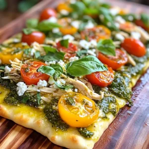 - 1 large flatbread or naan - 1 cup cooked chicken breast, shredded - 1/2 cup basil pesto - 1 cup cherry tomatoes, halved - 1 cup fresh spinach leaves - 1/2 cup mozzarella cheese, shredded - 1/4 cup feta cheese, crumbled - 1 tablespoon olive oil - Salt and black pepper to taste - Fresh basil leaves for garnish When choosing your ingredients, freshness is key. Look for flatbreads that are soft and pliable. Check for the chicken; it should be cooked and moist, not dry. For basil pesto, buy a brand that uses real basil. Cherry tomatoes should be firm and vibrant. The spinach should look fresh and green. Cheese should be fresh too; avoid anything that looks dried out or has an off smell. You can add more flavor with different toppings. Try adding bell peppers for crunch or red onions for a bit of spice. If you love heat, sliced jalapeños work well too. You can swap mozzarella for provolone or gouda for a unique taste. For a vegetarian option, replace chicken with roasted veggies or chickpeas. Customize it to fit your taste! {{ingredient_image_1}} Start by preheating your oven to 400°F (200°C). This gets the heat ready for your flatbread. While the oven warms up, grab a baking sheet. Lay your flatbread or naan flat on it. Brush the top lightly with olive oil. This helps the flatbread get golden and crisp. In a bowl, mix 1 cup of shredded cooked chicken with 1/2 cup of basil pesto. Stir until the chicken is well coated. Next, sprinkle salt and black pepper to taste. Spread this pesto chicken mix evenly over the flatbread. Now, scatter 1 cup of halved cherry tomatoes and 1 cup of fresh spinach leaves on top. Finish by sprinkling 1/2 cup of shredded mozzarella and 1/4 cup of crumbled feta cheese all over. Place the flatbread in your preheated oven. Bake for about 10-12 minutes. Look for bubbly cheese and a slightly golden top. Once it’s done, take it out and let it cool for a minute. Slice it up and add fresh basil leaves for a nice touch. Enjoy your tasty pesto chicken flatbread! When you cook chicken for this flatbread, use cooked chicken breast. Shredded chicken works best. You can use leftover chicken or rotisserie chicken. It saves you time and adds great flavor. Always ensure your chicken is moist. Dry chicken can ruin your flatbread. To boost your pesto flavor, add garlic or lemon juice. These simple ingredients brighten up the taste. You can also mix in some grated Parmesan cheese. This adds creaminess and depth. If you like heat, a pinch of red pepper flakes is great. Fresh basil leaves as a topping add even more flavor. For the best cheese melt, use a mix of mozzarella and feta. Mozzarella offers stretchiness, while feta adds a salty kick. Spread the cheese evenly over the toppings. Don't pack it too thick. Bake until the cheese is bubbly and golden. This takes about 10-12 minutes at 400°F (200°C). Let it cool for a minute before slicing. Pro Tips Choose the Right Flatbread: Opt for a thicker flatbread or naan to hold the toppings without getting soggy. Add Texture: Consider adding nuts or seeds like pine nuts or sunflower seeds for an extra crunch. Freshness Matters: Use fresh basil pesto for a more vibrant flavor; store-bought can be convenient but may lack depth. Customize Your Toppings: Feel free to experiment with additional toppings like bell peppers, olives, or artichokes for a unique twist. {{image_2}} If you don't have flatbread or naan, use these options: - Pita bread - Tortillas - English muffins - Pizza crust Each of these will give a different taste and texture. Pita bread is soft and chewy. Tortillas add a nice crisp. English muffins bring a fun crunch, while pizza crust can offer a classic pizza vibe. Feel free to mix it up with toppings! Try these: - Roasted bell peppers - Sliced olives - Artichoke hearts - Grilled zucchini You can also add different cheeses, like goat cheese or cheddar. For a spicy kick, sprinkle red pepper flakes on top. Each addition adds new flavors and fun to your flatbread. For a vegetarian version, skip the chicken. Use beans or chickpeas for protein. Swap the flatbread for a gluten-free option, like gluten-free tortillas or cauliflower crust. These changes keep the dish tasty and satisfying. You can also load it with extra veggies, like mushrooms or broccoli. Enjoy the fresh taste and health benefits! To keep your leftover pesto chicken flatbread fresh, wrap it well. Use plastic wrap or aluminum foil. You can also place it in an airtight container. This helps keep it from drying out. Store it in the fridge. It will stay good for about 2-3 days. To reheat your flatbread, preheat your oven to 350°F (175°C). Place the flatbread on a baking sheet. Heat for about 10 minutes. This warms it up and keeps the crust crisp. You can also use a microwave for a faster option. Just heat it for about 30 seconds. However, this may make the crust soft. You can freeze pesto chicken flatbread for later. Cut it into slices for easy serving. Wrap each slice in plastic wrap. Then, place them in a freezer bag. Be sure to remove as much air as possible. It will last about 2-3 months in the freezer. To eat, thaw it in the fridge overnight. Then, reheat it in the oven for the best taste. Yes, you can use store-bought pesto. It saves time and still tastes great. Look for a brand with fresh ingredients. This choice makes your life easier and your flatbread delicious. Pesto chicken flatbread lasts about 2-3 days in the fridge. Store it in an airtight container to keep it fresh. You can enjoy leftovers for a quick meal or snack! Yes, you can prepare it in advance. You can make the flatbread and toppings separately. Assemble them when ready to bake. This way, you can enjoy fresh flatbread without a lot of work. Some good side dishes include a fresh salad or roasted veggies. A light soup also pairs well. These options balance the meal and add flavor. You can mix and match based on your taste! This post covered all you need for a tasty pesto chicken flatbread. We reviewed fresh ingredients and how to choose them. You learned easy steps to prepare and bake your flatbread. I shared tips for cooking chicken and enhancing your pesto. You also explored different variations and how to store leftovers. Remember, cooking is fun and allows for creativity. Enjoy trying new toppings and flavors. Happy cooking!