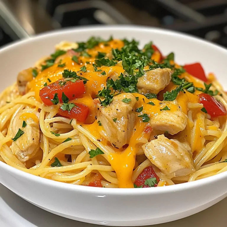To make Cajun Chicken Spaghetti, you need the following ingredients: - 8 oz spaghetti - 2 chicken breasts, diced - 2 tablespoons Cajun seasoning - 1 tablespoon olive oil - 1 bell pepper (any color), chopped - 1 small onion, chopped - 3 cloves garlic, minced - 1 can (14 oz) diced tomatoes with green chilies - 1 cup chicken broth - 1 cup heavy cream - 1 cup shredded cheddar cheese - Salt and pepper to taste - Fresh parsley, chopped (for garnish) Accurate measurements matter in cooking. They help achieve the right taste and texture. Use measuring cups and spoons for dry and liquid ingredients. For pasta, weigh it if you can. This ensures you get the right amount for your sauce. If you do not have a scale, a cup measurement works too. For liquids, always use clear measuring cups. This helps you see the amount easily. Fresh ingredients make a big difference. They enhance flavor and nutrition. Use fresh chicken for tenderness and taste. Choose ripe bell peppers and onions for sweetness. Fresh garlic brings a strong aroma, while canned tomatoes add richness. Always check the expiration dates on your ingredients. Good quality products lead to a great dish. {{ingredient_image_1}} First, grab a large pot. Fill it with water and bring it to a boil. Add 8 oz of spaghetti to the pot. Cook according to the package instructions until it is al dente. This usually takes about 8-10 minutes. Once done, drain the spaghetti and set it aside. Now, take 2 diced chicken breasts and put them in a bowl. Sprinkle 2 tablespoons of Cajun seasoning over the chicken. Toss the chicken until all pieces are well coated with the seasoning. This adds great flavor to your dish. In a large skillet, heat 1 tablespoon of olive oil over medium-high heat. Once hot, add the seasoned chicken. Cook for about 5-7 minutes until the chicken is browned and fully cooked. Remove the chicken from the skillet and set it aside. In the same skillet, add 1 chopped bell pepper and 1 small chopped onion. Sauté for about 3-4 minutes until they soften. Then, add 3 minced garlic cloves and cook for another minute. Now, pour in 1 can of diced tomatoes with green chilies and 1 cup of chicken broth. Bring this mixture to a simmer, allowing it to cook for about 5 minutes. This lets all the flavors mix well. Next, lower the heat and stir in 1 cup of heavy cream. Gradually add 1 cup of shredded cheddar cheese, stirring until it melts and the sauce becomes creamy. Return the cooked chicken to the skillet. Toss it in the creamy sauce. Add the cooked spaghetti to the skillet, mixing everything together until well combined. Taste the dish and adjust seasoning with salt and pepper if needed. Finally, remove from heat and garnish with freshly chopped parsley. Enjoy your meal! To get a creamy sauce, use heavy cream. This cream makes the sauce rich and smooth. After adding the cream, lower the heat. Stir in the cheddar cheese slowly. This step helps it melt evenly. If the sauce seems too thick, add more chicken broth. Keep stirring until it looks perfect. Store any leftover Cajun chicken spaghetti in an airtight container. This keeps it fresh for up to three days. Before storing, let it cool down to room temperature. To reheat, use the microwave or stove. Add a splash of chicken broth if it seems dry. This keeps your dish creamy and tasty. Cajun seasoning can be spicy. If you want less heat, use half the amount. You can also add some sugar to balance the spice. For extra flavor, consider adding more vegetables. Bell peppers and onions add sweetness and color. This way, you can make it milder while still being delicious. Pro Tips Perfectly Cooked Pasta: Always cook your spaghetti al dente to ensure it maintains a slight bite and doesn't become mushy when combined with the sauce. Spice it Up: Adjust the amount of Cajun seasoning based on your spice tolerance; start with less and add more if desired for a kick! Mixing Cheese: For a richer flavor, consider mixing different types of cheese, such as pepper jack or gouda, with the cheddar. Garnishing: Fresh herbs like cilantro or basil can add a surprising twist to the dish; don't hesitate to experiment with different garnishes! {{image_2}} If you want a vegetarian dish, you can swap chicken for tofu or veggies. Use firm tofu for the best texture. Cut the tofu into cubes and sauté it just like the chicken. You can also add more vegetables like zucchini, mushrooms, or spinach. They will soak up the Cajun flavors and make it tasty. For those who need a gluten-free meal, there are great pasta choices. Use gluten-free spaghetti made from rice, corn, or quinoa. These options cook well and hold the sauce nicely. Make sure to check the package for cooking times, as they may vary. To boost the flavor, try adding more spices. You can mix in smoked paprika for a smoky taste. A dash of cayenne pepper gives extra heat if you like it spicy. Fresh herbs like thyme or oregano can also enhance the dish. Adding these spices can make your Cajun chicken spaghetti even more delicious. Keep experimenting until you find your perfect blend! Cajun chicken spaghetti is best kept in the fridge. Store it in an airtight container. Make sure it cools down to room temperature before sealing it. This helps keep the flavors fresh. It can last for up to three days in the fridge. Always check for any signs of spoilage before eating. You can freeze cajun chicken spaghetti if you want to save some for later. Use a freezer-safe container or a heavy-duty freezer bag. Make sure to remove as much air as possible. The dish can last up to three months in the freezer. When ready to eat, thaw it overnight in the fridge before reheating. Reheat cajun chicken spaghetti gently. You can use the microwave or a skillet. If using the microwave, cover it to keep moisture in. Heat in 30-second intervals, stirring often. If using a skillet, add a splash of chicken broth to keep it creamy. Heat over low until warm. Enjoy it as if it were freshly made! Cajun Chicken Spaghetti is a tasty pasta dish. It blends spicy Cajun flavors with creamy sauce. You start with cooked spaghetti and add seasoned chicken. Bell peppers, onions, and garlic add great flavor. The dish uses diced tomatoes and chicken broth to make a rich sauce. Finally, heavy cream and cheese make it creamy and delicious. To make Cajun Chicken Spaghetti less spicy, use mild Cajun seasoning. You can also skip the diced tomatoes with green chilies. Instead, use plain diced tomatoes. Adding more cream and cheese can help tone down the heat. Serve with a side of sour cream to cool down each bite. Cajun Chicken Spaghetti pairs well with a fresh salad. A simple green salad with a light dressing works great. Garlic bread is also a nice side. You could even serve it with roasted vegetables for a healthy touch. These sides balance the spicy flavors of the dish. Yes, you can substitute heavy cream in this recipe. Use half-and-half for a lighter option. Coconut milk gives a dairy-free alternative. Greek yogurt can also work but use it sparingly. Adjust the cooking time if you use a thinner liquid to keep the sauce creamy. This post covered how to make Cajun Chicken Spaghetti. We explored the right ingredients and the best cooking steps. I shared tips for a creamy sauce and adjusting spice levels. You can even try vegetarian and gluten-free options. Finally, I discussed proper storage and reheating methods. Making this dish can be fun and easy. Enjoy your cooking and share your tasty results. Remember, great food brings joy and smiles.