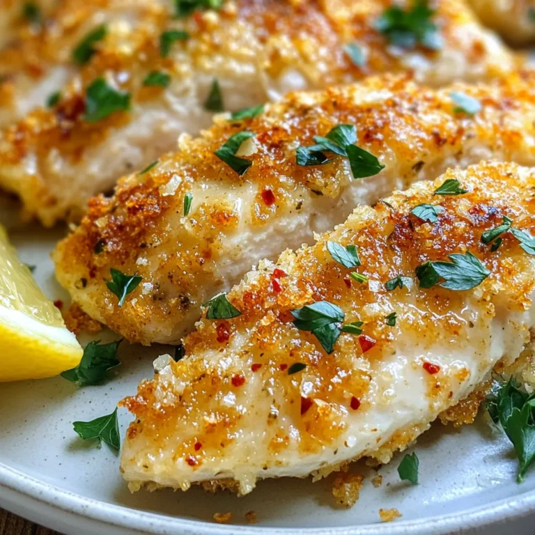 - 4 boneless, skinless chicken fillets - 1/2 cup grated Parmesan cheese - 1/4 cup breadcrumbs (preferably panko for extra crunch) - 2 cloves garlic, minced - 1 teaspoon crushed red pepper flakes (adjust for spice preference) - 1 teaspoon paprika - 1 teaspoon dried Italian herbs (oregano, basil, thyme) - Salt and pepper to taste - 1/4 cup fresh parsley, chopped (for garnish) - 2 tablespoons olive oil These ingredients work together to create a tasty dish. The chicken fillets are the main star. The grated Parmesan cheese gives a rich flavor. The garlic adds a great aroma and taste. The breadcrumbs provide a crispy coating. If you do not have panko, you can use regular breadcrumbs. You can also replace Parmesan with Pecorino Romano for a sharper flavor. If you don’t have fresh parsley, try using basil or cilantro. For a dairy-free option, use nutritional yeast instead of cheese. You can also swap olive oil with melted butter, which adds a nice flavor. Fresh herbs can brighten the dish. Try adding fresh basil or thyme in place of dried herbs. You can also sprinkle some fresh oregano for a more aromatic taste. If you want a kick, add more crushed red pepper flakes. A dash of lemon zest also adds a refreshing twist. Use these ideas to make the dish your own. Enjoy cooking! {{ingredient_image_1}} To make Spicy Garlic Parmesan Chicken Fillets, start by gathering all your ingredients. You need four boneless, skinless chicken fillets. You'll also need grated Parmesan cheese, breadcrumbs, garlic, and spices. Keep salt and pepper handy too. Preheat your oven to 400°F (200°C). This will ensure the chicken cooks evenly. Line a baking sheet with parchment paper for easy cleanup. In a bowl, mix the grated Parmesan, breadcrumbs, garlic, crushed red pepper, paprika, and herbs. Stir until everything blends well. Next, pat the chicken fillets dry. Drizzle olive oil over both sides of each fillet. This helps the breading stick. Now, take each fillet and coat it in the cheese mixture. Press down gently to make sure it sticks. Place the coated fillets on the baking sheet. Bake them for 20-25 minutes. Check that they reach 165°F (75°C) inside. This means they are safe to eat. Once done, let the chicken rest before serving. To get the best results, use panko breadcrumbs. They add extra crunch. Make sure the chicken fillets are dry before adding oil. This helps the coating stick better. If you want more spice, add extra red pepper flakes. For a fresh look, garnish with parsley. A squeeze of lemon can brighten the flavors too. Enjoy your tasty chicken fillets! To boost the taste of Spicy Garlic Parmesan Chicken Fillets, use fresh ingredients. Fresh garlic adds a strong punch. You can also try mixing in lemon zest for a citrus kick. If you love heat, add more crushed red pepper flakes. For a savory depth, use a bit of smoked paprika. This adds a nice smoky flavor to the dish. You can cook these chicken fillets in various ways: - Air Fryer: Preheat your air fryer to 375°F (190°C). Cook the fillets for 15-20 minutes. Check that they reach 165°F (75°C) inside. This method makes them extra crispy. - Grilling: Preheat your grill to medium-high heat. Grill the fillets for about 6-8 minutes on each side. Use a meat thermometer to ensure they are cooked through. Both methods will give you delicious results. Experiment to see which one you prefer! These chicken fillets pair well with many sides. Serve them with a fresh salad for a light meal. You can also try mashed potatoes or rice to make it hearty. A side of roasted veggies adds color and nutrition. For a bright touch, add lemon wedges on the side. The lemon juice balances the flavors nicely. Enjoy your meal! Pro Tips Tip Title: Ensure Crispiness: For an extra crispy coating, consider using panko breadcrumbs and lightly toasting them in a dry skillet before mixing them with the cheese. Tip Title: Marinate for Flavor: For deeper flavor, marinate the chicken fillets in olive oil, minced garlic, and herbs for at least 30 minutes before coating. Tip Title: Use a Meat Thermometer: To ensure perfectly cooked chicken, use a meat thermometer to check that the internal temperature reaches 165°F (75°C). Tip Title: Experiment with Spices: Feel free to adjust the amount of crushed red pepper flakes or add other spices like cayenne or smoked paprika for a unique flavor twist. {{image_2}} You can swap out the chicken fillets for other proteins. Try using boneless pork chops or turkey cutlets. Fish like salmon or tilapia also works well. Each protein brings a new taste to the dish. Just make sure to adjust cooking times. Fish cooks faster, while pork and turkey may take longer. Use a meat thermometer to check for doneness. If you have picky eaters at home, customize the dish to suit their tastes. You can leave out the crushed red pepper for less spice. Instead, add more garlic for a richer flavor. You can also use plain breadcrumbs and reduce the Parmesan. Serve with a side of dipping sauce like ranch or honey mustard. This makes the meal more fun and appealing to kids. For a low-carb option, skip the breadcrumbs altogether. Coat the chicken with more Parmesan cheese instead. You can also use ground almonds or crushed pork rinds for a crunchy coating. If you need a gluten-free meal, look for gluten-free breadcrumbs. Check labels to ensure they meet your dietary needs. These options keep the dish tasty while meeting different diets. To keep your spicy garlic Parmesan chicken fillets fresh, place them in an airtight container. This helps prevent moisture loss. Store them in the fridge for up to three days. Make sure they cool down to room temperature before sealing the container. When you want to enjoy your leftovers, preheat your oven to 375°F (190°C). Place the chicken on a baking sheet lined with parchment paper. Heat for about 10-15 minutes, or until warmed through. You can also use a microwave. Just cover the chicken with a damp paper towel and heat for 1-2 minutes. If you want to freeze the chicken, wrap each fillet tightly in plastic wrap. Then, place them in a freezer bag or airtight container. You can freeze them for up to three months. When you're ready to eat, let the chicken thaw overnight in the fridge before reheating. To keep chicken moist, always pat it dry before cooking. Use olive oil to coat the fillets. This step makes the chicken juicy and helps the breading stick. Baking at the right temperature is key. Cook to an internal temperature of 165°F (75°C). Let the chicken rest after cooking. This lets the juices spread throughout the meat. Yes, you can use frozen chicken fillets. Just make sure to thaw them completely before cooking. Thawing ensures even cooking. You can place the chicken in the fridge overnight. If you’re in a hurry, use the microwave on the defrost setting. Once thawed, follow the recipe as usual. The cooking time might be slightly longer. To make this recipe less spicy, reduce the crushed red pepper flakes. You can skip them entirely if you prefer no heat. Add more Parmesan cheese for flavor without spice. Another option is to use mild paprika instead of regular paprika. These changes will keep the dish tasty but less fiery. In this blog post, we covered key ingredients and step-by-step instructions for baking chicken fillets. We explored tips for flavor and different cooking methods. We also discussed variations for various diets and picky eaters. Lastly, we shared storage info to keep your meals fresh. You now have all the tools you need to create a delicious dish. Enjoy your cooking journey!