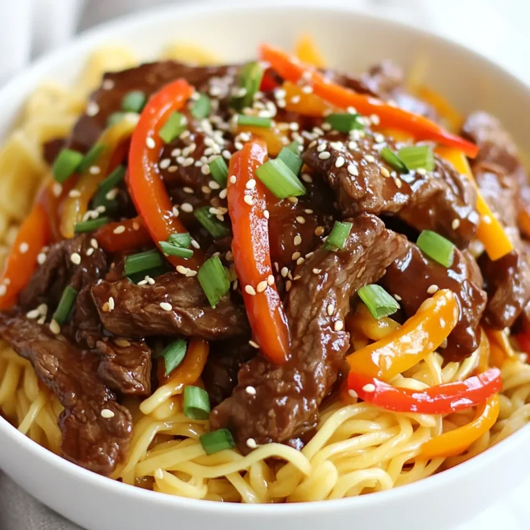 - 200g beef sirloin, thinly sliced - 250g egg noodles - 2 tablespoons soy sauce - 1 tablespoon oyster sauce - 1 tablespoon brown sugar - 1 tablespoon sesame oil - 2 cloves garlic, minced - 1-inch piece of ginger, grated - 1 bell pepper, sliced (any color) - 1 carrot, julienned - 1 spring onion, chopped for garnish - Sesame seeds for garnish The main ingredients create a rich base for the dish. The beef sirloin gives a tender bite. The egg noodles soak up the sauce and bring a hearty feel. Soy sauce and oyster sauce add saltiness and umami. Brown sugar balances the flavors with sweetness. Sesame oil lends a nutty aroma. Next, we have the aromatics and vegetables. Garlic and ginger provide a warm, spicy kick. They also create a fragrant base. The bell pepper adds color and crunch. Carrots contribute sweetness and texture. Lastly, the spring onion and sesame seeds are perfect for garnishing. They add a fresh look and a little crunch. Using fresh ingredients is key in this recipe. Choose bright vegetables for the best taste. Quality beef enhances the overall flavor. This mix of ingredients makes every bite enjoyable. {{ingredient_image_1}} First, cook the egg noodles. Follow the package instructions closely. Drain them when done and set aside. This step is crucial for the dish's texture. Perfectly cooked noodles will hold the sauce well. Next, grab a small bowl. Mix two tablespoons of soy sauce, one tablespoon of oyster sauce, and one tablespoon of brown sugar. Stir until combined. This sauce is the heart of your sticky beef noodles. It adds a sweet and savory flavor that makes the dish shine. Now, heat one tablespoon of sesame oil in a large skillet or wok over medium-high heat. Add two cloves of minced garlic and one inch of grated ginger. Sauté for about 30 seconds. You want to smell the garlic and ginger, but not burn them. Raise the heat to high and add 200g of thinly sliced beef sirloin. Stir-fry for 2-3 minutes until the beef is browned. Next, toss in one sliced bell pepper and one julienned carrot. These veggies add color and crunch. Stir-fry for another 2 minutes. Pour the sauce over the beef and vegetables. Stir well to combine. Let it simmer for 1-2 minutes until the sauce thickens slightly. This is when the flavors really meld together. Finally, add the cooked noodles to the skillet. Toss everything together to coat the noodles in the sticky sauce. This will create a wonderful blend of flavors. Serve hot, and enjoy the deliciousness! To get the best flavor from your beef sirloin, slice it thinly. This helps the meat absorb the sauce better. Here are some tips: - Chill the beef: Place it in the freezer for about 30 minutes. This makes it firm and easy to cut. - Use a sharp knife: A sharp knife gives you clean cuts. Aim for slices about 1/4 inch thick. - Cut against the grain: Look for the lines in the meat. Cutting across these lines makes the beef more tender. The sauce is key to sticky beef noodles. To make it just right: - Cook on high heat: High heat helps thicken the sauce quickly. - Watch the time: After adding the sauce, simmer it for 1-2 minutes. This lets the flavors blend and thicken. - Stir constantly: Keep stirring to prevent burning. This also helps the sauce thicken evenly. Garnishing makes your dish look amazing! Here’s how to do it: - Use fresh ingredients: Chopped spring onions add color and freshness. - Sprinkle sesame seeds: These add a nice crunch and visual appeal. - Play with colors: Use colorful veggies like bell peppers to make the dish pop. Pro Tips Slice Against the Grain: Ensure your beef sirloin is sliced against the grain for maximum tenderness in each bite. Veggie Variations: Feel free to mix and match vegetables based on your preferences; broccoli, snap peas, or zucchini work great too! Customize the Sauce: Adjust the soy sauce and oyster sauce ratio to suit your taste—add more for a saltier flavor or more sugar for sweetness. Garnish for Appeal: Enhance presentation by adding chopped herbs like cilantro or parsley along with sesame seeds for extra texture and flavor. {{image_2}} To make this dish vegetarian, swap the beef for tofu or mushrooms. Tofu works well because it absorbs flavors nicely. Use firm tofu and cut it into small cubes. Sauté the tofu until golden brown. For mushrooms, shiitake or portobello add a great umami taste. Slice them thinly and cook them in the same way you would beef. Both options will give you a tasty meal. Don't forget to add extra veggies for more flavor and texture. If you need a gluten-free meal, you can change the soy sauce and noodles. Use tamari as a gluten-free soy sauce. It has a similar taste and works great in the recipe. For noodles, look for rice noodles or gluten-free egg noodles. They cook quickly and hold the sauce well. Follow the package instructions to prepare them. This way, you can enjoy sticky beef noodles without gluten. To add some heat, consider using chili sauce or fresh peppers. Sriracha is an easy choice; just mix it into the sauce. Start with a small amount and add more to your taste. If you prefer fresh peppers, slice jalapeños or Thai chilies and toss them in with the veggies. This will give your dish a nice kick. Adjust the spice level based on your preference, and enjoy the fiery twist! To keep your sticky beef noodles fresh, store them in an airtight container. Make sure to let the noodles cool down before sealing. This helps prevent sogginess. Place the container in the fridge. They will stay good for up to three days. If you want to keep them longer, consider freezing. When you're ready to enjoy your leftovers, reheating is key. Use a pan over medium heat. Add a splash of water or broth to keep moisture. Stir gently for even heating. This method helps keep the noodles soft and the beef tender. You can also use the microwave. Just cover the bowl with a lid or a damp paper towel. To freeze sticky beef noodles, first, let them cool completely. Then, portion them into freezer-safe bags. Press out as much air as possible before sealing. Label each bag with the date. They can last up to three months in the freezer. When ready to eat, move them to the fridge to thaw overnight. You can also use the microwave for quick thawing, but be sure to stir well as they heat. You can serve sticky beef noodles with many tasty side dishes. Here are some great ideas: - Steamed broccoli for a crunchy texture. - A fresh salad with a light dressing. - Fried rice to add more flavor. - Spring rolls for a fun appetizer. - Pickled vegetables for a tangy bite. These sides will balance the richness of the noodles and beef. Making sticky beef noodles ahead is simple and smart. Here are some tips: - Cook the beef and sauce first, then store them in an airtight container. - Cook the noodles but do not toss them with the sauce yet. - Keep noodles and beef separate to avoid sogginess. - When ready to eat, reheat the beef and sauce and mix in the noodles. - This way, your meal stays fresh and tasty! Yes, you can use different noodles! Here are some options: - Rice noodles cook quickly and have a nice texture. - Soba noodles are a good choice for a nutty flavor. - Udon noodles are thick and chewy, adding a hearty feel. Always check the cooking time on the package. Adjust your stir-frying time as needed. Sticky beef noodles are a simple, tasty dish. We covered key ingredients like beef, noodles, and flavorful sauces. I shared step-by-step instructions, helpful tips for slicing and garnishing, and tasty variations for everyone's needs. Proper storage and reheating methods ensure your dish stays fresh. With these insights, you can confidently make sticky beef noodles your own. Enjoy experimenting with flavors and techniques!