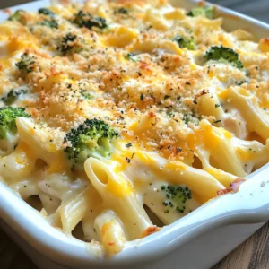- 2 cups cooked pasta (penne or rotini) - 1 cup cooked chicken breast, shredded - 2 cups broccoli florets, steamed - 1 cup cheddar cheese, shredded - 1 cup mozzarella cheese, shredded - 1 cup cream cheese - 1 cup chicken broth - 1 teaspoon garlic powder - 1 teaspoon onion powder - 1 teaspoon Italian seasoning - 1/2 teaspoon black pepper - Salt to taste - 1/2 cup breadcrumbs (for topping) - 2 tablespoons olive oil When I prepare this dish, I love using fresh ingredients. The pasta should be cooked al dente. It holds its shape better in the bake. Shredded chicken adds protein and flavor. I often use leftover rotisserie chicken for ease. Steamed broccoli gives a bright color and crunch. I prefer florets for even cooking. The combination of cheddar and mozzarella cheese creates a creamy texture. Cream cheese adds richness and binds everything together. I season the mix with garlic powder and onion powder for depth. Italian seasoning brings warmth, while black pepper adds a slight kick. I always taste the mix before baking. Adjusting salt is key for balance. The breadcrumbs on top give a nice crunch. Mixing them with olive oil helps them brown. This adds a delightful texture to the dish. Always check for allergens when serving. This recipe contains dairy and gluten. It can be a hearty meal for families. Enjoy making this dish just as much as I do! {{ingredient_image_1}} 1. Preheat your oven to 350°F (175°C). This step is key for even cooking. 2. In a large bowl, add 2 cups of cooked pasta, 1 cup of shredded chicken, and 2 cups of steamed broccoli. Stir gently to combine them well. 1. In a separate bowl, mix 1 cup of cream cheese and 1 cup of chicken broth until smooth. 2. Stir in 1 teaspoon of garlic powder, 1 teaspoon of onion powder, 1 teaspoon of Italian seasoning, 1/2 teaspoon of black pepper, and salt to taste. This mix adds great flavor. 3. Pour the cream cheese mixture over the pasta, chicken, and broccoli. Stir gently to coat everything evenly. 4. Add half of the cheddar and mozzarella cheese. Mix again to combine. 5. Transfer everything to a greased 9x13 inch baking dish. Spread it out evenly. 6. Top with the rest of the cheddar and mozzarella cheese. 7. In a small bowl, mix 1/2 cup of breadcrumbs with 2 tablespoons of olive oil. Sprinkle this mix over the cheese for a crunchy topping. 8. Bake in the preheated oven for 25-30 minutes. Look for melted cheese and a golden brown top. 1. Allow the bake to cool slightly before serving. This makes it easier to dish out. 2. For serving, I suggest plating individual portions. A sprinkle of fresh herbs, like basil or parsley, adds color. You can also add extra cheese on top for fun! - To prepare broccoli correctly, cut it into small florets. Steam it for about 4-5 minutes. This gives a bright green color and keeps it tender yet crunchy. - For the best pasta, use penne or rotini. These shapes hold the sauce well. They also mix nicely with the chicken and broccoli. - Ensure even coating of all ingredients. Pour the cream cheese mixture over the pasta and stir gently. This way, every bite is creamy and full of flavor. - For the perfect cheese melt, use a mix of cheddar and mozzarella. This combo gives a great stretch and rich taste. Add the cheese to the top layer for a golden crust. - Garnish with fresh herbs like basil or parsley. This adds color and a fresh taste to your dish. - Serve in individual portions with a sprinkle of extra cheese on top. This makes the dish look appealing and inviting. Pro Tips Cook Pasta Al Dente: Make sure to cook the pasta just until al dente, as it will continue to cook in the oven and absorb some of the sauce. Use Rotisserie Chicken: For convenience and added flavor, consider using rotisserie chicken instead of cooking your own. Customize Your Vegetables: Feel free to mix in or substitute other vegetables such as spinach, bell peppers, or carrots for added nutrition and flavor. Make Ahead: This dish is perfect for meal prep! Assemble it in advance and store it in the refrigerator for up to 24 hours before baking. {{image_2}} You can easily swap ingredients in this dish. If you want a different protein, try turkey or tofu. Both options work well and taste great. For those who need dairy-free cheese, use almond or coconut-based cheese. These substitutes keep the dish creamy and flavorful. To add a unique twist, try different spices or herbs. A pinch of paprika or crushed red pepper can bring heat. Fresh herbs like basil or parsley can brighten the dish. You might also add other vegetables like bell peppers or spinach. These will boost the nutrition and color too. Feel free to change the pasta shape. Shells, fusilli, or even spaghetti can work nicely. For a healthier option, use whole grain pasta. If you want to avoid gluten, try gluten-free pasta. Both options give you a tasty meal while fitting your needs. To store leftovers, let the dish cool first. Place it in an airtight container. This keeps the pasta bake fresh. You can keep it in the fridge for up to 3 days. For freezing, allow the dish to cool completely. Wrap it tightly in plastic wrap. Then, place it in a freezer-safe bag. This helps to avoid freezer burn. You can freeze it for up to 2 months. When ready to eat, thaw it overnight in the fridge. To reheat, use the oven for the best texture. Preheat it to 350°F (175°C). Place the pasta bake in an oven-safe dish. Cover it with foil to keep it moist. Heat for about 20-25 minutes. You can also microwave it for quick reheating. Just use a microwave-safe bowl and cover it. Add a splash of chicken broth if it looks dry. Enjoy the same great taste! Yes, you can make this dish ahead of time. Prepare it up to the baking step. Cover it tightly and store it in the fridge. When you're ready, bake it straight from the fridge. You may need to add a few extra minutes to the baking time. This saves time on busy nights. If you want a swap for cream cheese, use Greek yogurt or sour cream. Both give a creamy texture. You can also try ricotta cheese for a lighter option. Each choice alters the taste slightly but keeps it delicious. Yes, this dish works great for meal prep. You can portion it into containers. It stays tasty in the fridge for up to four days. Just reheat it in the microwave or oven when ready to eat. This makes lunch or dinner easy and quick. To make it vegetarian, skip the chicken. Replace it with more veggies or some beans for protein. You can add mushrooms, bell peppers, or zucchini for more flavor. This keeps the dish hearty and satisfying. Yes, frozen broccoli is a great choice. It cooks quickly and saves prep time. Just steam it before adding to the dish. This ensures it blends well with the pasta and cheese. This dish is simple yet rich. We covered all the key ingredients and steps. Remember, choose pasta you love and cook the broccoli well. You can mix things up with different proteins and flavors too. Store leftovers wisely to enjoy later. With these tips, you’ll impress everyone with your cooking. Enjoy your creamy pasta bake!