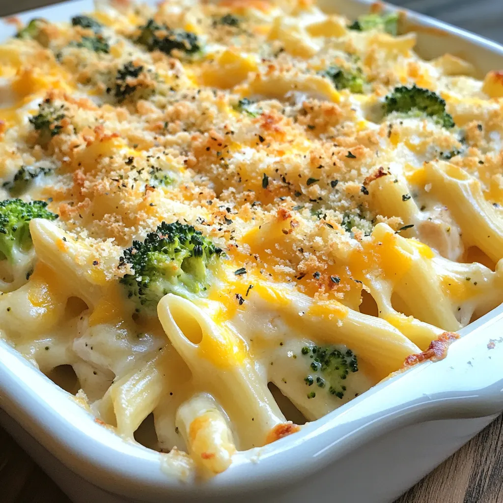 - 2 cups cooked pasta (penne or rotini) - 1 cup cooked chicken breast, shredded - 2 cups broccoli florets, steamed - 1 cup cheddar cheese, shredded - 1 cup mozzarella cheese, shredded - 1 cup cream cheese - 1 cup chicken broth - 1 teaspoon garlic powder - 1 teaspoon onion powder - 1 teaspoon Italian seasoning - 1/2 teaspoon black pepper - Salt to taste - 1/2 cup breadcrumbs (for topping) - 2 tablespoons olive oil When I prepare this dish, I love using fresh ingredients. The pasta should be cooked al dente. It holds its shape better in the bake. Shredded chicken adds protein and flavor. I often use leftover rotisserie chicken for ease. Steamed broccoli gives a bright color and crunch. I prefer florets for even cooking. The combination of cheddar and mozzarella cheese creates a creamy texture. Cream cheese adds richness and binds everything together. I season the mix with garlic powder and onion powder for depth. Italian seasoning brings warmth, while black pepper adds a slight kick. I always taste the mix before baking. Adjusting salt is key for balance. The breadcrumbs on top give a nice crunch. Mixing them with olive oil helps them brown. This adds a delightful texture to the dish. Always check for allergens when serving. This recipe contains dairy and gluten. It can be a hearty meal for families. Enjoy making this dish just as much as I do! {{ingredient_image_1}} 1. Preheat your oven to 350°F (175°C). This step is key for even cooking. 2. In a large bowl, add 2 cups of cooked pasta, 1 cup of shredded chicken, and 2 cups of steamed broccoli. Stir gently to combine them well. 1. In a separate bowl, mix 1 cup of cream cheese and 1 cup of chicken broth until smooth. 2. Stir in 1 teaspoon of garlic powder, 1 teaspoon of onion powder, 1 teaspoon of Italian seasoning, 1/2 teaspoon of black pepper, and salt to taste. This mix adds great flavor. 3. Pour the cream cheese mixture over the pasta, chicken, and broccoli. Stir gently to coat everything evenly. 4. Add half of the cheddar and mozzarella cheese. Mix again to combine. 5. Transfer everything to a greased 9x13 inch baking dish. Spread it out evenly. 6. Top with the rest of the cheddar and mozzarella cheese. 7. In a small bowl, mix 1/2 cup of breadcrumbs with 2 tablespoons of olive oil. Sprinkle this mix over the cheese for a crunchy topping. 8. Bake in the preheated oven for 25-30 minutes. Look for melted cheese and a golden brown top. 1. Allow the bake to cool slightly before serving. This makes it easier to dish out. 2. For serving, I suggest plating individual portions. A sprinkle of fresh herbs, like basil or parsley, adds color. You can also add extra cheese on top for fun! - To prepare broccoli correctly, cut it into small florets. Steam it for about 4-5 minutes. This gives a bright green color and keeps it tender yet crunchy. - For the best pasta, use penne or rotini. These shapes hold the sauce well. They also mix nicely with the chicken and broccoli. - Ensure even coating of all ingredients. Pour the cream cheese mixture over the pasta and stir gently. This way, every bite is creamy and full of flavor. - For the perfect cheese melt, use a mix of cheddar and mozzarella. This combo gives a great stretch and rich taste. Add the cheese to the top layer for a golden crust. - Garnish with fresh herbs like basil or parsley. This adds color and a fresh taste to your dish. - Serve in individual portions with a sprinkle of extra cheese on top. This makes the dish look appealing and inviting. Pro Tips Cook Pasta Al Dente: Make sure to cook the pasta just until al dente, as it will continue to cook in the oven and absorb some of the sauce. Use Rotisserie Chicken: For convenience and added flavor, consider using rotisserie chicken instead of cooking your own. Customize Your Vegetables: Feel free to mix in or substitute other vegetables such as spinach, bell peppers, or carrots for added nutrition and flavor. Make Ahead: This dish is perfect for meal prep! Assemble it in advance and store it in the refrigerator for up to 24 hours before baking. {{image_2}} You can easily swap ingredients in this dish. If you want a different protein, try turkey or tofu. Both options work well and taste great. For those who need dairy-free cheese, use almond or coconut-based cheese. These substitutes keep the dish creamy and flavorful. To add a unique twist, try different spices or herbs. A pinch of paprika or crushed red pepper can bring heat. Fresh herbs like basil or parsley can brighten the dish. You might also add other vegetables like bell peppers or spinach. These will boost the nutrition and color too. Feel free to change the pasta shape. Shells, fusilli, or even spaghetti can work nicely. For a healthier option, use whole grain pasta. If you want to avoid gluten, try gluten-free pasta. Both options give you a tasty meal while fitting your needs. To store leftovers, let the dish cool first. Place it in an airtight container. This keeps the pasta bake fresh. You can keep it in the fridge for up to 3 days. For freezing, allow the dish to cool completely. Wrap it tightly in plastic wrap. Then, place it in a freezer-safe bag. This helps to avoid freezer burn. You can freeze it for up to 2 months. When ready to eat, thaw it overnight in the fridge. To reheat, use the oven for the best texture. Preheat it to 350°F (175°C). Place the pasta bake in an oven-safe dish. Cover it with foil to keep it moist. Heat for about 20-25 minutes. You can also microwave it for quick reheating. Just use a microwave-safe bowl and cover it. Add a splash of chicken broth if it looks dry. Enjoy the same great taste! Yes, you can make this dish ahead of time. Prepare it up to the baking step. Cover it tightly and store it in the fridge. When you're ready, bake it straight from the fridge. You may need to add a few extra minutes to the baking time. This saves time on busy nights. If you want a swap for cream cheese, use Greek yogurt or sour cream. Both give a creamy texture. You can also try ricotta cheese for a lighter option. Each choice alters the taste slightly but keeps it delicious. Yes, this dish works great for meal prep. You can portion it into containers. It stays tasty in the fridge for up to four days. Just reheat it in the microwave or oven when ready to eat. This makes lunch or dinner easy and quick. To make it vegetarian, skip the chicken. Replace it with more veggies or some beans for protein. You can add mushrooms, bell peppers, or zucchini for more flavor. This keeps the dish hearty and satisfying. Yes, frozen broccoli is a great choice. It cooks quickly and saves prep time. Just steam it before adding to the dish. This ensures it blends well with the pasta and cheese. This dish is simple yet rich. We covered all the key ingredients and steps. Remember, choose pasta you love and cook the broccoli well. You can mix things up with different proteins and flavors too. Store leftovers wisely to enjoy later. With these tips, you’ll impress everyone with your cooking. Enjoy your creamy pasta bake!