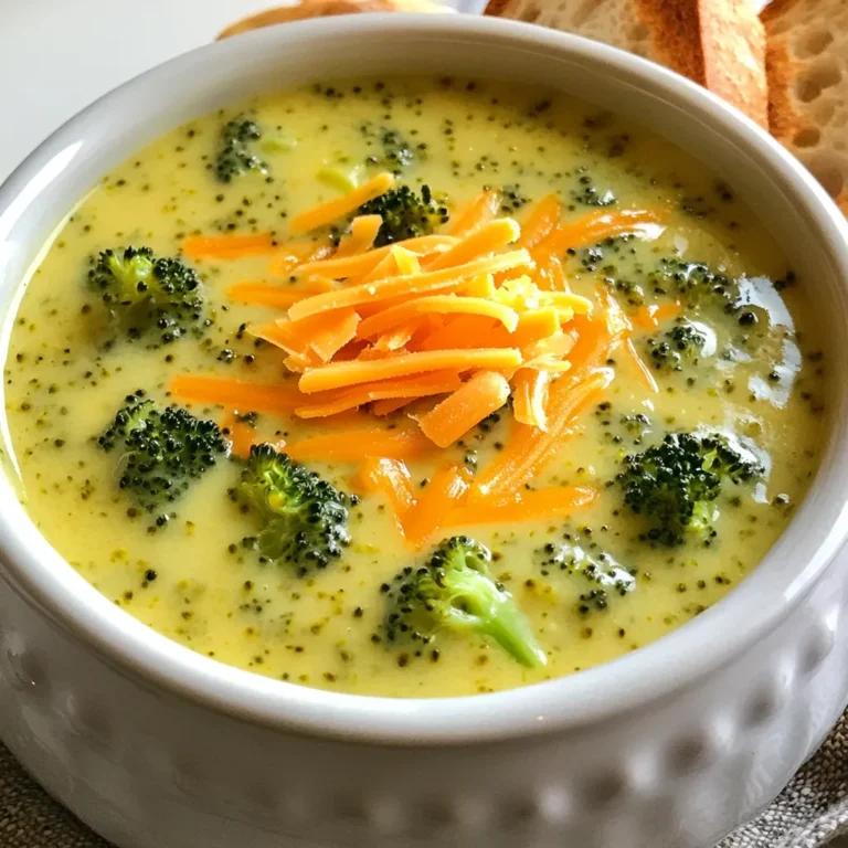 - 4 cups fresh broccoli florets - 1 cup shredded carrots - 1/2 cup chopped onion - 3 cups vegetable broth - 1 cup heavy cream - 1 1/2 cups shredded sharp cheddar cheese - 4 tablespoons butter - 1 tablespoon olive oil - 1 teaspoon garlic powder - Salt and pepper to taste - 1/4 cup all-purpose flour To make this soup, you need fresh and quality ingredients. The broccoli gives it a nice green color and crunch. Carrots add a sweet touch, while onions bring depth to the flavor. You will also need vegetable broth and heavy cream to make it rich and creamy. For cheese lovers, sharp cheddar is the star here. It melts beautifully and gives the soup that amazing cheesy flavor. Butter and olive oil help sauté the veggies and add richness. The garlic powder, salt, and pepper round out the taste. Finally, flour thickens the soup to a velvety texture. Getting these ingredients ready makes the cooking process smooth. You can find most of these at your local grocery store. Freshness is key for the best taste! {{ingredient_image_1}} - Heat oil and butter in a large pot. - Sauté onion until translucent. - Add broccoli and carrots, cook for 5 minutes. Start by heating a mix of olive oil and butter in your pot. This helps build flavor. Once the oil is hot, add the chopped onion. Cook it until it turns a clear color. This should take about 5 minutes. Next, add in the fresh broccoli florets and shredded carrots. Stir them well and let them cook for another 5 minutes. This step brings out their natural sweetness. - Sprinkle flour over vegetables and stir. - Slowly add vegetable broth while stirring. Now it’s time to make the soup base. Sprinkle the flour over the cooked veggies. Stir it in well to coat everything evenly. Cook for about 2 to 3 minutes. This helps get rid of the raw flour taste. After that, slowly pour in the vegetable broth. Keep stirring to avoid lumps. Bring your mixture to a gentle simmer. - Stir in heavy cream and simmer. - Add garlic powder, salt, and pepper. - Mix in cheddar cheese until melted. Once your soup is simmering, reduce the heat. Now, pour in the heavy cream. Let it simmer for about 5 minutes. This makes the soup rich and creamy. Next, add garlic powder, salt, and pepper to taste. Finally, stir in the shredded cheddar cheese. Keep stirring until the cheese melts and the soup is smooth. If you want it creamier, use an immersion blender to blend some of the soup. This gives you a nice balance of texture. - Use fresh ingredients for the best taste. Fresh broccoli and cheese make a big difference. - Experiment with different types of cheese. Try gouda or pepper jack for new flavors. - Use an immersion blender for creaminess. Blend part of the soup for a smooth texture. - Leave some chunks for added texture. This keeps the soup hearty and fun to eat. - Serve with extra cheddar cheese on top. A sprinkle of cheese makes it look gourmet. - Pair with a crusty baguette. The bread is great for dipping and adds crunch. Pro Tips Use Fresh Ingredients: Always opt for fresh broccoli and carrots for the best flavor and texture in your soup. Cheese Variations: Experiment with different cheese types, like Gruyère or Monterey Jack, for unique flavor profiles. Make it Vegan: Substitute heavy cream with coconut milk or a cashew cream for a dairy-free version, and use vegetable broth. Storage Tips: This soup can be stored in the refrigerator for up to 3 days or frozen for up to a month. Reheat gently on the stove. {{image_2}} You can easily change the base of this soup. - Swap vegetable broth with chicken broth for a richer flavor. - Use plant-based milk, like almond or oat milk, for a lighter version. These swaps keep the taste fresh and fun. Feeling adventurous? Add some extra ingredients. - Include cooked chicken for a protein boost. This makes it heartier. - Try adding different vegetables like cauliflower for a twist. This adds more color and taste. Mixing in these extras can make your soup unique. Want to add some heat? Here’s how. - Incorporate red pepper flakes to give it a kick. Just a pinch can change the game. - Experiment with fresh herbs like thyme. They add depth and fresh flavor. These spices and herbs elevate your soup to the next level. Store the soup in airtight containers. It will stay fresh for up to 4 days. This way, you can easily enjoy it again without losing flavor. For longer storage, freeze the soup in portions. This makes reheating quick and easy. Always thaw the soup before reheating it on the stove. This helps keep the texture just right. When it's time to eat, reheat the soup on the stovetop. This method gives the best results. If the soup seems too thick, add a splash of broth. This will adjust the consistency and make it smooth again. Yes, you can make this soup dairy-free. Use dairy-free cheese made from nuts or soy. For cream, try coconut cream or cashew cream. Both choices work well and keep the flavor tasty and rich. This soup takes about 30 minutes to cook. You need 15 minutes for prep and 15 minutes for cooking. It's quick and easy, perfect for a weeknight meal. Pair this soup with a crusty baguette or a fresh salad. You can also add some crackers for a nice crunch. These sides enhance the soup's creamy taste and make the meal more filling. This blog post covered how to make a delicious vegetable soup. We explored fresh ingredients like broccoli and carrots, used vegetable broth, and added cheddar cheese for flavor. You learned simple steps to create the soup and tips for enhancing taste and texture. Remember to store leftovers properly for future meals. With a few tweaks, you can make it your own. Enjoy experimenting with different flavors and enjoy your perfect bowl of soup!