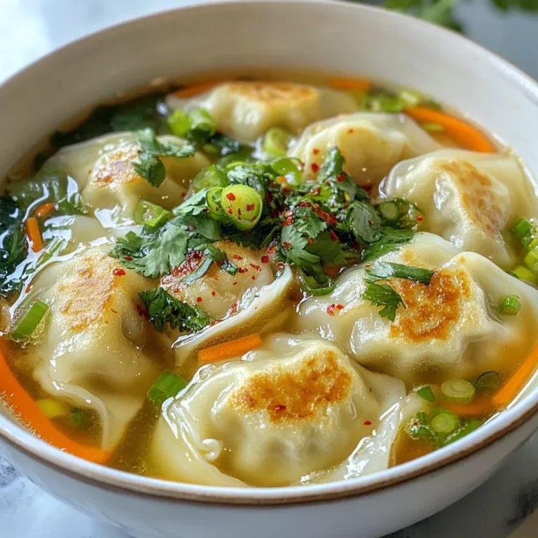 To make a warm bowl of gyoza dumpling soup, you need a few key items: - 20 gyoza dumplings (store-bought or homemade) - 4 cups chicken or vegetable broth - 1 cup water - 1 tablespoon soy sauce - 1 teaspoon sesame oil - 1 inch ginger, thinly sliced - 3 green onions, chopped - 1 cup bok choy, roughly chopped - 1 carrot, julienned - Salt and pepper to taste These ingredients create a comforting base for your soup. The gyoza add texture, while the broth gives rich flavor. You can add a few garnishes to make your soup shine: - Fresh cilantro for garnish - Chili oil (optional) Cilantro adds a fresh taste. Chili oil gives a nice kick, if you like spice. If you don’t have some ingredients, don’t worry! Here are some swaps you can make: - Use frozen gyoza if fresh ones are not available. - Swap bok choy for spinach or kale. - Replace chicken broth with vegetable broth for a vegetarian option. These changes keep your soup tasty and easy to prepare. Feel free to mix and match based on what you have! {{ingredient_image_1}} Start by grabbing a large pot. Combine four cups of chicken or vegetable broth and one cup of water. Add one tablespoon of soy sauce and one inch of sliced ginger. Bring this mix to a gentle boil over medium heat. The ginger adds a nice touch of warmth. Once your broth is boiling, it’s time for the gyoza dumplings. Add twenty dumplings to the pot. Lower the heat to a simmer. Cook the dumplings for about six to eight minutes. While they cook, chop one cup of bok choy and julienne one carrot. Add these to the pot after the dumplings have simmered for a bit. Let them cook for two to three minutes until they're tender. Now, stir in one teaspoon of sesame oil and three chopped green onions. Season with salt and pepper to your taste. Carefully remove the pot from heat and toss out the ginger slices. Serve the soup hot in deep bowls. Garnish with fresh cilantro and add chili oil for a kick, if you like. For a fun touch, serve with chopsticks or a spoon. Enjoy! To get the best taste from your gyoza dumpling soup, focus on the broth. Use high-quality chicken or vegetable broth as your base. This will give your soup a rich and savory flavor. Adding soy sauce enhances the umami taste. Don't skip the sesame oil; it adds a nutty aroma. Always taste your soup as you go, adjusting with salt and pepper for balance. A few common mistakes can ruin your soup. First, don't overcrowd the pot with too many dumplings. This can make them stick together. Second, avoid boiling the soup too hard. A gentle simmer helps keep the dumplings intact. Lastly, remember to remove the ginger slices before serving. They can be too strong if left in. Making gyoza dumpling soup ahead of time is easy. You can prepare the broth and chop the veggies in advance. Store them in the fridge for up to two days. When you’re ready to eat, just heat the broth, add the dumplings, and cook as usual. This saves time on busy nights. You can also freeze the soup. Just leave out the dumplings and add them fresh when reheating. Pro Tips Use Fresh Ingredients: Fresh vegetables like bok choy and carrots enhance the flavor and texture of the soup. Opt for seasonal produce for the best taste. Customize the Broth: Experiment with different broths or add spices like star anise or garlic for a unique flavor profile that suits your taste. Gyoza Cooking Tip: Avoid overcrowding the pot when cooking gyoza. This ensures even cooking and prevents them from sticking together. Garnish for Flavor: Fresh cilantro and a drizzle of chili oil not only add a beautiful touch but also elevate the overall flavor of the soup. {{image_2}} You can use many types of gyoza in this soup. Store-bought gyoza saves time. You can find pork, chicken, or shrimp flavors. They all work great in the broth. If you want to try something special, make your own. Homemade gyoza allows you to mix your favorite fillings. Just remember to seal them well. This keeps the flavor inside while cooking. Making a vegetarian or vegan version is easy. Just swap the meat gyoza for vegetable ones. Many brands offer tasty vegetable gyoza. You can also make your own using tofu and veggies. For the broth, use vegetable broth instead of chicken. This keeps the soup rich in flavor. Add mushrooms for an earthy taste. You can also use more greens like spinach or kale. These options make the soup light yet satisfying. If you love spice, add some heat! You can use chili oil for a kick. Just drizzle it on top before serving. You might also add sliced fresh chili peppers to the broth. This gives a nice warmth. For even more flavor, include sriracha or a spicy sauce. Just remember to adjust the amount to your taste. Enjoy the warmth of this spicy twist! To store leftover Gyoza Dumpling Soup, let it cool first. Pour the soup into an airtight container. Make sure to keep the dumplings and broth together for best taste. Store it in the fridge for up to three days. Label the container with the date so you know when to use it. When you’re ready to eat, take the soup out of the fridge. Pour it into a pot and heat over medium heat. Stir it gently to ensure even heating. If it seems too thick, add a splash of water or broth. Heat until it’s hot, but do not let it boil. You can also use the microwave. Just cover it loosely and heat in short bursts. Stir in between to avoid hot spots. If you want to freeze the soup, it’s best to do it before adding the dumplings. Freeze the broth and vegetables in a freezer-safe container. This way, the texture stays nice. You can store it for up to three months. When you’re ready to enjoy it, thaw it in the fridge overnight. Then, add fresh gyoza dumplings and cook as usual. This gives you a fresh taste every time! Yes, you can use frozen gyoza dumplings. They are a great time saver. Just add them directly to your broth. Follow the package instructions for cooking time. This way, you get a quick meal without losing flavor. Gyoza dumpling soup comes from Japan. Gyoza itself is inspired by Chinese potstickers. The soup combines rich broth with tender dumplings. It became popular for its comforting taste. Many families enjoy it on cold days or when sick. Making homemade gyoza is fun and simple. Here’s how: - Dough: Mix flour and water to form a dough. - Filling: Use ground meat, vegetables, and soy sauce. - Shape: Roll out dough and cut circles. Add filling, then fold and pinch edges. - Cook: Steam, pan-fry, or boil the dumplings until done. You can customize the filling to fit your taste. Experiment with different flavors for a unique twist! Gyoza dumpling soup is a comforting dish packed with flavor. We covered the main ingredients, optional garnishes, and helpful substitutions. You learned step-by-step how to make the broth, cook the gyoza, and serve it up. Tips shared help you avoid mistakes and enhance flavor. Variations let you customize the soup to your taste, whether you want it spicy, vegetarian, or with different gyoza. With storage and reheating tips, you can enjoy leftovers easily. Remember, this soup is simple and fun to make, bringing warmth to any meal.