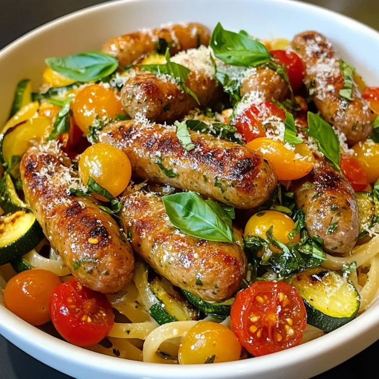 - Chicken sausages (4, sliced) - Zucchini (2 medium, diced) - Whole wheat pasta (8 oz, like penne or fusilli) - Cherry tomatoes (1 cup, halved) - Garlic (2 cloves, minced) - Red pepper flakes (1/2 teaspoon, optional) - Olive oil (1 tablespoon) - Salt and pepper (to taste) - Fresh basil leaves (for garnish) - Grated parmesan cheese (for serving, optional) When I think of comfort food, chicken sausages with zucchini and pasta come to mind. This meal is quick to prepare and full of flavor. You can enjoy it any night of the week. The main ingredients shine in this dish. Chicken sausages give it a nice savory kick. Zucchini adds a fresh crunch. Whole wheat pasta makes it hearty and fills you up. Cherry tomatoes bring a burst of sweetness. You can add garlic for depth. Red pepper flakes are great if you want some heat. Olive oil adds richness to the dish. Salt and pepper help enhance all the flavors. Fresh basil gives a nice finishing touch. Grated parmesan cheese is optional, but it adds a creamy element. Gather these ingredients before you start cooking. Having everything ready makes the process smooth and fun. You’ll be amazed at how easy it is to create a delicious meal that feels gourmet. Enjoy cooking! {{ingredient_image_1}} - Boil salted water in a large pot. - Add 8 oz of whole wheat pasta and cook until al dente. - Reserve 1/2 cup of the pasta cooking water. - Heat 1 tablespoon of olive oil in a skillet over medium heat. - Add 4 sliced chicken sausages to the skillet. - Brown the sausages for about 5-7 minutes until they are cooked through. - Incorporate 2 minced garlic cloves into the skillet. - Add 2 diced zucchinis and mix well. - Sauté until the zucchini is tender, about 4-5 minutes. - Stir in 1 cup of halved cherry tomatoes. - If you like heat, add 1/2 teaspoon of red pepper flakes. - Season with salt and pepper to taste. - Mix the cooked pasta with the sausage and vegetable mixture. - Pour in the reserved pasta cooking water. - Toss everything together and allow it to cook for 1-2 minutes to meld flavors. - Plate the dish hot for best taste. - Garnish with fresh basil leaves. - Optionally, sprinkle with grated parmesan cheese for extra flavor. When you pick your chicken sausages, go for lean options. Look for brands that keep things simple. Check for added flavors like herbs or spices. This can add a nice twist to your dish. Avoid sausages with too many fillers. They may not cook well and can affect taste. Cooking pasta is all about timing. Start with a big pot of salted water. Follow the package instructions for best results. You want your pasta to be al dente, which means firm but tender. Remember to reserve half a cup of pasta water before draining. This starchy water can help blend the sauce and pasta. Want to kick up the taste? Try adding fresh herbs like thyme or oregano. A touch of lemon zest can brighten your dish. Balance your spices carefully. If you add red pepper flakes, start with a little. You can always adjust it later. This helps keep the flavors in harmony and makes every bite enjoyable. Pro Tips Fresh Ingredients: Using fresh zucchini and tomatoes can elevate the flavors of this dish significantly. Cooking Pasta: Make sure to salt your pasta water well; it should taste like the sea to enhance the pasta's flavor. Customize the Heat: Adjust the amount of red pepper flakes to your preference for spice; you can omit it for a milder dish. Resting Time: Let the dish sit for a few minutes before serving to allow the flavors to blend beautifully. {{image_2}} You can change the veggies in this dish for fun. Try bell peppers, spinach, or broccoli. Each adds a new taste and color. For a seasonal twist, use asparagus in spring or squash in fall. These swaps keep your meals fresh and exciting. If you need gluten-free pasta, there are great choices. Brown rice, quinoa, or chickpea pasta works well. Just cook them according to the package. You may need to adjust the sauce or veggies to match the new pasta. This way, everyone can enjoy the dish. Want to swap the chicken sausages? Turkey or pork sausages are tasty options. They add a different flavor but still keep it simple. For a plant-based choice, look for veggie sausages made from soy or lentils. They offer a great taste while being meat-free. To store leftovers, place them in an airtight container. Make sure to cool the dish first. This keeps it fresh for 3 to 4 days. For best taste, eat it within two days. Avoid letting it sit out for too long. Also, make sure to mark the date on the container. When reheating, use the microwave or stovetop. If using a microwave, cover the container. Heat in short bursts to avoid overcooking. Stir often to keep everything warm. If on the stovetop, add a splash of water. This keeps the pasta from drying out. Heat gently on low to keep the texture nice. You can freeze the dish, but do it right. For best results, freeze it after cooking. Place it in a freezer-safe container. It will last about 2 to 3 months. When ready to eat, thaw it in the fridge overnight. Reheat it gently, adding water if needed. Avoid freezing uncooked ingredients, as they may not hold up well. Yes, you can use regular pasta. Whole wheat adds fiber and a nutty taste. Both will work well in this dish. You can store leftovers in the fridge for up to three days. Make sure to keep them in an airtight container. Yes, you can prepare this dish ahead. Cook the pasta and sausages, then store them separately. Combine them when ready to serve. You can use turkey sausages or pork sausages. For a vegetarian option, try plant-based sausages or beans. Yes, this recipe is great for meal prep. It stores well and reheats easily, making it perfect for quick meals. Add more red pepper flakes to the dish. You can also include diced jalapeños or a splash of hot sauce for extra heat. This recipe combines chicken sausages, zucchini, and whole wheat pasta for a tasty dish. Remember to cook your pasta just right and reserve some cooking water for better flavor. Experiment with vegetables and proteins to suit your taste. Store leftovers properly to enjoy this meal later. This dish is easy to make, fun to adapt, and perfect for any day. Make it your own and enjoy every bite.