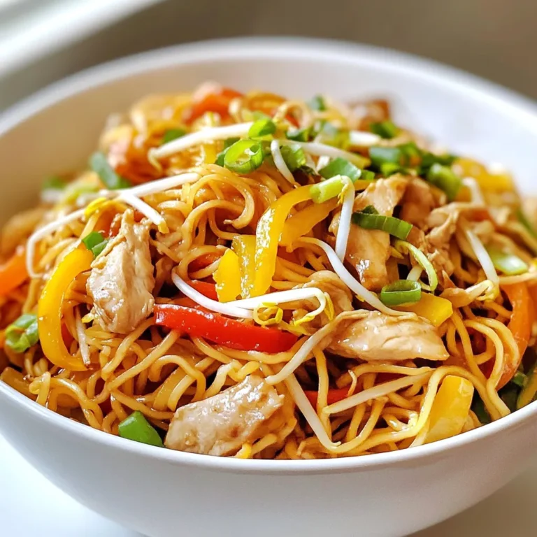 - Chicken and Seasoning Ingredients - 2 boneless, skinless chicken breasts, thinly sliced - 2 tablespoons soy sauce - 1 tablespoon oyster sauce - 1 tablespoon sesame oil - Salt and pepper to taste - Vegetables and Noodles - 2 cups chow mein noodles (fresh or dried) - 1 cup bean sprouts - 1 cup shredded carrots - 1 bell pepper (red or yellow), sliced - 1 small onion, thinly sliced - 2 cloves garlic, minced - 1 teaspoon ginger, grated - Optional Garnishes - 2 scallions, chopped (for garnish) - Additional vegetables or herbs as desired Gather these ingredients before you start cooking. This will help you stay organized. The chicken adds protein and flavor. The sauces give it depth. The vegetables add crunch and color. Chow mein noodles create a base for the dish. You can customize with your favorite veggies or herbs. Cooking is about making it your own. Enjoy the process! {{ingredient_image_1}} Start by slicing the chicken breasts thinly. Place them in a bowl. Add the soy sauce, oyster sauce, and sesame oil. Mix well so the chicken is coated. Let it sit for at least 15 minutes. This helps the chicken soak up the flavors. If you have dried chow mein noodles, cook them as the package says. Aim for al dente, which means they should be firm. Drain the noodles and set them aside. If you use fresh noodles, just toss them with a bit of oil to stop them from sticking. Heat a large wok or skillet. Add one tablespoon of vegetable oil and make it hot over high heat. Put the marinated chicken in the pan. Stir-fry it until it turns golden brown. This should take about 5 to 7 minutes. When done, take the chicken out and set it aside. In the same pan, add another tablespoon of vegetable oil. Next, add the sliced onion, bell pepper, garlic, and grated ginger. Stir-fry these for 2 to 3 minutes. You want the veggies to be tender but still crisp. Now, put the cooked chicken back into the pan. Add the bean sprouts and shredded carrots next. Toss everything together for another 2 minutes. This heats everything through nicely. Gently fold in the cooked chow mein noodles. Mix until everything is well combined. Season with salt and pepper to your taste. Stir-fry for an extra 2 to 3 minutes. This ensures all the flavors mix well. Finally, remove from heat and garnish with chopped scallions. Serve hot and enjoy your meal! To make your Chicken Chow Mein pop, marinate the chicken well. Mix soy sauce, oyster sauce, and sesame oil. Let the chicken soak for at least 15 minutes. This step helps develop rich flavors. You can also add a dash of pepper for extra taste. When cooking, use high heat. This ensures a nice sear on the chicken. A good sear adds depth and color to your dish. Noodles are key in Chicken Chow Mein. If you use dried noodles, cook them just until they are al dente. This keeps them firm. Follow the package instructions carefully. Once cooked, drain and set aside. For fresh noodles, toss them with a little oil. This prevents sticking. If you want more flavor, you can add a splash of soy sauce while cooking. Crunchy veggies make your Chow Mein exciting. To keep them crisp, stir-fry them quickly. Add onion, bell pepper, garlic, and ginger to the hot pan. Cook for only 2-3 minutes. You want them tender but still vibrant. After adding bean sprouts and carrots, stir-fry for another 2 minutes. This will heat them up without losing their crunch. Remember, quick cooking is the secret! Pro Tips Marination Matters: Allowing the chicken to marinate for at least 15 minutes helps enhance the flavor and tenderness of the meat. Veggie Crunch: To maintain the crispness of the vegetables, stir-fry them for just a few minutes until they are tender but still vibrant. Noodle Technique: If using dried noodles, ensure they are cooked al dente to prevent them from becoming mushy when stir-frying. Garnish for Flavor: Don't skip the scallions! They add a fresh flavor and beautiful color to the finished dish. {{image_2}} To make a vegetarian chow mein, you can swap chicken for tofu. Use firm tofu for the best texture. Cut it into small cubes and marinate it in soy sauce and sesame oil. Stir-fry the tofu until golden brown. You can also add more vegetables like mushrooms and zucchini for extra flavor. Chicken isn't the only choice. You can use shrimp, beef, or pork as well. For shrimp, choose medium-sized ones. Cook them until they turn pink and firm. For beef, use flank steak or sirloin, thinly sliced. Marinate it just like the chicken. This way, you add variety to your meals. Want to boost the taste? Add some heat with crushed red pepper flakes or sriracha. Fresh herbs like cilantro or basil can also add freshness. If you like a richer flavor, toss in some shiitake mushrooms or a splash of hoisin sauce. These small changes make a big difference in taste. To keep your Chicken Chow Mein fresh, let it cool first. Then, place it in an airtight container. Store it in the fridge for up to three days. This will help keep the flavors intact. When you are ready to eat, use the stove or microwave. For the stove, add a splash of water in a pan. Heat over low until warm. Stir often to prevent sticking. In the microwave, cover with a lid and heat in intervals of 30 seconds. Stir between each interval for even heating. You can freeze Chicken Chow Mein for later! Use a freezer-safe container or a heavy-duty freezer bag. Remove as much air as possible before sealing. It can last for up to three months. When ready to eat, thaw it in the fridge overnight. Reheat as mentioned above. Chicken Chow Mein is a Chinese dish made with chicken, vegetables, and noodles. It is quick to prepare and packed with flavor. You stir-fry chicken and veggies, then add chow mein noodles. The dish often uses soy sauce and sesame oil for taste. You can serve it hot in bowls. Yes, you can use many vegetables for Chicken Chow Mein. Try broccoli, snap peas, or mushrooms. Bell peppers and carrots add color and crunch, but feel free to mix in what you love. Use what’s fresh or what you have on hand. The dish will still taste great. To make Chicken Chow Mein gluten-free, choose gluten-free soy sauce. Look for brands that are labeled as such. Also, use rice noodles instead of chow mein noodles. These swaps keep the dish tasty for those who avoid gluten. Always check labels to be sure. Common side dishes include spring rolls, dumplings, or fried rice. You can also serve a simple cucumber salad or steamed broccoli. These sides complement the flavors of Chicken Chow Mein well. They make a complete meal that everyone will enjoy. This blog post covered how to make Chicken Chow Mein from scratch. You learned about the key ingredients, simple steps, and helpful tips. We explored fun variations and storage ideas too. Chicken Chow Mein can be customized for any taste. It's a dish that suits everyone, using fresh flavors and quick cooking methods. With this guide, you can now create a delicious meal that friends and family will love. Enjoy making this tasty dish, and don’t forget to share your experience!