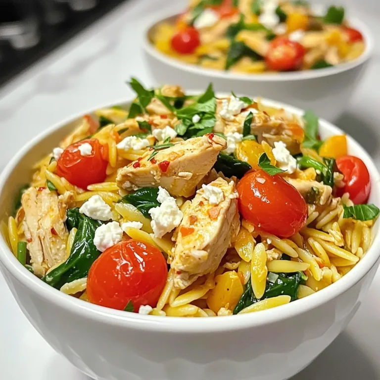 - 1 cup orzo pasta - 2 boneless, skinless chicken breasts, diced - 1 tablespoon olive oil - 1 cup cherry tomatoes, halved - 1 cup baby spinach - 1/2 cup feta cheese, crumbled - 2 garlic cloves, minced - 1 teaspoon dried oregano - 1 teaspoon paprika - Salt and pepper to taste - Fresh parsley, chopped (for garnish) - 2 1/2 cups low-sodium chicken broth High Protein Chicken Orzo uses simple yet fresh ingredients. Each gives flavor and nutrition. High Protein Chicken Orzo is packed with protein. Chicken breasts offer lean protein. One serving has about 30 grams of protein. Orzo adds carbs for energy. This dish has about 400 calories per serving. It includes healthy fats from olive oil and feta. The spinach and tomatoes add vitamins and minerals. Eating this dish supports muscle health and gives energy. The fresh veggies boost your immune system. Each ingredient helps you feel good and stay full! {{ingredient_image_1}} To make High Protein Chicken Orzo, start by preparing your ingredients. Gather: - 1 cup orzo pasta - 2 boneless, skinless chicken breasts, diced - 1 tablespoon olive oil - 1 cup cherry tomatoes, halved - 1 cup baby spinach - 1/2 cup feta cheese, crumbled - 2 garlic cloves, minced - 1 teaspoon dried oregano - 1 teaspoon paprika - Salt and pepper to taste - Fresh parsley, chopped (for garnish) - 2 1/2 cups low-sodium chicken broth Next, cook the chicken. In a large pot, heat the olive oil over medium heat. Add the diced chicken, and season it with salt, pepper, paprika, and oregano. Sauté the chicken for about 5 to 7 minutes until it is golden brown and cooked through. Once done, remove the chicken from the pot and set it aside. Now, let’s sauté the garlic and add broth. In the same pot, add the minced garlic. Cook it for about 1 minute until it smells good. Be careful not to let it burn. After that, pour in the chicken broth and bring it to a boil. Once boiling, it's time to add the orzo pasta. Cook it according to the package instructions, which usually takes around 8 to 10 minutes. Check for al dente texture. When the orzo has about 2 minutes left, stir in the cherry tomatoes and baby spinach. Keep cooking until the spinach wilts and the tomatoes soften. Now, return the cooked chicken to the pot. Mix everything together well. Taste and adjust the seasoning with more salt or pepper if you like. Remove the pot from heat. Fold in the crumbled feta cheese, letting it melt slightly into the dish. This adds a creamy texture and great flavor. Serve hot and garnish with fresh chopped parsley. Enjoy this tasty and easy meal! - Cook chicken until golden brown for great flavor. This takes about 5-7 minutes. - Avoid overcrowding the pot when cooking chicken. This helps it cook evenly. - To get orzo just right, check it a minute early. You want it slightly firm or al dente. - Stir the orzo during cooking. This keeps it from sticking together. - Add fresh herbs like basil or thyme for a bright taste. - To kick up the flavor, try adding crushed red pepper or lemon zest. - Adjust seasoning with salt and pepper to match your taste. Always taste before serving. - Mix in garlic powder or onion powder for an extra flavor boost. - Pair this dish with a light salad. A simple green salad works well. - Serve with crusty bread for a hearty meal. - Enjoy with a glass of white wine. A Sauvignon Blanc complements the flavors nicely. - For non-alcoholic options, try sparkling water with a slice of lemon. Pro Tips Perfectly Cooked Chicken: Ensure your chicken pieces are evenly sized for consistent cooking. This prevents some pieces from being overcooked while others remain undercooked. Flavor Boost: To enhance the depth of flavor, consider marinating the chicken in olive oil, garlic, and herbs for at least 30 minutes before cooking. Orzo Cooking Tip: Stir the orzo occasionally while it cooks to prevent it from sticking together. This ensures a light and fluffy texture. Feta Melting: For a creamier texture, add the feta cheese at the very end of cooking and let it sit covered for a few minutes to melt slightly into the dish. {{image_2}} Here are some great ways to change up the protein in your dish. You can use turkey or even shrimp instead of chicken. They both cook quickly and taste delicious. For a vegetarian option, try using chickpeas or lentils. They add great protein and fiber to the meal. Cheese can change the whole taste of your dish. Try goat cheese or mozzarella instead of feta. Each cheese brings its own flavor. You can also add spices for a unique twist. Try cumin, coriander, or even a pinch of chili powder. These spices can really change the flavor profile. Using fresh, seasonal vegetables makes this dish even better. In spring, add asparagus or peas. In summer, zucchini or bell peppers work well. In fall, consider adding squash or kale. Each season offers different flavors that can enhance your meal. Adjust the recipe to match what’s fresh and available. To store leftovers, let the dish cool to room temperature. Then, place it in an airtight container. Make sure to seal it well to keep it fresh. In the fridge, the High Protein Chicken Orzo lasts about 3 to 4 days. Always check for any off odors or changes in color before eating. For freezing, divide the orzo into smaller portions. Use freezer-safe containers or bags to prevent freezer burn. Squeeze out as much air as possible to help keep the food safe. You can freeze it for up to 3 months. When you're ready to eat, thaw it overnight in the fridge. Reheat it gently on the stove or in the microwave. Add a splash of chicken broth if it seems dry. You can prepare this dish in advance for easy meals. Cook a large batch and portion it into single servings. This makes it easy to grab and go during busy days. You can store these portions in the fridge or freezer. Try to label each container with the date so you know when to use it. Can I make this dish gluten-free? Yes! You can use gluten-free orzo or any gluten-free pasta. Rice or quinoa also works well. Just cook it according to the package instructions. How can I increase the protein content further? You can add more chicken or include beans like chickpeas. Tofu or lentils are great options too. Also, using Greek yogurt as a topping adds protein. What can I substitute for orzo? You can use any small pasta like ditalini or acini di pepe. If you want a grain, try couscous or farro for a different texture. How long does it take to cook chicken? It takes about 5-7 minutes to cook diced chicken. Ensure it reaches an internal temperature of 165°F (75°C) to be safe. Can I serve this dish cold? Yes, you can. It makes a great cold salad too. Just let it cool and mix in some extra veggies. What are some good toppings? Fresh herbs like basil or cilantro add flavor. You can also sprinkle more feta or add a squeeze of lemon for brightness. This article explored a delicious high-protein chicken orzo recipe. We covered key ingredients, their health benefits, and how to prepare your dish step-by-step. You learned tips to enhance flavor and explored variations for every taste. Proper storage and meal prep ideas can save you time. Remember, cooking is flexible and fun! Don’t hesitate to experiment with your favorite flavors. Enjoy making this dish and sharing it with others. Your kitchen creations can bring joy to your table.