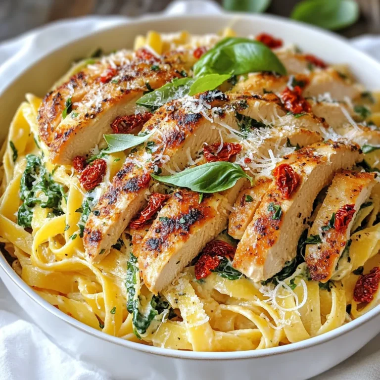 - 2 boneless, skinless chicken breasts - 8 oz fettuccine pasta - 2 tablespoons olive oil - 3 garlic cloves, minced - 1 cup heavy cream - 1 cup sun-dried tomatoes, chopped - 1 cup fresh spinach, roughly chopped - 1 teaspoon Italian seasoning - Salt and pepper to taste - 1/2 cup grated Parmesan cheese - Fresh basil leaves for garnish - Red pepper flakes for heat - Other vegetables like bell peppers or mushrooms - Alternatives for heavy cream include half-and-half or coconut milk. When I gather the ingredients for my Ultimate Marry Me Chicken Pasta, I feel excited. Each item plays a key role in making the dish special. The chicken gives a nice protein base. The fettuccine pasta adds a soft texture that hugs the sauce well. Olive oil brings warmth to the chicken as it cooks. Garlic is a must for flavor. It fills the kitchen with a wonderful aroma. Heavy cream makes everything rich and creamy. Sun-dried tomatoes add a sweet, tangy taste. Fresh spinach not only looks nice but also adds a fresh bite. Italian seasoning ties all these flavors together. You can adjust the heat with red pepper flakes. If you want more color, add bell peppers or mushrooms. If you're out of heavy cream, half-and-half or coconut milk will work too. By mixing and matching these ingredients, you can make this dish your own. This dish is not just a meal; it’s a chance to impress. Use fresh basil as a garnish to make it pop. The vibrant green adds a lovely touch to your plate. Remember, the right ingredients make all the difference! {{ingredient_image_1}} - Boil salted water in a large pot. - Add fettuccine pasta and cook until al dente. - Drain the pasta and reserve one cup of pasta water. - Season the chicken breasts with salt, pepper, and Italian seasoning. - Make sure to cover all sides for even flavor. - Heat olive oil in a large skillet over medium heat. - Cook the chicken for 6 to 7 minutes on each side. - Look for a golden brown color and ensure it's cooked through. - Let the chicken rest for five minutes before slicing. - In the same skillet, add minced garlic. - Sauté for about 30 seconds until it smells great. - Pour in the heavy cream and let it simmer. - Add chopped sun-dried tomatoes and spinach, stirring until the spinach wilts. - Toss the cooked fettuccine into the skillet with the sauce. - If the sauce looks too thick, add some reserved pasta water. - Mix well until the pasta is fully coated. - Stir in grated Parmesan cheese until it melts. - Taste and add more salt or pepper if needed. - Plate the pasta and top with sliced chicken. - Garnish with fresh basil leaves for a lovely look. - Use a meat thermometer to check the chicken's doneness. Cook it to 165°F. - For perfectly cooked pasta, boil salted water. Cook until al dente, not mushy. - Serve the pasta in a large bowl for a stunning look. Twirl the fettuccine for elegance. - Garnish with fresh basil leaves and a sprinkle of cheese for an appealing finish. - Boost flavor with fresh herbs like basil or parsley. Add red pepper flakes for heat. - Consider making homemade sauces or marinades. Use garlic, lemon, or balsamic vinegar for depth. Pro Tips Let the Chicken Rest: Allowing the chicken to rest for a few minutes after cooking keeps it juicy and tender. Reserve Pasta Water: Always save a cup of pasta water before draining. It helps adjust the sauce's consistency and adds flavor. Fresh Ingredients Matter: Using fresh spinach and high-quality sun-dried tomatoes elevates the dish's flavors significantly. Adjust Seasoning Gradually: Taste your sauce before serving and adjust the seasoning little by little for the best flavor balance. {{image_2}} You can switch out the fettuccine for other types of pasta. Penne and spaghetti work great. If you need gluten-free, use gluten-free pasta. Each type brings a new taste and feel. Choose what you love most! Chicken is delicious, but feel free to try other proteins. Shrimp adds a nice seafood twist. Scallops offer a sweet flavor. For a plant-based choice, tofu is perfect. Just make sure to cook them right for the best taste. To make this dish lighter, use low-fat cream instead of heavy cream. You can also add more veggies like bell peppers or zucchini. This way, you keep the flavor but cut down on fat. It's a win-win! To keep your Ultimate Marry Me Chicken Pasta fresh, place leftovers in an airtight container. Store them in the fridge for up to three days. Make sure the pasta cools down before sealing it. This helps prevent moisture buildup. Label the container with the date you made it. This way, you know when to eat it. Reheating pasta can be tricky. I recommend using a skillet for the best results. Heat a little olive oil over medium heat. Add the pasta and a splash of cream or broth. Stir often until hot. This method keeps the pasta creamy and prevents it from drying out. You can also microwave it in a bowl with a bit of water. Cover it to trap steam and heat for one minute. Stir, then heat for another minute if needed. If you want to freeze the dish, do it before adding the cheese. Store the pasta and sauce together in freezer-safe bags. Squeeze out the air to avoid freezer burn. You can freeze it for up to three months. When ready to eat, thaw it in the fridge overnight. Then, heat it on the stove, adding fresh cheese. This makes the dish taste fresh and delicious, just like the first time! To make the best Marry Me Chicken Pasta, start with fresh ingredients. Use high-quality chicken and pasta. Season your chicken well with salt, pepper, and Italian seasoning. This adds great flavor. Sear the chicken until golden brown. This gives it a nice crust. Use a meat thermometer to check for doneness. Cook the pasta just right, so it’s al dente. It should have a slight bite. Finally, mix the pasta with a creamy sauce made from heavy cream, garlic, sun-dried tomatoes, and spinach. Stir in the Parmesan for richness. This combo creates a dish that tastes divine. Yes, you can prepare Marry Me Chicken Pasta in advance. Cook the chicken and pasta ahead of time. Store them separately in the fridge. You can also make the sauce ahead. Just reheat everything together before serving. This saves time for busy nights. Aim to eat it within three days for best taste. If you want to save even more time, you can chop the sun-dried tomatoes and spinach in advance. This way, you have everything ready to go. Marry Me Chicken Pasta pairs well with many side dishes. A simple green salad with a light vinaigrette works great. Garlic bread is also a nice touch. You can add roasted vegetables for extra flavor and color. For wine, a crisp white wine like Sauvignon Blanc complements the dish well. The fresh flavors balance the creamy sauce. You can also try a light red wine, like Pinot Noir, if you prefer. Marry Me Chicken Pasta can fit some special diets with a few changes. For a keto option, use zucchini noodles instead of pasta. You can also skip the heavy cream for a dairy-free version. Use coconut milk instead. If you want it vegetarian, replace chicken with firm tofu or grilled veggies. This keeps the dish tasty and satisfying. Always check individual ingredient labels for any hidden allergens. You now have all you need to make Marry Me Chicken Pasta. We covered key ingredients, from chicken and fettuccine to flavorful seasonings. I shared step-by-step instructions for cooking and tips for the best results. You learned variations and how to store leftovers too. This dish is perfect for impressing someone special or as a comforting meal. With a little creativity, you can make it your own. Enjoy crafting this delicious recipe, and savor every bite!