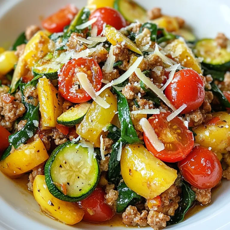 - 1 pound ground turkey - 2 medium zucchinis, diced - 1 bell pepper, chopped (your choice of color) - 1 small onion, finely chopped - 2 cloves garlic, minced - 1 teaspoon Italian seasoning - ½ teaspoon smoked paprika - Salt and pepper to taste - 1 cup cherry tomatoes, halved - 1 cup fresh spinach - Grated Parmesan cheese for serving (optional) When making this Turkey Zucchini Skillet, you need fresh, simple ingredients. Ground turkey gives a lean protein base. Zucchini adds a nice texture and flavor. Choose a bell pepper that you love. The onion brings sweetness and depth. Garlic is a must for that aromatic touch. For seasoning, I like to keep it simple. Italian seasoning mixes well with the turkey and veggies. Smoked paprika adds a hint of smokiness. Salt and pepper bring everything together. If you want to take it up a notch, add optional ingredients. Cherry tomatoes burst with flavor when cooked. Fresh spinach wilts beautifully and adds color. A sprinkle of grated Parmesan gives a rich finish. Feel free to mix in your favorites! {{ingredient_image_1}} Start by heating 1 tablespoon of olive oil in a large skillet over medium heat. Add the finely chopped onion and bell pepper to the pan. Cook these for about 4-5 minutes until they soften and turn a little sweet. Next, stir in the minced garlic, Italian seasoning, and smoked paprika. Let this cook for another minute until you smell the great aroma. Now, it's time to add the ground turkey. Break it apart with a spatula as you add it to the skillet. Cook until it turns brown and is no longer pink, about 6-8 minutes. Season with salt and pepper to taste. This will help bring out the flavor of the turkey. Once the turkey is cooked, it's time to add the diced zucchinis. Stir them in and cook for about 4-5 minutes. You want them to soften but not get mushy. After that, add the halved cherry tomatoes and fresh spinach to the skillet. Cook for another 2-3 minutes until the spinach wilts and the tomatoes soften. This mix of colors and flavors makes the dish pop. To make your turkey and zucchini tender, use medium heat while cooking. This keeps the meat juicy and the veggies soft. Start by sautéing the onion and bell pepper in olive oil. This step builds a strong flavor base. Always use fresh veggies for the best taste. Look for zucchinis that are firm and bright in color. Avoid those with soft spots or wrinkles. Fresh bell peppers should have smooth skin and a nice crunch. Adding spices can take your dish to the next level. Italian seasoning is a great start, but feel free to mix in some dried oregano or thyme. A pinch of red pepper flakes can add some heat if you like spice. For a twist, try adding a splash of lemon juice before serving. It brightens the flavors beautifully. Toppings can also enhance your meal. Grated Parmesan cheese is a classic choice. It adds a rich, savory flavor. You might also consider a dollop of sour cream or a sprinkle of fresh herbs like basil or parsley. These will give your dish a fresh touch. Pro Tips Choose Lean Turkey: Opt for lean ground turkey to reduce fat content while still keeping the meal hearty. Pre-sauté Zucchini: For a firmer texture, sauté zucchini separately before adding to the skillet. Season Gradually: Taste as you go! Adjust seasonings throughout the cooking process for the best flavor. Customize Veggies: Feel free to add or substitute other vegetables like mushrooms or spinach for added nutrition. {{image_2}} You can switch ground turkey for other meats. Try ground chicken or beef. For a plant-based option, use lentils or tofu. This gives you new flavors and textures. You can add more vegetables too. Carrots add sweetness, while broccoli gives a nice crunch. Bell peppers can be any color, which looks great and adds taste. Feel free to mix and match your favorite veggies. Want to make it low-carb or keto-friendly? Skip the tomatoes and use more zucchini. This keeps it filling without extra carbs. If you need gluten-free options, you’re in luck! The recipe is already gluten-free. Just check any added sauces or toppings. Always read labels to ensure they fit your needs. After enjoying your Turkey Zucchini Skillet, store any leftovers for later. First, let the dish cool down to room temperature. This helps prevent moisture build-up. Next, place the leftovers in an airtight container. I suggest using glass containers. They keep food fresh and are easy to clean. Label the container with the date. This way, you know when to eat it by. When you’re ready to enjoy your leftover skillet, use gentle heat. The best way is to reheat it in a skillet over medium heat. Stir it often. This keeps the turkey and veggies from getting tough. If you want to microwave it, use a microwave-safe bowl. Cover it with a lid or a damp paper towel to keep moisture in. If you freeze it, make sure to use a freezer-safe container. This keeps the food fresh for up to three months. When you want to eat it, thaw it overnight in the fridge before reheating. Enjoy your tasty meals! Can I use frozen zucchini for this recipe? Yes, you can use frozen zucchini. Just remember to thaw and drain it first. Frozen zucchini can be softer than fresh. This may change the texture of your dish. How many calories are in a serving of Turkey Zucchini Skillet? A serving has around 300 calories. This is an estimate and can vary based on the exact ingredients you use. Can I make this recipe in the oven? Yes, you can! Spread the mixture in a baking dish. Bake at 400°F for about 20-25 minutes. This method can give a nice roasted flavor. What's the best way to adjust servings for a larger group? To adjust servings, simply double or triple the ingredients. Ensure your skillet is large enough. You may need to cook in batches to avoid overcrowding. Can I add beans to this dish? Definitely! Beans add protein and fiber. Black beans or kidney beans work well. Just rinse and drain before adding them to the skillet. How do I ensure the turkey stays moist when cooking? To keep turkey moist, don’t overcook it. Use medium heat and stir often. Adding some broth or sauce can also help maintain moisture. This blog shared a simple recipe for a delicious Turkey Zucchini Skillet. You learned how to sauté fresh veggies, cook ground turkey, and add seasonings for flavor. Remember, you can customize this dish with swaps and extras that fit your taste. Storage tips help keep leftovers fresh and tasty. Try making this meal for a quick and healthy dinner. Enjoy the ease and great flavor that come with this recipe!