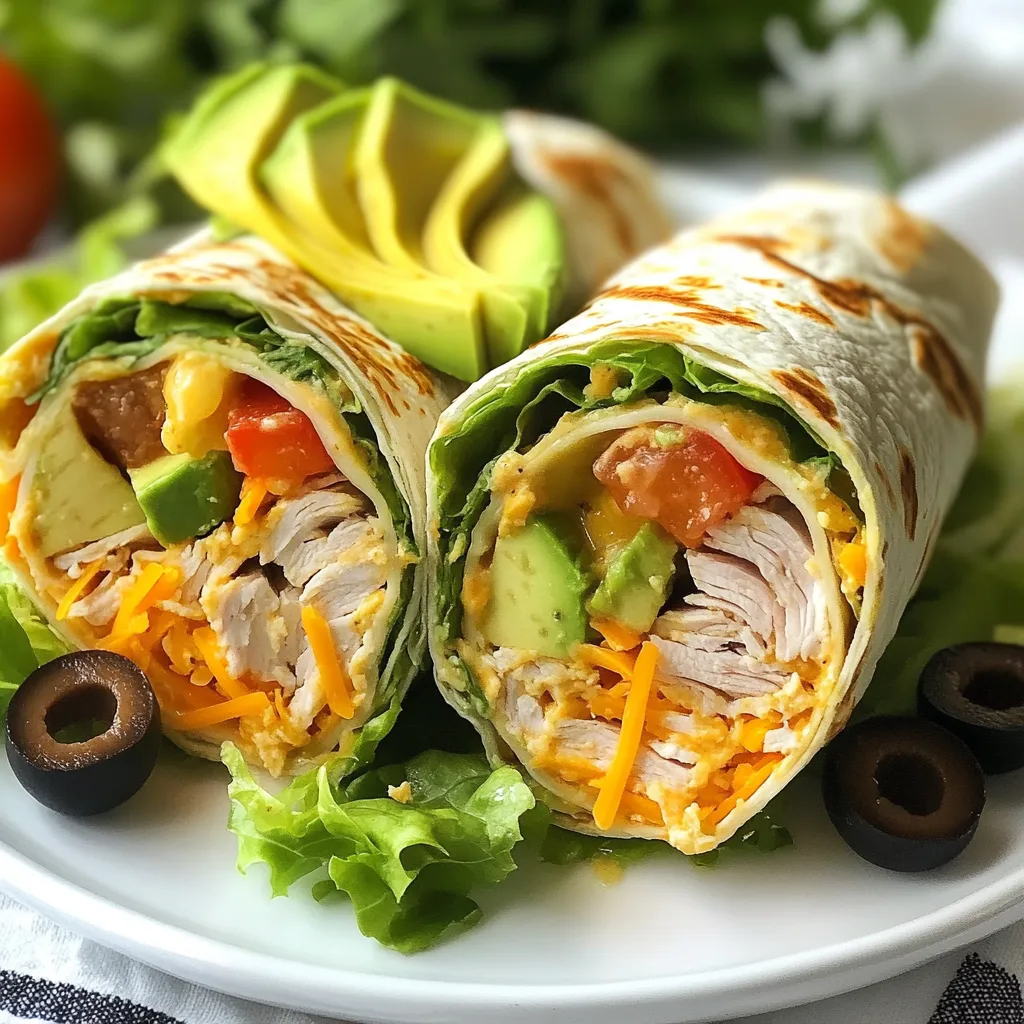 - 4 whole wheat tortillas - 1 pound sliced turkey breast - ½ cup ranch dressing - 1 cup shredded lettuce - 1 cup diced tomatoes - ½ cup shredded cheddar cheese - ¼ cup sliced black olives (optional) - ½ avocado, sliced (optional) - Salt and pepper to taste Gather these ingredients before you start. Whole wheat tortillas provide a healthy base. Sliced turkey breast packs in protein. Ranch dressing adds great flavor. Fresh vegetables like lettuce and tomatoes make the wraps crunchy. Cheese gives it a creamy touch. You can add black olives and avocado for extra taste. Don’t forget salt and pepper to enhance the flavors. When you have everything ready, you can whip up these wraps in no time. This helps save you time and keeps your meal healthy. The mix of ingredients makes each bite tasty and satisfying. Feel free to adjust the veggies based on what you like or have at home. {{ingredient_image_1}} 1. Lay out tortillas and spread ranch dressing Start by placing the whole wheat tortillas on a clean surface. Use about 2 tablespoons of ranch dressing for each tortilla. Spread it evenly, but leave a small space around the edges. 2. Layer turkey and vegetables Next, add the sliced turkey breast on top of the ranch dressing. Make sure to cover the tortilla well. Then, sprinkle the shredded lettuce and diced tomatoes over the turkey. Don’t forget to add the shredded cheddar cheese. If you like, you can also put on some black olives and avocado slices. 3. Roll and cut the wraps Now, it’s time to roll the wrap. Start at one edge and roll tightly, folding in the sides as you go. This keeps everything inside. Once you reach the end, cut the wrap in half diagonally. This makes it easier to eat and looks nice too. - Presentation ideas for wraps For a beautiful display, arrange the wraps on a colorful plate. You can garnish with extra lettuce leaves and slices of tomatoes. Drizzling a bit of extra ranch dressing on the side adds a fun touch for dipping. - Accompaniments for wraps Serve your wraps with a side of fresh fruit or crunchy veggies. Chips or a simple salad also pair nicely. - Prepping ingredients in advance: Chop your veggies and slice the turkey earlier. This way, you can grab what you need quickly. Store them in containers in the fridge. You will save time when you make these wraps. - Using deli meats for faster assembly: Deli meats are great for this recipe. They come pre-sliced, so you do not need to cook or prep them. Just layer them on the tortilla, and you are good to go. - Adding herbs or spices to ranch dressing: You can make your ranch dressing more special. Try mixing in some garlic powder or fresh herbs like dill or parsley. This will give your wraps a tasty twist. - Suggested dips for serving: Serve these wraps with dips for extra fun. You can use extra ranch dressing or even hummus. Salsa is another good choice, adding a nice kick. Pro Tips Freshness Matters: Use fresh ingredients for the best flavor. Crisp lettuce and ripe tomatoes will elevate the taste of your wraps. Customize Your Fillings: Feel free to mix and match your favorite ingredients. Adding grilled chicken or different veggies can create new flavor profiles! Wrap It Right: Ensure to tuck in the sides as you roll to prevent spillage. A tight wrap keeps everything intact for easy eating. Make Ahead: Prepare the wraps in advance and store them in the fridge. This makes for a quick grab-and-go meal during busy days! {{image_2}} You can easily swap turkey for chicken or ham. This change gives you new flavors. You can also try a vegetarian option. Use hummus instead of ranch. Add roasted veggies like bell peppers or zucchini. These swaps keep the meal fresh and fun. Tortillas are not just whole wheat! Try spinach or gluten-free tortillas. They add color and flavor. You might also use other flatbreads. Pita or lavash can work great too. Each option changes the taste and feel of your wraps. Experiment to find your favorite! To keep your turkey ranch wraps fresh, follow these steps: - Store leftovers in an airtight container. This keeps them from drying out. - Wrap each wrap in plastic wrap before placing them in the container. This extra layer helps seal in moisture. - Refrigerate the wraps within two hours of making them. This keeps them safe to eat later. When you’re ready to eat, just unwrap and enjoy! Can you freeze turkey ranch wraps? Yes, you can freeze them! It’s a great way to save some for later. - Wrap each turkey ranch wrap tightly in foil. This helps keep them fresh in the freezer. - Place the wrapped wraps in a freezer bag. This adds another layer of protection. How to thaw and reheat properly: - To thaw, move the wraps from the freezer to the fridge the night before you want to eat them. This keeps them from getting soggy. - Reheat in the oven or a microwave. If using a microwave, heat for about 1-2 minutes until warm. If using an oven, wrap in foil and heat at 350°F for about 10 minutes. Enjoy your wraps just like they were fresh! How long do turkey ranch wraps last in the fridge? Turkey ranch wraps can last about 3 days in the fridge. Keep them in an airtight container. This keeps them fresh and tasty. Can I make these wraps ahead of time? Yes, you can make these wraps ahead of time. Just wrap them tightly in foil or plastic. Store them in the fridge until you are ready to eat. What can I substitute for ranch dressing? You can use Greek yogurt or hummus as a ranch dressing substitute. Both options add creaminess and flavor. You can also try other dressings like Caesar or vinaigrette. How many calories are in a turkey ranch wrap? Each turkey ranch wrap has about 350 calories. This can change based on toppings and dressings you choose. Are there low-calorie options for this recipe? Yes, you can make low-calorie options by using low-fat ranch dressing and skipping cheese. You can also add more veggies to fill it up without too many calories. You learned how to make tasty turkey ranch wraps. We covered easy steps for prep and serving. Remember to try new fillings or tortillas for fun twists. Use the tips for faster prep and keeping wraps fresh. These wraps are simple, quick, and packed with flavor. You can enjoy them at home or on the go. Dive in and enjoy your wraps today!
