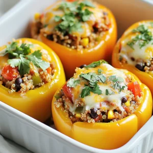 To make ground chicken stuffed peppers, you need a few simple items. Here’s what you’ll need: - 4 large bell peppers (any color) - 1 pound ground chicken - 1 cup cooked quinoa (or rice) - 1 small onion, finely chopped - 2 cloves garlic, minced - 1 can (14 oz) diced tomatoes, drained - 1 cup black beans, rinsed and drained - 1 teaspoon cumin - 1 teaspoon chili powder - ½ teaspoon smoked paprika - Salt and pepper to taste - 1 cup shredded cheese (cheddar or Monterey Jack) - Fresh cilantro, for garnish - Olive oil for sautéing These ingredients create a flavorful filling. Ground chicken gives the dish a lean protein base. The quinoa or rice adds texture and heartiness. The bell peppers hold everything together and add a sweet crunch. Onions and garlic bring depth and aroma to the mix. Diced tomatoes add moisture and a bit of acidity. Black beans boost the protein and fiber content. The spices, like cumin and chili powder, give the filling a nice kick. Lastly, cheese on top melts beautifully, creating a delicious layer. With these ingredients, you can craft a meal that is both simple and satisfying. Feel free to mix and match based on your taste. Enjoy the process of preparing your stuffed peppers! {{ingredient_image_1}} First, you need to preheat your oven. Set it to 375°F (190°C). This step is key for cooking the peppers evenly. Next, take four large bell peppers. You can use any color you like. Cut the tops off and remove the seeds and membranes. Lightly brush the outside with olive oil. This adds flavor and helps them roast well. Place the peppers upright in a baking dish. Now, it’s time to make the filling. In a large skillet, heat a drizzle of olive oil over medium heat. Add one small chopped onion and sauté for about 3 to 4 minutes until it becomes soft. Then, add two cloves of minced garlic and one pound of ground chicken. Cook the chicken for about 5 to 7 minutes until it is browned and no longer pink. Use a spatula to break the chicken into small pieces while cooking. Next, stir in one can of drained diced tomatoes, one cup of cooked quinoa or rice, and one cup of rinsed black beans. Add one teaspoon of cumin, one teaspoon of chili powder, and half a teaspoon of smoked paprika. Season with salt and pepper to taste. Mix everything well and heat for another 2 to 3 minutes. Remove the skillet from the heat. Stir in half of one cup of shredded cheese until it melts into the mixture. Now, it’s time to stuff the peppers! Scoop the ground chicken mixture into each pepper. Press down gently to pack it in. Top each pepper with the rest of the cheese. Cover the baking dish with foil and place it in the preheated oven. Bake for 25 minutes. After that, take off the foil and bake for another 10 to 15 minutes. The peppers should be tender, and the cheese should be bubbly and golden. Once done, remove them from the oven and let them cool for a bit before serving. Garnish with fresh cilantro for a pop of flavor! Pick large bell peppers for this dish. They hold the filling well. Any color works, but I like red or yellow for their sweetness. Look for firm peppers with no soft spots. This helps them roast evenly. Cook ground chicken over medium heat. This gives it time to brown. Use a wooden spoon to break it up into small bits. Make sure it is fully cooked, with no pink parts left. Add spices while cooking to infuse the meat with flavor. Shredded cheese melts best. I recommend cheddar or Monterey Jack for this recipe. Both add great flavor and texture. You can mix cheeses for a more complex taste. Just sprinkle it on top before baking for a bubbly finish. Bake the peppers covered with foil at first. This keeps moisture in and helps them cook. After about 25 minutes, remove the foil. This step browns the cheese and makes it nice and bubbly. Check the peppers with a fork; they should be tender but not mushy. Pro Tips Use Colorful Peppers: Choosing a variety of colored bell peppers not only makes the dish visually appealing but also adds subtle differences in flavor. Make Ahead: Prepare the filling in advance and store it in the fridge. You can stuff the peppers and bake them right before serving for a quick meal. Spice It Up: Adjust the level of spice by adding diced jalapeños or a dash of hot sauce to the filling, catering to your heat preference. Cheese Variations: Experiment with different types of cheese like feta or pepper jack for unique flavors that complement the spicy filling. {{image_2}} You can easily make these stuffed peppers vegetarian. Just swap out the ground chicken. Use a mix of lentils or chickpeas instead. These will add protein and flavor. You can also add mushrooms for a meaty texture. Feel free to sneak in more veggies. Chopped zucchini, spinach, or corn works well. Just sauté them with the onion and garlic. This gives you more nutrients and flavor. You can choose rice or quinoa for the filling. Quinoa adds more protein and has a nutty taste. Rice is softer and more familiar. Both options are great, so pick what you like best. Want more heat? Add chopped jalapeños or cayenne pepper to the mix. For less spice, use milder spices like paprika. Taste as you go to find the right balance for your family. Store leftover stuffed peppers in an airtight container. They can stay fresh for 3 to 4 days. If you want to keep them longer, make sure they cool off first. This helps avoid extra moisture, which can make them soggy. You can freeze stuffed peppers for later meals. First, let them cool completely. Then, wrap each pepper in plastic wrap. Place them in a freezer-safe bag or container. They can last in the freezer for up to 3 months. When you're ready to eat, just thaw in the fridge overnight. To reheat, place the stuffed peppers in the oven. Preheat it to 350°F (175°C). Cover with foil to keep moisture in. Heat for about 20-25 minutes or until warmed through. You can also microwave them for a quicker option. Just be careful, as they can get hot spots. Enjoy your tasty meal again! Yes, you can use other meats. Ground turkey works great as a substitute. You can also try ground beef or pork. Each option will bring its own flavor. Just make sure to cook the meat fully before stuffing. Stuffed peppers are done when the peppers are tender. You can check by piercing them with a fork. The cheese should also be bubbly and golden on top. If the peppers look soft and the cheese is melted, they are ready. Yes, you can prepare the stuffed peppers ahead of time. You can stuff the peppers and store them in the fridge for up to 24 hours. Just cover them tightly with plastic wrap. When you’re ready to eat, just bake them as usual. These stuffed peppers pair well with many sides. A fresh salad adds a nice crunch. Rice or quinoa on the side complements the meal well. You can also serve them with a dollop of sour cream or guacamole for extra flavor. Stuffed peppers are simple and tasty. We covered the key ingredients, like bell peppers and ground chicken. I shared step-by-step instructions for easy cooking. You can also find helpful tips for perfecting your dish. Remember, variations like a vegetarian option can please everyone. In the end, stuffed peppers are fun to make and eat. Try different ingredients, spices, and grains to make it your own. Enjoy every bite!
