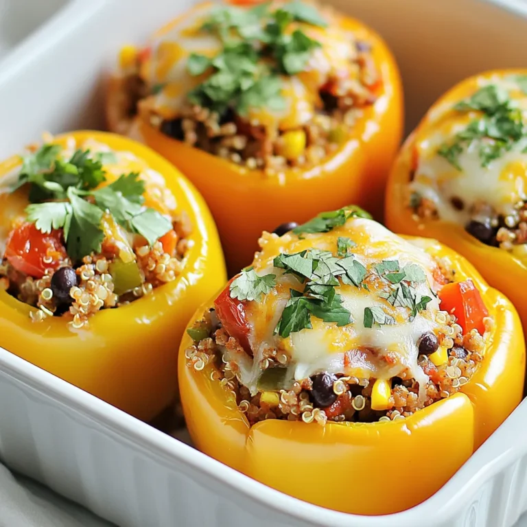To make ground chicken stuffed peppers, you need a few simple items. Here’s what you’ll need: - 4 large bell peppers (any color) - 1 pound ground chicken - 1 cup cooked quinoa (or rice) - 1 small onion, finely chopped - 2 cloves garlic, minced - 1 can (14 oz) diced tomatoes, drained - 1 cup black beans, rinsed and drained - 1 teaspoon cumin - 1 teaspoon chili powder - ½ teaspoon smoked paprika - Salt and pepper to taste - 1 cup shredded cheese (cheddar or Monterey Jack) - Fresh cilantro, for garnish - Olive oil for sautéing These ingredients create a flavorful filling. Ground chicken gives the dish a lean protein base. The quinoa or rice adds texture and heartiness. The bell peppers hold everything together and add a sweet crunch. Onions and garlic bring depth and aroma to the mix. Diced tomatoes add moisture and a bit of acidity. Black beans boost the protein and fiber content. The spices, like cumin and chili powder, give the filling a nice kick. Lastly, cheese on top melts beautifully, creating a delicious layer. With these ingredients, you can craft a meal that is both simple and satisfying. Feel free to mix and match based on your taste. Enjoy the process of preparing your stuffed peppers! {{ingredient_image_1}} First, you need to preheat your oven. Set it to 375°F (190°C). This step is key for cooking the peppers evenly. Next, take four large bell peppers. You can use any color you like. Cut the tops off and remove the seeds and membranes. Lightly brush the outside with olive oil. This adds flavor and helps them roast well. Place the peppers upright in a baking dish. Now, it’s time to make the filling. In a large skillet, heat a drizzle of olive oil over medium heat. Add one small chopped onion and sauté for about 3 to 4 minutes until it becomes soft. Then, add two cloves of minced garlic and one pound of ground chicken. Cook the chicken for about 5 to 7 minutes until it is browned and no longer pink. Use a spatula to break the chicken into small pieces while cooking. Next, stir in one can of drained diced tomatoes, one cup of cooked quinoa or rice, and one cup of rinsed black beans. Add one teaspoon of cumin, one teaspoon of chili powder, and half a teaspoon of smoked paprika. Season with salt and pepper to taste. Mix everything well and heat for another 2 to 3 minutes. Remove the skillet from the heat. Stir in half of one cup of shredded cheese until it melts into the mixture. Now, it’s time to stuff the peppers! Scoop the ground chicken mixture into each pepper. Press down gently to pack it in. Top each pepper with the rest of the cheese. Cover the baking dish with foil and place it in the preheated oven. Bake for 25 minutes. After that, take off the foil and bake for another 10 to 15 minutes. The peppers should be tender, and the cheese should be bubbly and golden. Once done, remove them from the oven and let them cool for a bit before serving. Garnish with fresh cilantro for a pop of flavor! Pick large bell peppers for this dish. They hold the filling well. Any color works, but I like red or yellow for their sweetness. Look for firm peppers with no soft spots. This helps them roast evenly. Cook ground chicken over medium heat. This gives it time to brown. Use a wooden spoon to break it up into small bits. Make sure it is fully cooked, with no pink parts left. Add spices while cooking to infuse the meat with flavor. Shredded cheese melts best. I recommend cheddar or Monterey Jack for this recipe. Both add great flavor and texture. You can mix cheeses for a more complex taste. Just sprinkle it on top before baking for a bubbly finish. Bake the peppers covered with foil at first. This keeps moisture in and helps them cook. After about 25 minutes, remove the foil. This step browns the cheese and makes it nice and bubbly. Check the peppers with a fork; they should be tender but not mushy. Pro Tips Use Colorful Peppers: Choosing a variety of colored bell peppers not only makes the dish visually appealing but also adds subtle differences in flavor. Make Ahead: Prepare the filling in advance and store it in the fridge. You can stuff the peppers and bake them right before serving for a quick meal. Spice It Up: Adjust the level of spice by adding diced jalapeños or a dash of hot sauce to the filling, catering to your heat preference. Cheese Variations: Experiment with different types of cheese like feta or pepper jack for unique flavors that complement the spicy filling. {{image_2}} You can easily make these stuffed peppers vegetarian. Just swap out the ground chicken. Use a mix of lentils or chickpeas instead. These will add protein and flavor. You can also add mushrooms for a meaty texture. Feel free to sneak in more veggies. Chopped zucchini, spinach, or corn works well. Just sauté them with the onion and garlic. This gives you more nutrients and flavor. You can choose rice or quinoa for the filling. Quinoa adds more protein and has a nutty taste. Rice is softer and more familiar. Both options are great, so pick what you like best. Want more heat? Add chopped jalapeños or cayenne pepper to the mix. For less spice, use milder spices like paprika. Taste as you go to find the right balance for your family. Store leftover stuffed peppers in an airtight container. They can stay fresh for 3 to 4 days. If you want to keep them longer, make sure they cool off first. This helps avoid extra moisture, which can make them soggy. You can freeze stuffed peppers for later meals. First, let them cool completely. Then, wrap each pepper in plastic wrap. Place them in a freezer-safe bag or container. They can last in the freezer for up to 3 months. When you're ready to eat, just thaw in the fridge overnight. To reheat, place the stuffed peppers in the oven. Preheat it to 350°F (175°C). Cover with foil to keep moisture in. Heat for about 20-25 minutes or until warmed through. You can also microwave them for a quicker option. Just be careful, as they can get hot spots. Enjoy your tasty meal again! Yes, you can use other meats. Ground turkey works great as a substitute. You can also try ground beef or pork. Each option will bring its own flavor. Just make sure to cook the meat fully before stuffing. Stuffed peppers are done when the peppers are tender. You can check by piercing them with a fork. The cheese should also be bubbly and golden on top. If the peppers look soft and the cheese is melted, they are ready. Yes, you can prepare the stuffed peppers ahead of time. You can stuff the peppers and store them in the fridge for up to 24 hours. Just cover them tightly with plastic wrap. When you’re ready to eat, just bake them as usual. These stuffed peppers pair well with many sides. A fresh salad adds a nice crunch. Rice or quinoa on the side complements the meal well. You can also serve them with a dollop of sour cream or guacamole for extra flavor. Stuffed peppers are simple and tasty. We covered the key ingredients, like bell peppers and ground chicken. I shared step-by-step instructions for easy cooking. You can also find helpful tips for perfecting your dish. Remember, variations like a vegetarian option can please everyone. In the end, stuffed peppers are fun to make and eat. Try different ingredients, spices, and grains to make it your own. Enjoy every bite!