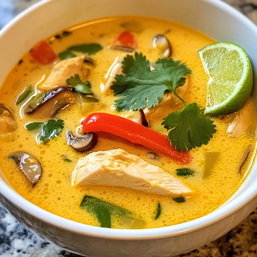 - 2 cups coconut milk - 1 cup chicken broth - 1 lb boneless, skinless chicken breasts, sliced thin - 1 stalk lemongrass, smashed and cut into 3-inch pieces - 3-4 kaffir lime leaves - 1 inch ginger, sliced - 2-3 Thai bird's eye chilies, slit lengthwise - 1 cup mushrooms, sliced - 1 medium red bell pepper, sliced Coconut milk forms the creamy base of this soup. It adds rich flavor and a velvety texture. Chicken broth enhances the taste and makes it light. Boneless chicken breasts cook quickly and absorb the soup's flavor. Lemongrass gives a fresh, citrusy taste. Its unique flavor brightens the dish. Kaffir lime leaves add a fragrant note. They bring a hint of bitterness that balances sweetness. Ginger warms the soup with its spicy aroma. The vegetables add color and crunch. Thai bird's eye chilies provide heat. You can adjust the number based on your spice preference. Mushrooms add an earthy taste and absorb flavors well. Red bell pepper adds sweetness and a vibrant pop of color. Each ingredient has a role. Together, they create a dish that is simple yet packed with flavor. This soup is a perfect blend of creamy, spicy, and fresh. {{ingredient_image_1}} To start, grab a large pot and combine the coconut milk and chicken broth. Use medium heat. Stir until they mix well. This creamy base gives the soup its rich flavor. Next, add the aromatics. Toss in the smashed lemongrass, kaffir lime leaves, sliced ginger, and Thai bird's eye chilies. Bring this mix to a gentle simmer. Let it cook for about 5-7 minutes. This step infuses the soup with amazing flavors. After simmering, carefully remove the lemongrass and ginger pieces. Use a slotted spoon for this. You just want the flavors, not the bits. Now, it’s time to add the sliced chicken. Put it right into the pot. Let it simmer for about 10 minutes. This ensures the chicken cooks through and becomes tender. Once the chicken is ready, add in the sliced mushrooms and red bell pepper. Stir them in well. Cook for another 3-4 minutes. The vegetables should be tender, adding a nice crunch to your soup. After cooking, stir in the fish sauce and lime juice. These ingredients add depth and brightness. Taste your soup and adjust the salt as needed. This step is key to making the flavors shine. Once done, remove the pot from heat. Let the soup cool slightly before serving. Enjoy the delicious Thai Coconut Chicken Soup over jasmine rice with fresh cilantro on top! - To adjust spice levels, use Thai bird's eye chilies. Slit them lengthwise for more heat. If you want less spice, use fewer chilies. You can also remove the seeds to tone it down. - Infuse flavor by simmering the lemongrass, kaffir lime leaves, ginger, and chilies. This step is important. It allows the flavors to meld before adding the chicken. - When simmering, keep the heat moderate. Too high can cause the coconut milk to separate. Let it cook gently to keep a smooth texture. - Ensure the chicken is cooked perfectly by slicing it thin. This helps it cook faster and evenly. Simmer for about 10 minutes until the chicken is no longer pink inside. - Serve the soup in deep bowls. Place a scoop of jasmine rice at the bottom. This adds a nice touch and makes it filling. - Garnish with fresh cilantro and lime wedges. This adds color and a pop of freshness. A sprinkle of lime juice enhances the flavor, making it even better. Pro Tips Adjust the Spice Level: If you prefer a milder soup, remove the seeds from the Thai bird's eye chilies or use fewer chilies. You can also add them whole for a subtle flavor without the heat. Make it Vegetarian: Substitute the chicken with tofu or extra vegetables, and use vegetable broth instead of chicken broth for a delicious vegetarian version. Infuse More Flavor: For a deeper flavor profile, sauté the ginger, lemongrass, and chilies in a bit of oil before adding the coconut milk and broth. Garnish with Fresh Herbs: Enhance the freshness of the soup by adding not only cilantro but also fresh Thai basil or mint as a garnish. {{image_2}} You can make a tasty vegetarian version of Thai coconut chicken soup. To do this, substitute chicken with tofu. Use firm tofu and cut it into cubes. This gives you a great texture. Also, use vegetable broth instead of chicken broth. This swap keeps the flavors rich and satisfying. Do you like spicy food? You can easily adjust the spice level. Change the quantity of Thai bird's eye chilies. For a milder soup, use only one chili. If you want more heat, add more chilies. You can also mix in other spices for extra flavor. Consider adding a pinch of cayenne or a dash of chili powder. Feel free to get creative with your soup. You can add other vegetables for more color and taste. Try adding carrots, snap peas, or baby corn. They bring in great crunch and nutrients. You can also toss in fresh herbs for extra freshness. Cilantro, basil, or mint are all wonderful choices. Just sprinkle them on top before serving. To store leftover soup, let it cool down first. Then, pour it into airtight containers. This keeps the soup fresh and tasty. I recommend glass or BPA-free plastic containers. They help avoid any weird tastes from the plastic. Store the soup in the fridge for up to four days. The best method for reheating is using the stove. Pour the soup into a pot and heat it gently. Stir often to keep it from sticking. You can also use a microwave. Place the soup in a microwave-safe bowl. Heat it in short bursts of one minute. Stir in between to ensure even heating. This helps maintain the flavor and texture of the soup. You can freeze the soup for later use. Let it cool completely before freezing. Use freezer-safe containers or bags. Leave some space at the top for expansion. The soup can last for up to three months in the freezer. When ready to eat, thaw it in the fridge overnight. To reheat, follow the same stove or microwave methods. Enjoy the flavors just like when it was fresh! Thai Coconut Chicken Soup is a warm and creamy dish. It blends rich coconut milk with chicken and fresh herbs. This soup comes from Thailand and features bold flavors. Lemongrass, kaffir lime leaves, and ginger add depth. You will find it comforting and fragrant, perfect for any day. Yes, you can make this soup ahead of time. It holds up well in the fridge for 2-3 days. Just store it in an airtight container. When you are ready to eat, reheat it gently on the stove. The flavors will blend even better as it sits. Avoid adding fresh herbs until serving to keep them bright. If you can't find kaffir lime leaves, use lime zest instead. You can also try a mix of regular lime leaves and a little lime juice. While the taste will be different, it will still add a nice citrus flavor. Don't hesitate to experiment with other citrus leaves like lemon balm. This blog post explored the rich flavors of Thai Coconut Chicken Soup. We covered key ingredients like coconut milk, chicken broth, and fresh herbs. I shared step-by-step instructions for prepping and cooking, alongside tips for perfect flavor and presentation. You can also try variations, such as vegetarian options or spice adjustments. In conclusion, this soup is both comforting and easy to customize. Experiment with unique flavors or fresh ingredients to make it your own. Whether you serve it for a cozy dinner or a special occasion, I hope you enjoy creating this delicious dish!