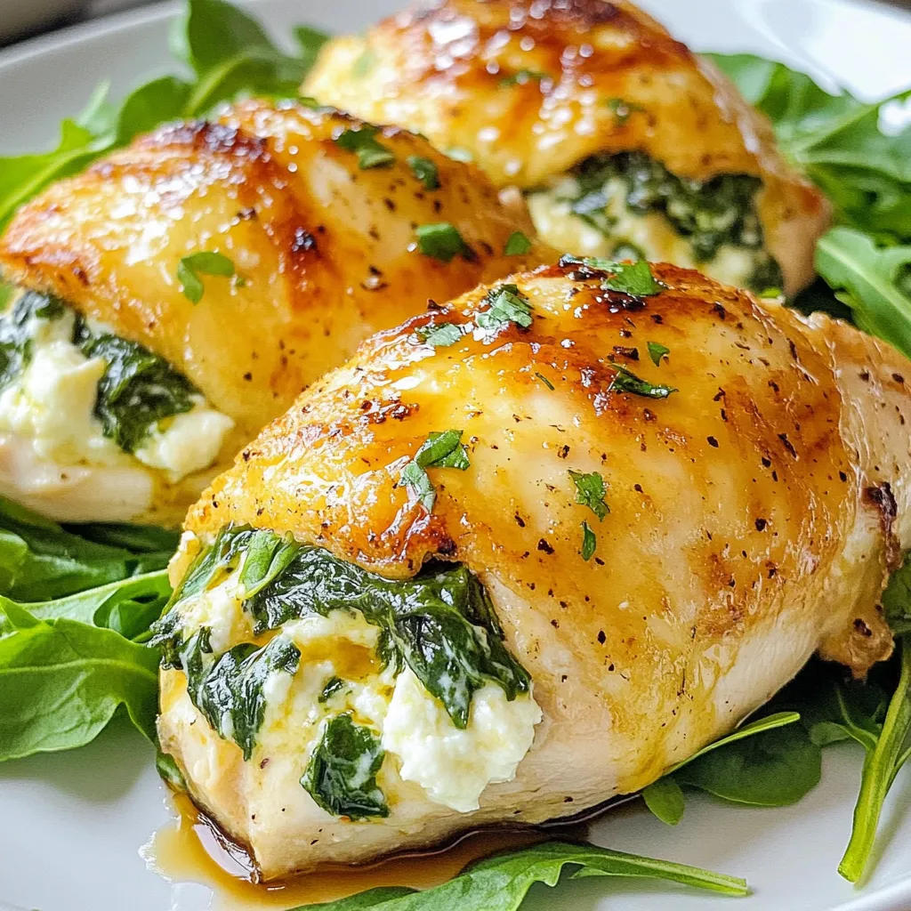 To make delicious spinach stuffed chicken breasts, gather these key ingredients: - 4 boneless, skinless chicken breasts - 2 cups fresh spinach, chopped - 1 cup ricotta cheese - ½ cup grated Parmesan cheese - ½ cup cream cheese, softened - 2 cloves garlic, minced - 1 teaspoon dried oregano - 1 teaspoon lemon zest - Salt and pepper to taste - 1 tablespoon olive oil - Toothpicks or kitchen twine for securing chicken You can add a twist to your dish with these options: - ¼ teaspoon red pepper flakes for heat - Fresh herbs like basil or parsley for brightness - Sun-dried tomatoes for a sweet, tangy flavor - A squeeze of fresh lemon juice for zest Seasoning is key to making your dish pop. I suggest: - A pinch of salt to enhance all flavors - Freshly ground black pepper for depth - Lemon zest to add a fresh note - Dried oregano for an earthy touch These ingredients work together to create a rich, creamy filling that complements the chicken. Each bite bursts with flavor, making this dish a favorite at any table. Adjust the seasonings and optional ingredients to suit your taste. Enjoy experimenting! {{ingredient_image_1}} Start by preheating your oven to 375°F (190°C). This step helps cook the chicken evenly. Next, take out a skillet and place it over medium heat. Add a tablespoon of olive oil to the pan. Once the oil is hot, toss in two cloves of minced garlic. Sauté the garlic until it becomes fragrant, which should take about one minute. Now, add two cups of chopped spinach to the skillet. Cook the spinach until it wilts, about two to three minutes. After that, remove the skillet from heat and let the mixture cool for a bit. In a mixing bowl, combine the wilted spinach with one cup of ricotta cheese, half a cup of grated Parmesan cheese, and half a cup of softened cream cheese. Mix in one teaspoon of dried oregano and one teaspoon of lemon zest for flavor. Don't forget to add salt and pepper to taste. If you like a bit of heat, throw in a quarter teaspoon of red pepper flakes. Stir everything together until it is well blended. This filling will bring life to your chicken breasts. Now, grab your four boneless, skinless chicken breasts. Use a sharp knife to carefully create a pocket in each breast. Make sure not to cut all the way through. This pocket will hold your flavorful filling. Generously stuff each chicken breast with the spinach mixture. Once filled, secure the openings with toothpicks or tie them with kitchen twine. This step keeps the delicious filling inside while cooking. Season the outside of each stuffed breast with salt and pepper. You're almost ready to cook! Look for chicken breasts that are firm and pink. The skin should be smooth and free of blemishes. Choose breasts that are even in size. This helps them cook evenly. Fresh chicken breasts feel moist but not slimy. Organic or free-range options often have better flavor. Searing the chicken first gives it a nice brown crust. Heat a skillet over medium-high heat. Add olive oil before placing the chicken in the pan. Cook the chicken for about 4-5 minutes on each side. Then, bake it in the oven to ensure it cooks through. Use a meat thermometer to check for 165°F. Let the chicken rest for five minutes after cooking. This keeps it juicy. Serve the stuffed chicken on a bed of mixed greens. This adds color and freshness. Drizzle some balsamic glaze on top for extra flavor. You can also add roasted vegetables on the side. Quinoa or rice works well for a complete meal. Pair it with a light white wine for a perfect touch. Pro Tips Choose Fresh Ingredients: Using fresh spinach and quality cheeses will enhance the flavor of your stuffing and overall dish. Secure Properly: Make sure to secure the chicken breast tightly with toothpicks or kitchen twine to prevent the filling from spilling out while cooking. Let It Rest: Allowing the chicken to rest for a few minutes after baking helps retain its juices, resulting in a more tender and flavorful meal. Experiment with Fillings: Feel free to add other ingredients like sun-dried tomatoes or mushrooms to the filling for a unique twist on this classic recipe. {{image_2}} You can change the cheese for different flavors. Instead of ricotta, try goat cheese. It adds a tangy taste. Cream cheese can be switched for mascarpone for a richer feel. For a sharper flavor, use feta cheese. Mix and match cheeses to find your favorite. You can add more veggies to the stuffing mix. Chopped mushrooms give a deep, earthy taste. Bell peppers add sweetness and color. Zucchini or artichokes can bring in unique textures. Just make sure to sauté them first so they soften. If you want to switch things up, use turkey breasts or pork tenderloin. They work well with spinach stuffing, too. For a vegetarian option, use large portobello mushrooms. They hold the stuffing nicely and offer a hearty bite. Adjust the cooking time based on your protein choice. After enjoying your spinach stuffed chicken breasts, let them cool first. Place leftovers in an airtight container. Store them in the fridge for up to three days. Make sure to label the container with the date. This helps keep track of freshness. To reheat, use the oven for best taste. Preheat it to 350°F (175°C). Place the chicken on a baking sheet. Cover it with foil to keep it moist. Heat for about 15-20 minutes. Check that the internal temperature reaches 165°F (74°C) before serving. If you want to freeze the chicken, wrap each piece in plastic wrap. Then, place them in a freezer-safe bag. Squeeze out the air to prevent freezer burn. Write the date on the bag. You can freeze them for up to three months. To thaw, move the chicken to the fridge overnight before reheating. Yes, you can prepare the spinach stuffed chicken breasts ahead of time. First, stuff the chicken and secure it. Cover and refrigerate them for up to 24 hours. When you’re ready to cook, just sear and bake as usual. This saves time on busy nights and makes dinner easy. You can serve many sides with spinach stuffed chicken breasts. Here are some great options: - Mixed greens salad: A fresh salad balances the meal. - Roasted vegetables: Carrots, zucchini, or bell peppers add color and flavor. - Quinoa or rice: These grains soak up the juices well. - Garlic bread: It’s a tasty treat with the meal. These sides make the dish even more enjoyable. To check if the chicken is done, use a meat thermometer. Insert it into the thickest part of the chicken. The internal temperature should reach 165°F (74°C). If you don’t have a thermometer, cut into the chicken. The meat should be white and the juices should run clear. If it's pink, it needs more time to cook. Always ensure your chicken is safe to eat. This guide covered how to make delicious stuffed chicken breasts. You learned about ingredients, preparation, cooking steps, and storage. Choosing the right chicken and seasonings is key for flavor. Don't hesitate to try new variations with cheese or veggies. And remember, proper storage helps you enjoy leftovers later. With these tips, you'll impress family and friends every time. Get cooking and enjoy your tasty meal!