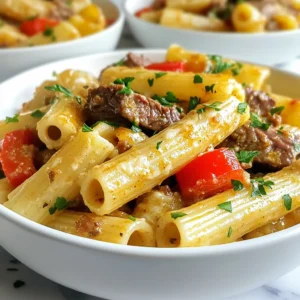 To make Cajun Steak Rigatoni, gather these items: - 12 oz rigatoni pasta - 1 lb sirloin steak, cut into thin strips - 2 tablespoons Cajun seasoning - 1 tablespoon olive oil - 1 red bell pepper, sliced - 1 green bell pepper, sliced - 1 small onion, chopped - 2 cloves garlic, minced - 1 cup heavy cream - 1 cup Parmesan cheese, grated - Salt and pepper to taste - Fresh parsley, chopped (for garnish) You can switch some ingredients for different flavors: - Use chicken or shrimp instead of steak. - Swap heavy cream for half-and-half or coconut cream for a lighter sauce. - Choose zucchini noodles or gluten-free pasta for a twist. - Try different bell pepper colors for added brightness. Accurate measurements help your dish shine. Here are my tips: - Use a kitchen scale for meat for precise weight. - For liquids, use a clear measuring cup for accuracy. - When measuring dry ingredients, spoon them into a measuring cup, then level off. - Use a scale for cheese to ensure the right amount. These tips will help you create a tasty Cajun Steak Rigatoni. Enjoy the rich flavors and creamy texture! {{ingredient_image_1}} Boil salted water in a large pot. Add 12 ounces of rigatoni pasta. Cook until al dente, about 10-12 minutes. Drain the pasta and set it aside. Take 1 pound of sirloin steak and cut it into thin strips. Place the steak in a bowl. Toss the steak with 2 tablespoons of Cajun seasoning. Make sure each piece is well coated. Use the same skillet that you will cook the steak in. Heat 1 tablespoon of olive oil over medium-high heat. Add the chopped onion, 1 sliced red bell pepper, and 1 sliced green bell pepper. Cook for about 5 minutes until the veggies soften. Then, add 2 cloves of minced garlic. Sauté for another 1-2 minutes until fragrant. Lower the heat to medium. Pour in 1 cup of heavy cream into the skillet. Stir to mix well. Gradually add in 1 cup of grated Parmesan cheese. Stir until the cheese melts and the sauce becomes smooth. Now, add the drained rigatoni and seared steak back into the skillet. Toss everything together. Make sure the pasta and steak coat well with the creamy sauce. Season with salt and pepper to taste. Remove the skillet from heat. Transfer the Cajun steak rigatoni to serving plates. Garnish each plate with chopped parsley for a fresh look. Enjoy this flavorful meal with friends or family! To get the best flavor, use fresh Cajun seasoning. You can make your own by mixing paprika, cayenne, garlic powder, onion powder, and oregano. Adjust the spice level to suit your taste. If you want more heat, add a pinch of cayenne. Toss the steak strips well, so every piece gets coated. This ensures a bold flavor in every bite. Cook the steak to your favorite doneness. For medium-rare, aim for 3-4 minutes per side. Adjust the time for well-done steak, cooking it a bit longer. Use a meat thermometer for accuracy. Aim for 130°F for medium-rare and 160°F for well-done. Let the steak rest after cooking. This helps keep it juicy and tender. Add more veggies for extra taste and color. Consider mushrooms, zucchini, or cherry tomatoes. These will add depth to your dish. You can also sprinkle in some crushed red pepper for an extra kick. For a touch of freshness, squeeze some lemon juice over the finished dish. This brightens the flavors and balances the richness of the sauce. Pro Tips Choose the Right Cut: For the best flavor and tenderness, use sirloin steak or ribeye, which are perfect for quick cooking and absorb the Cajun seasoning beautifully. Don't Overcook the Pasta: Cook the rigatoni until just al dente, as it will continue to cook slightly when combined with the sauce, ensuring a perfect texture. Customize the Heat: Adjust the amount of Cajun seasoning according to your spice preference. You can also add a pinch of cayenne pepper for extra kick. Fresh Ingredients Matter: Use fresh vegetables and high-quality Parmesan cheese for the best flavor in your creamy sauce; it makes a noticeable difference in the dish. {{image_2}} You can make a tasty vegetarian version. Swap the sirloin steak for hearty mushrooms. Portobello or cremini mushrooms work great. Toss them with Cajun seasoning just like the steak. Sauté until tender and add them to the creamy sauce. You can also add spinach or zucchini for extra veggies. If steak isn't your thing, try chicken or shrimp. Cut chicken breasts into thin strips and follow the same steps as the steak. For shrimp, cook them for just 2-3 minutes until pink. You can also use plant-based proteins like tofu. Just make sure to season them well for flavor. You can change the sauce too! For a spicy kick, add diced tomatoes or a splash of hot sauce. For a lighter sauce, try using half-and-half instead of heavy cream. You can also mix in some sun-dried tomatoes or artichoke hearts for a flavor boost. Don't forget to top it with fresh herbs like basil or cilantro for extra freshness! Store leftover Cajun steak rigatoni in an airtight container. Let it cool first. Place it in the fridge for up to three days. Make sure it is sealed tightly to keep it fresh. Reheat the dish gently. Use a skillet on low heat. Add a splash of cream or water to keep it moist. Stir often until it is heated through. You can also use a microwave. Heat in short bursts to avoid overcooking. Stir between bursts for even heating. You can freeze Cajun steak rigatoni for later. Use a freezer-safe container. Make sure to leave some space for expansion. It will stay good for up to three months. To enjoy, thaw it in the fridge overnight. Reheat it as mentioned above. Yes, you can use other pasta types. Penne, fusilli, or farfalle work well. Choose what you like. Just remember to cook it to al dente. Cajun seasoning can be spicy. It blends flavors like paprika, cayenne, and garlic. You can adjust the spice level to fit your taste. If you want less heat, use less seasoning. You can use half-and-half or whole milk as a lighter option. For a dairy-free choice, try coconut cream or cashew cream. Each option changes the flavor a bit, so choose what you like best. To make Cajun Steak Rigatoni gluten-free, use gluten-free pasta. Many brands offer good options. Ensure all other ingredients are gluten-free, too. Yes, you can make this dish ahead. Cook it, then cool it down. Store it in the fridge for up to three days. Reheat it gently on the stove for best results. This blog post covered how to make Cajun Steak Rigatoni from start to finish. You learned about the key ingredients and useful measuring tips. The step-by-step instructions guide you in cooking the pasta, steak, and vegetables, along with making a creamy sauce. Don’t forget the tips on perfecting flavors and storage options. In the end, you can mix ingredients or try variations to fit your taste. Enjoy making this dish your own!
