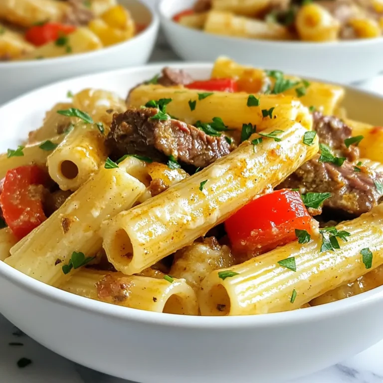 To make Cajun Steak Rigatoni, gather these items: - 12 oz rigatoni pasta - 1 lb sirloin steak, cut into thin strips - 2 tablespoons Cajun seasoning - 1 tablespoon olive oil - 1 red bell pepper, sliced - 1 green bell pepper, sliced - 1 small onion, chopped - 2 cloves garlic, minced - 1 cup heavy cream - 1 cup Parmesan cheese, grated - Salt and pepper to taste - Fresh parsley, chopped (for garnish) You can switch some ingredients for different flavors: - Use chicken or shrimp instead of steak. - Swap heavy cream for half-and-half or coconut cream for a lighter sauce. - Choose zucchini noodles or gluten-free pasta for a twist. - Try different bell pepper colors for added brightness. Accurate measurements help your dish shine. Here are my tips: - Use a kitchen scale for meat for precise weight. - For liquids, use a clear measuring cup for accuracy. - When measuring dry ingredients, spoon them into a measuring cup, then level off. - Use a scale for cheese to ensure the right amount. These tips will help you create a tasty Cajun Steak Rigatoni. Enjoy the rich flavors and creamy texture! {{ingredient_image_1}} Boil salted water in a large pot. Add 12 ounces of rigatoni pasta. Cook until al dente, about 10-12 minutes. Drain the pasta and set it aside. Take 1 pound of sirloin steak and cut it into thin strips. Place the steak in a bowl. Toss the steak with 2 tablespoons of Cajun seasoning. Make sure each piece is well coated. Use the same skillet that you will cook the steak in. Heat 1 tablespoon of olive oil over medium-high heat. Add the chopped onion, 1 sliced red bell pepper, and 1 sliced green bell pepper. Cook for about 5 minutes until the veggies soften. Then, add 2 cloves of minced garlic. Sauté for another 1-2 minutes until fragrant. Lower the heat to medium. Pour in 1 cup of heavy cream into the skillet. Stir to mix well. Gradually add in 1 cup of grated Parmesan cheese. Stir until the cheese melts and the sauce becomes smooth. Now, add the drained rigatoni and seared steak back into the skillet. Toss everything together. Make sure the pasta and steak coat well with the creamy sauce. Season with salt and pepper to taste. Remove the skillet from heat. Transfer the Cajun steak rigatoni to serving plates. Garnish each plate with chopped parsley for a fresh look. Enjoy this flavorful meal with friends or family! To get the best flavor, use fresh Cajun seasoning. You can make your own by mixing paprika, cayenne, garlic powder, onion powder, and oregano. Adjust the spice level to suit your taste. If you want more heat, add a pinch of cayenne. Toss the steak strips well, so every piece gets coated. This ensures a bold flavor in every bite. Cook the steak to your favorite doneness. For medium-rare, aim for 3-4 minutes per side. Adjust the time for well-done steak, cooking it a bit longer. Use a meat thermometer for accuracy. Aim for 130°F for medium-rare and 160°F for well-done. Let the steak rest after cooking. This helps keep it juicy and tender. Add more veggies for extra taste and color. Consider mushrooms, zucchini, or cherry tomatoes. These will add depth to your dish. You can also sprinkle in some crushed red pepper for an extra kick. For a touch of freshness, squeeze some lemon juice over the finished dish. This brightens the flavors and balances the richness of the sauce. Pro Tips Choose the Right Cut: For the best flavor and tenderness, use sirloin steak or ribeye, which are perfect for quick cooking and absorb the Cajun seasoning beautifully. Don't Overcook the Pasta: Cook the rigatoni until just al dente, as it will continue to cook slightly when combined with the sauce, ensuring a perfect texture. Customize the Heat: Adjust the amount of Cajun seasoning according to your spice preference. You can also add a pinch of cayenne pepper for extra kick. Fresh Ingredients Matter: Use fresh vegetables and high-quality Parmesan cheese for the best flavor in your creamy sauce; it makes a noticeable difference in the dish. {{image_2}} You can make a tasty vegetarian version. Swap the sirloin steak for hearty mushrooms. Portobello or cremini mushrooms work great. Toss them with Cajun seasoning just like the steak. Sauté until tender and add them to the creamy sauce. You can also add spinach or zucchini for extra veggies. If steak isn't your thing, try chicken or shrimp. Cut chicken breasts into thin strips and follow the same steps as the steak. For shrimp, cook them for just 2-3 minutes until pink. You can also use plant-based proteins like tofu. Just make sure to season them well for flavor. You can change the sauce too! For a spicy kick, add diced tomatoes or a splash of hot sauce. For a lighter sauce, try using half-and-half instead of heavy cream. You can also mix in some sun-dried tomatoes or artichoke hearts for a flavor boost. Don't forget to top it with fresh herbs like basil or cilantro for extra freshness! Store leftover Cajun steak rigatoni in an airtight container. Let it cool first. Place it in the fridge for up to three days. Make sure it is sealed tightly to keep it fresh. Reheat the dish gently. Use a skillet on low heat. Add a splash of cream or water to keep it moist. Stir often until it is heated through. You can also use a microwave. Heat in short bursts to avoid overcooking. Stir between bursts for even heating. You can freeze Cajun steak rigatoni for later. Use a freezer-safe container. Make sure to leave some space for expansion. It will stay good for up to three months. To enjoy, thaw it in the fridge overnight. Reheat it as mentioned above. Yes, you can use other pasta types. Penne, fusilli, or farfalle work well. Choose what you like. Just remember to cook it to al dente. Cajun seasoning can be spicy. It blends flavors like paprika, cayenne, and garlic. You can adjust the spice level to fit your taste. If you want less heat, use less seasoning. You can use half-and-half or whole milk as a lighter option. For a dairy-free choice, try coconut cream or cashew cream. Each option changes the flavor a bit, so choose what you like best. To make Cajun Steak Rigatoni gluten-free, use gluten-free pasta. Many brands offer good options. Ensure all other ingredients are gluten-free, too. Yes, you can make this dish ahead. Cook it, then cool it down. Store it in the fridge for up to three days. Reheat it gently on the stove for best results. This blog post covered how to make Cajun Steak Rigatoni from start to finish. You learned about the key ingredients and useful measuring tips. The step-by-step instructions guide you in cooking the pasta, steak, and vegetables, along with making a creamy sauce. Don’t forget the tips on perfecting flavors and storage options. In the end, you can mix ingredients or try variations to fit your taste. Enjoy making this dish your own!