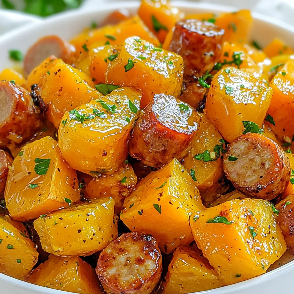 - 4 medium sweet potatoes - 1 pound chicken or turkey sausage - 1/4 cup honey - 3 cloves garlic - 2 tablespoons olive oil - Seasoning components: smoked paprika, salt, black pepper, red pepper flakes - Garnish: fresh parsley Gathering fresh ingredients is key to a great dish. Start with sweet potatoes. They give a sweet flavor and a lovely texture. I like to peel and dice them into bite-sized pieces. Next, choose your sausage. I prefer chicken or turkey sausage for a lighter taste. The sausage adds a savory depth to the dish. Honey is the star here. It brings a rich sweetness that balances the savory sausage and sweet potatoes. Use pure honey for the best flavor. Garlic is a must. It adds a wonderful aroma and flavor. Mince three cloves to get the most out of it. For the extra ingredients, olive oil helps the sweet potatoes roast nicely. Seasonings like smoked paprika, salt, black pepper, and red pepper flakes add warmth and spice. If you love heat, add red pepper flakes to taste. Finally, fresh parsley makes a beautiful garnish. It adds color and a burst of freshness. You will love how these ingredients come together. {{ingredient_image_1}} First, preheat your oven to 400°F (200°C). This helps the sweet potatoes cook evenly. Next, grab a large bowl. In it, combine your diced sweet potatoes, 2 tablespoons of olive oil, 1 teaspoon of smoked paprika, 1 teaspoon of salt, and 1/2 teaspoon of black pepper. If you like heat, add 1/2 teaspoon of red pepper flakes. Toss everything well until the sweet potatoes are coated nicely. This step brings out great flavor. Now, heat a large skillet over medium heat. Add the sliced chicken or turkey sausage to the skillet. Cook for about 5-7 minutes until it’s browned. This adds a nice texture. Then, lower the heat to low. Add 3 minced garlic cloves to the skillet. Cook for about a minute until you smell that lovely garlic aroma. Next, pour in 1/4 cup of honey and stir everything. Cook for another 2-3 minutes. This creates a sweet glaze on the sausage. After 20 minutes, take the sweet potatoes out of the oven. Now, add the sausage mixture on top of the sweet potatoes. Gently toss everything together on the baking sheet. This helps mix the sweet flavors. Return the baking sheet to the oven. Roast for another 15-20 minutes. You want the sweet potatoes to be tender and caramelized. Once done, let the dish cool for a few minutes. This step makes for easier serving. To ensure even cooking of sweet potatoes, cut them into uniform pieces. This helps them roast at the same rate. I like to aim for about one-inch cubes. Tossing them in olive oil and spices coats every piece well, making sure they are full of flavor. Adjusting sweetness with honey is simple. If you like it sweeter, add a bit more honey. If you prefer less sweetness, use less. Start with 1/4 cup and taste as you go. You can always drizzle more on top later. For the best baking sheet, use one with a rim. This helps catch any juices and prevents spills. A heavy-duty sheet will distribute heat evenly, leading to nice caramelization. I find that a non-stick or parchment-lined sheet works wonders. For sautéing sausage, a large skillet is ideal. Cast iron or stainless steel pans hold heat well and give a nice brown color. Make sure to let the pan get hot before adding sausage. This helps it brown nicely. When serving, a large bowl works best. It allows for easy mixing and scooping. Garnish with fresh parsley for a bright touch. The green looks great against the orange sweet potatoes. Drizzling leftover honey glaze from the pan adds extra flavor. It also makes the dish look more appealing. A little goes a long way, so drizzle lightly over the top before serving. Pro Tips Pre-soak Sweet Potatoes: Soaking the diced sweet potatoes in water for 30 minutes before cooking can help them achieve a better texture by removing excess starch. Choose Quality Sausage: Opt for high-quality chicken or turkey sausage that is minimally processed for the best flavor and texture in your dish. Add More Veggies: Feel free to toss in other vegetables like bell peppers or onions during the roasting process for added flavor and nutrition. Store Leftovers Properly: Allow any leftovers to cool completely before storing them in an airtight container in the fridge, where they will last for up to 3 days. {{image_2}} You can mix things up in this dish by using different types of sausage. If you want a spicier kick, try chorizo or Italian sausage. Chicken or turkey sausage keeps it light and healthy. For a vegetarian option, use plant-based sausage. This gives you the same great texture without meat. To add more depth, consider adding vegetables like bell peppers or onions. They roast well and add sweetness. You can also think about spices and herbs. A dash of thyme or rosemary can change the flavor. If you love a bit of heat, don't forget the red pepper flakes. This dish pairs well with a fresh salad or crusty bread. A side of greens can balance out the meal. You might also serve it with rice or quinoa for a heartier option. These sides will soak up any extra honey glaze. Enjoy exploring these variations for a unique twist! After enjoying your Honey Garlic Sausage Sweet Potatoes, store any leftovers in the fridge. Place them in an airtight container. This helps keep the dish fresh and tasty. You can use glass or plastic containers. Make sure they seal well to prevent any air from getting in. Leftovers will stay good for about 3-4 days. If you want to save some for later, you can freeze this dish. First, let the food cool completely. Then, place it in a freezer-safe container or a heavy-duty freezer bag. Make sure to squeeze out any excess air. Label the container with the date. This dish can last up to 3 months in the freezer. To reheat, simply take it out of the freezer and thaw it overnight in the fridge. Then, warm it up in the oven or microwave. If using the oven, preheat to 350°F (175°C) and bake until heated through, about 20-25 minutes. Enjoy your meal just like the first time! It takes about 15 minutes to prep. The total cooking time is around 40 minutes. In all, you will need about 55 minutes from start to finish. Yes, you can use different types. Purple or white sweet potatoes work well. They all add a unique taste and texture to the dish. Absolutely! This recipe is great for meal prep. You can store leftovers in the fridge for up to 4 days. Just reheat when ready to enjoy. If you need a substitute for honey, try maple syrup or agave nectar. Both options will add sweetness to the dish. To adjust the spice, add more or less red pepper flakes. You can also omit them if you prefer a mild flavor. This recipe for Honey Garlic Sausage Sweet Potatoes brings delicious flavors together. We covered the main ingredients, cooking steps, and helpful tips. Remember to adjust the sweetness and explore variations to suit your taste. This dish is tasty, easy to prepare, and great for meal prep. With the right storage, you can enjoy it later. I hope you feel inspired to try this recipe and impress yourself and others. Enjoy your cooking journey!