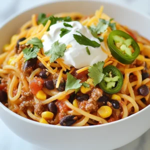 - 8 oz spaghetti - 1 lb ground beef or turkey - 1 packet taco seasoning - 1 can (14 oz) diced tomatoes with green chilies - 1 cup black beans, drained and rinsed - 1 cup corn, frozen or canned - 1 cup shredded cheddar cheese - 1/2 cup sour cream - Fresh cilantro, for garnish Gathering the right ingredients makes taco spaghetti simple and fun. First, choose your main protein. Ground beef or turkey both work well. Next, grab some spaghetti. You need 8 ounces for a good base. For flavor, add a packet of taco seasoning. This spice mix brings the taco taste you love. Now, for extra flavor and nutrition, include a can of diced tomatoes with green chilies. This will add a nice kick. Black beans and corn add texture and heartiness. Use one cup of each. Rinse the beans before adding them to the dish for the best taste. Finally, don’t forget the toppings! Shredded cheddar cheese makes everything better. Sour cream adds creaminess. Fresh cilantro gives a bright finish. You can also add jalapeño slices if you want more heat. These ingredients will help make your taco spaghetti a hit at the dinner table. {{ingredient_image_1}} To boil spaghetti, fill a large pot with water. Add a good amount of salt to the water. Bring it to a rolling boil. Once boiling, add the spaghetti. Cook it according to the package instructions. This usually takes about 8 to 10 minutes. Check it a minute or two early for al dente. Al dente means it is firm but not hard. Drain the spaghetti and set it aside for now. To brown the ground beef or turkey, place a large skillet on medium heat. Add the meat to the skillet. Use a spoon to break it apart as it cooks. Cook until it turns brown. This should take about 5 to 7 minutes. If there is excess fat, carefully drain it. This keeps the dish from becoming too greasy. Next, add diced onion and minced garlic to the meat. Stir them in the skillet. Cook for about 3 to 4 minutes. You want the onion to become soft and clear. This makes your dish smell great. Now, stir in the taco seasoning, diced tomatoes, black beans, and corn. Mix well. Let it simmer for about 5 to 7 minutes. This helps all the flavors blend together. Now it's time to bring it all together! Add the cooked spaghetti to the skillet. Toss everything until well combined. If it seems too dry, splash in a little water. This helps create a nice sauce. Sprinkle half of the cheddar cheese on top. Stir until the cheese melts into the mixture. This makes it creamy and delicious. - To keep spaghetti from sticking, stir it often while it cooks. - Add a bit of oil to the water for extra help. - When browning meat, use medium heat. This helps it cook evenly. - Break the meat apart with a spoon as it cooks. This gives you nice, small pieces. - For a kick, add chili powder or cayenne pepper. Just a pinch goes a long way. - You can also toss in fresh bell peppers or corn for extra crunch. - If the mix is too thick, add a splash of water or broth. This keeps it creamy and smooth. - Serve taco spaghetti in a large dish or in bowls. This makes it look festive. - Top each serving with extra cheddar cheese and fresh cilantro. - For a fun twist, add jalapeño slices on top. They add color and taste. Pro Tips Use Whole Wheat Spaghetti: For a healthier option, swap regular spaghetti with whole wheat spaghetti to add more fiber to your meal. Add Extra Veggies: Boost the nutritional value of your dish by adding more vegetables like bell peppers, zucchini, or spinach into the sauce. Customize Your Spice Level: If you like it spicy, consider adding crushed red pepper flakes or using spicy taco seasoning for an extra kick. Make It Ahead: This dish can be made ahead of time and stored in the refrigerator. Reheat before serving for a quick meal option. {{image_2}} You can easily make taco spaghetti vegetarian. Start by swapping ground beef or turkey with plant-based protein. Options like lentils or crumbled tofu work great. They soak up flavors well. For cheese and sour cream, use vegan alternatives. Brands today offer tasty choices that melt just like dairy. For a gluten-free taco spaghetti, pick gluten-free pasta. Many brands offer spaghetti that tastes great. Check labels to ensure they're free from gluten. You can also use zucchini noodles for a fresh twist. This is a fun way to enjoy the dish while staying gluten-sensitive. If you like heat, add hot sauce or extra jalapeños to your mix. These give a nice kick. You can also tweak the spice levels in taco seasoning. Taste as you cook, and adjust to your liking. This way, you create a spicy version that excites your taste buds. To keep taco spaghetti fresh, store it in an airtight container. Let it cool before sealing. This helps keep moisture out. You can store it in the fridge for up to 3 days. If you want to keep it longer, consider freezing it. When reheating taco spaghetti, do it gently. Use the stove or microwave. If using the stove, add a splash of water to keep it moist. Heat on low until warm. For the microwave, heat in short bursts. Stir between bursts to ensure even heating. This keeps the flavors and texture great. Yes, taco spaghetti can be frozen! First, let it cool completely. Then, portion it into freezer-safe bags. Squeeze out as much air as possible. When ready to eat, thaw it in the fridge overnight. Reheat as mentioned before. This way, you enjoy a tasty meal anytime! You can make taco spaghetti ahead of time by prepping the sauce and cooking the pasta separately. Cook the spaghetti until al dente, then drain it. In a pan, brown the ground meat and add the taco seasoning. Mix in the tomatoes, beans, and corn. Once it's cool, store the sauce in an airtight container. When you're ready to eat, just reheat and combine with the spaghetti. This method keeps the noodles from getting mushy. Yes, you can use different meats in taco spaghetti. Ground turkey is a great choice if you want a leaner option. You can also try ground chicken or pork for a twist. For a plant-based meal, use lentils or a meat substitute made from beans or soy. Each meat adds its own unique flavor to the dish. Taco spaghetti pairs well with a variety of sides. A simple green salad adds freshness. You can also serve tortilla chips with salsa or guacamole for crunch. For a heartier option, try cornbread or Mexican rice. These sides will enhance the flavors in your meal and make it even more enjoyable. In this post, we covered delicious taco spaghetti made with simple ingredients like ground meat, spaghetti, and taco seasoning. You learned how to cook it step-by-step, from boiling the spaghetti to combining it with sauce. I shared tips for adding flavor and creating a festive presentation. You can also try variations for different diets. Finally, we discussed safe storage and reheating. Cooking can be fun and easy with this recipe. Enjoy making taco spaghetti your own!