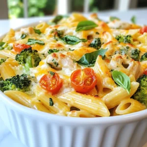 - 2 cups penne pasta - 2 tablespoons olive oil - 1 onion, chopped - 2 cloves garlic, minced - 2 cups cooked chicken, shredded (rotisserie chicken works great) - 1 cup broccoli florets (fresh or frozen) - 1 cup cherry tomatoes, halved - 1 teaspoon Italian seasoning - 1 cup shredded mozzarella cheese - 1 cup ricotta cheese - ½ cup grated parmesan cheese - Salt and pepper to taste - Fresh basil leaves for garnish To start, I choose penne pasta for its great shape. It holds the sauce well. I use olive oil to add flavor and help cook the onions and garlic. Chopping one onion and mincing two cloves of garlic brings a nice aroma to the dish. Next, I add shredded chicken. I often use rotisserie chicken for quick prep. It saves time and adds rich flavor. I mix in fresh or frozen broccoli florets for color and nutrition. Halved cherry tomatoes bring sweetness and a burst of freshness. Seasonings matter too. I add one teaspoon of Italian seasoning, plus salt and pepper for taste. For creamy goodness, I use two types of cheese. One cup of shredded mozzarella melts beautifully. One cup of ricotta cheese adds a rich, creamy texture. I finish with half a cup of grated parmesan cheese for a salty kick. Finally, I garnish with fresh basil leaves for a pop of color and flavor. This mix creates a comforting and hearty dish that the whole family will enjoy. Each ingredient plays a role in making this cheesy chicken pasta bake both tasty and satisfying. {{ingredient_image_1}} Cooking the Penne Pasta Start by boiling water in a large pot. Add a pinch of salt to the water. Once it boils, add 2 cups of penne pasta. Cook the pasta until it is al dente, usually around 8-10 minutes. This gives your dish the right texture. Draining and Setting Aside When the pasta is done, carefully drain it in a colander. Make sure to shake off any excess water. Set the pasta aside while you prepare the other ingredients. Sautéing the Onion and Garlic In a large skillet, heat 2 tablespoons of olive oil over medium heat. Add one chopped onion. Sauté it for about 3-4 minutes until it turns soft and clear. Next, add 2 cloves of minced garlic and cook for another minute. The garlic should smell amazing! Adding Chicken, Broccoli, and Tomatoes Now it’s time to add the good stuff. Toss in 2 cups of shredded cooked chicken, 1 cup of broccoli florets, and 1 cup of halved cherry tomatoes. Add 1 teaspoon of Italian seasoning, and sprinkle in some salt and pepper. Cook all of this for 5-7 minutes. You want the broccoli to be tender but still bright green. Mixing Ingredients in a Bowl In a large bowl, combine the cooked penne pasta with your chicken and veggie mix. Stir in 1 cup of ricotta cheese and half of the 1 cup of shredded mozzarella cheese. Make sure everything is well coated. Transferring to Baking Dish Grease a baking dish well. Pour the pasta mixture into the dish. Spread it out evenly. Now, sprinkle the rest of the mozzarella cheese and ½ cup of grated parmesan cheese on top. Baking Process Preheat your oven to 375°F (190°C). Place the baking dish in the oven. Bake for 25-30 minutes, or until the cheese is bubbly and golden. Once done, take it out and let it sit for 5 minutes before serving. Enjoy your cheesy chicken pasta bake! Achieving Al Dente Pasta To get the best texture, cook the penne pasta just until it is al dente. This means the pasta should be firm but not hard. Follow the package instructions closely. Usually, it takes about 8-10 minutes. Remember to check it a minute or two before the time is up. Drain the pasta right after it cooks to stop the cooking process. Cooking Broccoli to Perfection For the broccoli, you want it tender but still green and bright. If you use fresh broccoli, cut it into small florets. Add it to the skillet with the chicken and cook for about 5-7 minutes. If you use frozen broccoli, add it straight to the skillet without thawing. This keeps it crisp and delicious. Suggested Seasonings To make your dish pop, use Italian seasoning. It adds a nice herbal flavor. You can also sprinkle a bit of salt and pepper to taste. If you like heat, try adding some red pepper flakes. This will give your pasta bake a fun kick. Cheese Melting Techniques For the best cheesy topping, use a mix of mozzarella and parmesan. Sprinkle half of the mozzarella in the mixture and save the rest for the top. Baking it at 375°F helps the cheese melt evenly and get nice and bubbly. For a golden finish, broil it for the last few minutes. Serving Ideas Serve the Cheesy Chicken Pasta Bake in individual bowls for a warm and cozy meal. This makes it easy for family and friends to enjoy. You can also add a side salad for a nice balance. Garnishing Tips with Basil and Parmesan To make your dish look fresh and colorful, add chopped fresh basil on top. A sprinkle of extra parmesan gives it a nice touch. These simple additions will impress your guests and make the dish look gourmet. Pro Tips Cook Pasta Al Dente: Ensure your penne pasta is cooked al dente before mixing it with the other ingredients; it will absorb some sauce while baking and prevent it from becoming mushy. Use Rotisserie Chicken: For a quick and flavorful option, use store-bought rotisserie chicken. It saves time and adds a delicious seasoning to the dish. Variations with Veggies: Feel free to add or substitute other vegetables like bell peppers, spinach, or zucchini to customize the bake to your liking. Let It Rest: Allow the dish to rest for about 5 minutes after baking. This helps the cheese set and makes serving easier. {{image_2}} Different Pasta Types You can swap penne for any pasta you like. Fusilli, rotini, or even gluten-free pasta works great. Each type gives a new look and texture to your bake. Chicken Alternatives If you want a change from chicken, try shredded beef or tofu. Both options add a unique flavor. You can also use turkey or even ground meat for a tasty twist. Adding Spices or Heat Want to spice things up? Add red pepper flakes for some heat. You can also try smoked paprika or Italian herbs for extra flavor. These spices can take your dish to a new level. Incorporating Other Vegetables Feel free to mix in other veggies. Spinach adds color and nutrition. Bell peppers give a nice crunch and sweetness. You can use whatever veggies you have at home. Using Different Cheese Blends Not a fan of mozzarella? Try cheddar or gouda instead. Mixing different cheeses can create exciting flavors. Experiment with cream cheese for a rich, creamy texture. Non-Dairy Cheese Options For dairy-free diets, look for non-dairy cheese. Many options melt well and taste great. You can find almond, soy, or cashew-based cheeses at most stores. To keep your Cheesy Chicken Pasta Bake fresh, use airtight containers. Glass or plastic containers work well. Store it in the fridge within two hours of cooking. It can stay fresh for up to three days. Make sure to let it cool before sealing. For reheating, I suggest using the oven. Preheat it to 350°F (175°C). Place the pasta bake in a safe dish, cover it with foil, and heat for about 20 minutes. This method keeps the cheese gooey and the pasta moist. Avoid using the microwave, as it can dry out the dish. If you must use the microwave, add a splash of water to keep it moist. You can freeze the pasta bake before or after baking. If freezing before baking, cover it tightly with foil. It will last for up to three months. If you bake it first, let it cool before freezing. To thaw, place it in the fridge overnight. For a quicker option, use the microwave on defrost. After thawing, reheat it in the oven for the best texture. How long does it take to bake? It takes about 25 to 30 minutes to bake this dish. Preheat your oven to 375°F (190°C). You want the cheese to be bubbly and golden. Can I make it ahead of time? Yes, you can prepare this dish a day before. Just cover it and put it in the fridge. When ready to bake, add a few extra minutes to the cooking time. What can I substitute for chicken? You can use shredded beef, turkey, or even tofu. Just make sure to cook it well. This way, you can fit different diets or tastes. How many calories per serving? Each serving has about 400 to 500 calories. This can change based on your choice of cheese and chicken. Is this dish gluten-free? No, this dish is not gluten-free as it uses penne pasta. You can swap the pasta for a gluten-free version to make it suitable. Can I use uncooked chicken? Using uncooked chicken is not recommended. It needs to cook through. Always use cooked chicken for the best flavor and safety. What if my pasta is overcooked? If your pasta is overcooked, it may become mushy. Try to cook it al dente next time. This gives it a better texture in the bake. This blog post shared steps to make a delicious Cheesy Chicken Pasta Bake. We covered key ingredients, from pasta to cheeses, and how to cook chicken and veggies. You also learned tips for perfect texture and great flavor. We explored tasty variations and provided storage info. This dish is easy and fun to make. Enjoy it fresh or as leftovers. With simple swaps and enhancements, you can make it your own! I hope you feel inspired to try this recipe and create your own tasty version.