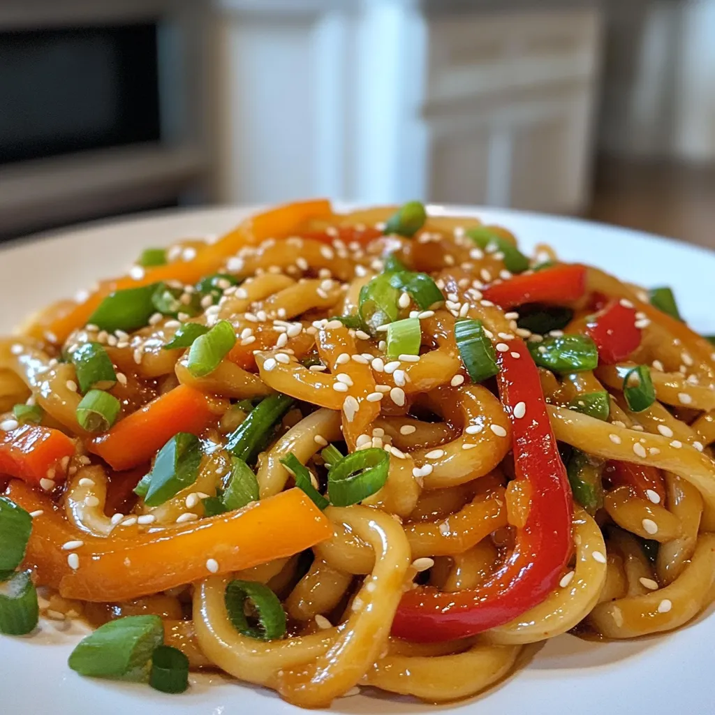 - 12 oz udon noodles - 2 tablespoons soy sauce - 1 tablespoon oyster sauce (optional) - 1 red bell pepper, sliced - 1 cup sugar snap peas - 1 medium carrot, julienned - 5 green onions, chopped - 2 cloves garlic, minced - 1 teaspoon fresh ginger, grated - Sesame seeds for garnish - Fresh cilantro for garnish (optional) I love the bright and fresh flavors in this recipe. The udon noodles are thick and chewy, perfect for soaking up the sauces. The soy sauce gives a rich flavor, while the oyster sauce adds depth if you choose to use it. For the veggies, I pick a red bell pepper for its sweetness. Sugar snap peas add a nice crunch, while the carrot adds vibrant color and sweetness. Green onions give the dish a nice bite. Don't skip the garlic and ginger! They add a warm and spicy touch. Finally, top with sesame seeds and cilantro for a pop of flavor and color. These ingredients come together to create a tasty meal you can enjoy any night of the week! {{ingredient_image_1}} - Preheat the oven to 425°F (220°C). This step is key for a great roast. - Cook udon noodles according to package instructions. Make sure they are al dente. Drain and set aside. You want them just right, not mushy. - On a large sheet pan, combine sliced red bell pepper, sugar snap peas, and julienned carrot. - Drizzle with 1 tablespoon of sesame oil and toss them well. This adds flavor and helps with roasting. - Roast the vegetables in the oven for 10 minutes. Stir halfway through so they cook evenly. They should be tender and slightly caramelized when done. - In a large bowl, whisk together soy sauce, oyster sauce (if using), and the remaining tablespoon of sesame oil. Add minced garlic and grated ginger. Mix well to combine. - After the vegetables roast, add the cooked udon noodles to the sheet pan. Pour the soy sauce mixture over everything. Toss to coat all the noodles and veggies. - Return the sheet pan to the oven and roast for an additional 5-7 minutes. This warms everything up and lets the noodles soak up the sauce. Now you’re ready to enjoy a delicious and easy meal! To ensure the udon noodles are cooked al dente, follow the package instructions closely. Start boiling the water well before adding the noodles. Check them a minute or two before the time is up. They should be firm yet tender. For roasting vegetables, timing is key. Roast the red bell pepper, sugar snap peas, and carrots for about 10 minutes. Stir halfway to avoid uneven cooking. They should be slightly tender and caramelized for the best flavor. For a beautiful finish, sprinkle sesame seeds and chopped green onions on top. The seeds add a nice crunch. If you like, add fresh cilantro for color and freshness. Mix them together or layer them for an appealing look. You can serve the dish straight from the sheet pan for a casual vibe. If you prefer, transfer it to a large serving dish to impress guests. Make sure to garnish with extra sesame seeds and cilantro. This makes the dish pop with color and taste. Enjoy it warm for the best experience! Pro Tips Cook Noodles Al Dente: For the best texture, cook the udon noodles just until they're al dente. They will continue to cook slightly when you roast them with the vegetables. Customize Your Veggies: Feel free to add any of your favorite vegetables to the sheet pan, such as broccoli, mushrooms, or zucchini, to enhance the flavor and nutrition. Make It Spicy: If you enjoy a bit of heat, add some red pepper flakes or sliced fresh chili peppers to the soy sauce mixture before tossing everything together. Garnish Wisely: For added flavor, consider garnishing with toasted sesame oil drizzled on top just before serving, alongside the sesame seeds and cilantro. {{image_2}} You can swap the oyster sauce for a vegetarian option. Use a vegetarian oyster sauce to keep the umami flavor. You can also mix soy sauce with hoisin sauce for a sweet twist. If you want something lighter, try a splash of rice vinegar. All these swaps will keep your dish tasty and full of flavor. Adding protein can make your meal heartier. Chicken, shrimp, or tofu work great in this dish. For chicken, use thin slices to cook quickly and blend well. Shrimp cooks fast, so add it just before the final roasting. If you prefer tofu, press and cube it first. Toss it in with the veggies for a lovely texture. Feel free to customize your veggies. Broccoli, snap peas, or bell peppers add color and crunch. Zucchini or bok choy can also fit in nicely. Try using frozen mixed vegetables if you’re short on fresh ones. They save time and still taste great when cooked properly. After enjoying your Sheet Pan Soy Sauce Udon, you may have leftovers. To store them, let the dish cool down. Then, place it in an airtight container. This keeps your meal fresh. Store it in the fridge. Enjoy it within three to four days for the best taste. If you want to keep your udon for a longer time, freezing is great. First, let the dish cool completely. Next, pack it in a freezer-safe container. You can also use freezer bags. Make sure to remove excess air. This helps prevent freezer burn. When you're ready to eat, thaw it overnight in the fridge. Reheat it in a pan over low heat. Add a splash of water or soy sauce for moisture. Leftovers from your Sheet Pan Soy Sauce Udon will last in the fridge for about three to four days. If frozen, they can last up to two months. After this time, the quality may drop. Always check for off smells or changes before eating. Keeping track of the dates helps ensure safe eating. Yes, you can swap udon noodles for other types! Here are some options: - Soba noodles: These are made from buckwheat and have a nutty flavor. - Rice noodles: They are gluten-free and very light. - Spaghetti: A simple choice if you want a familiar taste. Using different noodles can change the dish's texture and flavor. Just be sure to cook them according to package instructions. To make this dish gluten-free, choose gluten-free soy sauce. Look for tamari or coconut aminos as a substitute. You can also use rice noodles instead of udon. This way, you keep the great taste while catering to gluten restrictions. If you want to add heat, try these tips: - Add red pepper flakes: A little goes a long way! - Use sriracha: Mix it into the sauce for a spicy kick. - Slice fresh chili peppers: Mix them with the vegetables before roasting. These ideas will give your dish a nice heat boost while keeping the flavors balanced. Enjoy your cooking! This article covered a delicious udon noodle dish, from key ingredients to easy steps. You learned how to prepare fresh vegetables and use savory sauces. I shared tips for cooking and serving, ensuring the best taste and texture. With variations for sauces and proteins, you can customize it to your liking. Remember proper storage to keep leftovers fresh. Enjoy exploring this dish and making it your own!