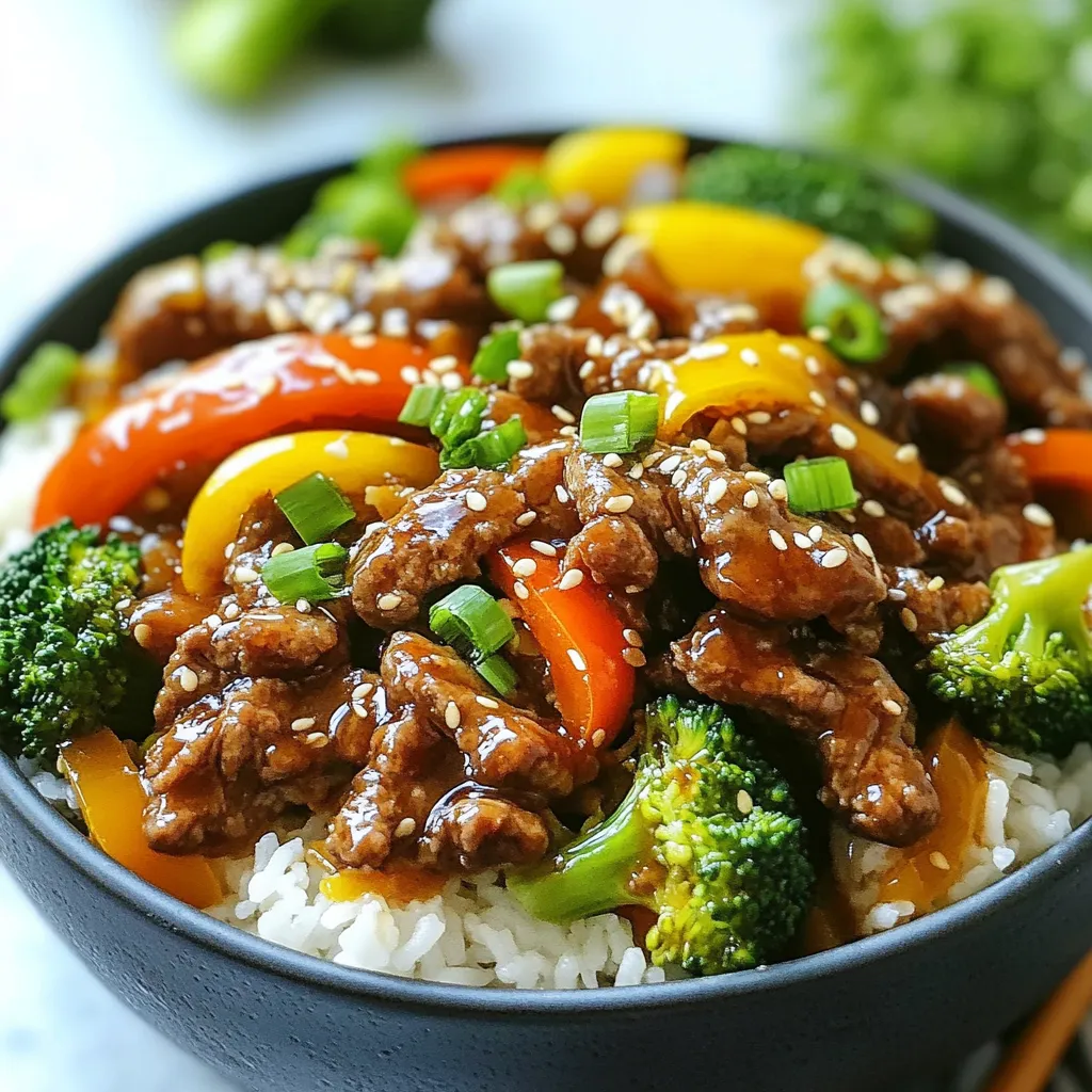 - 1 lb ground beef - 2 tablespoons hot honey - 1 tablespoon soy sauce - 1 bell pepper, diced - 1 cup broccoli florets - 2 green onions, sliced - 1 teaspoon garlic powder - 1 teaspoon onion powder - 1 tablespoon sesame oil - 2 cups cooked rice (white, brown, or cauliflower) - Salt and pepper to taste - Sesame seeds for garnish To create this Ground Beef Hot Honey Bowl, you need simple ingredients. Ground beef is the star here. It gives the dish its hearty base. Hot honey adds a sweet and spicy kick. The soy sauce brings umami flavor that ties everything together. For the veggies, feel free to pick your favorite colors. Bell peppers add crunch and bright color. Broccoli florets provide nutrients and balance. Green onions offer freshness and a mild onion taste. Don’t forget the extra ingredients! Garlic powder and onion powder boost flavor without adding bulk. Sesame oil gives a lovely nutty taste. Rice serves as a perfect base, soaking up all the delicious sauce. Finally, sesame seeds add a fun crunch as a garnish. This combination makes a quick and tasty meal you will love! {{ingredient_image_1}} To start, pour 1 tablespoon of sesame oil into a large skillet. Heat it on medium-high. Add 1 pound of ground beef to the hot oil. Use a spatula to break the beef apart. Cook it for about 5 to 7 minutes. You want it browned and fully cooked. After that, drain any extra fat from the skillet. Then, return it to the heat. Stir in 1 teaspoon of garlic powder and 1 teaspoon of onion powder. Add 1 tablespoon of soy sauce and 2 tablespoons of hot honey. Mix everything well and let it simmer for 2 to 3 minutes. This helps the sauce thicken. Taste it and add salt and pepper as needed. Now, let’s prepare the veggies. Take 1 cup of broccoli florets and 1 diced bell pepper. Steam them in a pot for about 3 to 5 minutes. They should become tender but still bright and fresh. This steaming method keeps their color and nutrients. It’s time to build your bowl! Start with a layer of 2 cups of cooked rice. You can use white, brown, or even cauliflower rice. Spread it evenly in the bowl. Next, add the hot honey ground beef on top. Finally, pile the steamed broccoli and bell peppers over the beef. For a finishing touch, sprinkle sliced green onions and sesame seeds on top. This adds flavor and a nice crunch. Enjoy your meal! - To keep the beef juicy, don’t overcook it. Aim for 5-7 minutes until browned. - For perfect vegetables, steam bell peppers and broccoli for 3-5 minutes. They should be tender but still bright. - Use vibrant bowls to make your dish pop. Arrange the rice, beef, and veggies in sections. - Drizzle extra hot honey on top right before serving. This adds flavor and a nice shine. - Pair your bowl with a light salad or some crispy spring rolls. - For drinks, try iced tea or sparkling water with lemon. These will complement the meal well. Pro Tips Choose the Right Beef: For a leaner option, use ground turkey or chicken instead of beef. These alternatives will still allow the flavors of hot honey and spices to shine through. Customize Your Heat: Adjust the amount of hot honey or sriracha to suit your spice tolerance. For a milder dish, reduce the hot honey and add a touch more soy sauce. Prep Ahead: Chop the vegetables and cook the rice in advance to make assembly quick and easy. This is especially helpful for busy weeknights! Extra Flavor Boost: Consider adding a splash of lime juice or a sprinkle of fresh cilantro just before serving for an extra layer of flavor and brightness. {{image_2}} You can swap ground beef for other proteins. Ground turkey or chicken works well. Both are leaner and still tasty. For a plant-based option, try tofu or lentils. Tofu absorbs flavors well. Lentils add a nice texture and protein. You can change the flavor profile easily. Try different sauces like teriyaki or hoisin. You can also add spices like cumin or paprika for depth. Adjust the sweetness by adding more hot honey or reducing it. For spice, add chili flakes or hot sauce. If you want a low-carb option, skip the rice. Cauliflower rice is a great choice. It has a similar texture and absorbs flavors. Zucchini noodles are another fun substitute. They add freshness and keep the dish light. To keep your Ground Beef Hot Honey Bowl fresh, use airtight containers. Glass or plastic containers with tight lids work best. Store in the fridge for up to three days. Make sure it cools down before sealing the container. To reheat, use the microwave or a skillet. If using a microwave, heat in short bursts. Stir between each burst to avoid hot spots. For the skillet, add a bit of water or oil to keep it moist. This helps keep the beef and veggies tender and tasty. Avoid high heat, as that can dry them out. Enjoy your meal again just as much! Hot honey is a sweet and spicy blend of honey and chili peppers. It adds a kick to dishes. You can use it in various recipes. Drizzle it on meats, veggies, or even pizza. It pairs well with cheese, too. This makes it a versatile ingredient in the kitchen. Yes, you can prepare this dish ahead of time. Cook the beef and veggies, then store them in airtight containers. Keep the rice separate to avoid sogginess. You can store the meal in the fridge for up to three days. Reheat it in the microwave or on the stove. This makes meal prep easy and quick. To make the dish milder, use less hot honey. You can mix honey with a bit of sriracha for a softer taste. If you want more heat, add extra hot honey or chili flakes. Taste as you go to find the right balance. Adjusting the spice level lets you customize the meal to your liking. This blog post explored creating a delicious rice bowl with simple ingredients. You learned about the key components, cooking steps, and variations to suit your taste. I highlighted tips for perfect cooking times and presentation ideas to impress. Remember, you can mix proteins and adjust flavors to make it your own. Whether you enjoy leftovers or meal prep, these ideas work for everyone. Dive in and enjoy making this tasty dish!