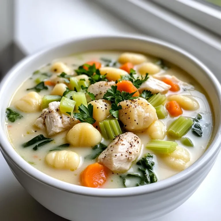 - 2 tablespoons olive oil - 1 pound boneless, skinless chicken breasts, cubed - 1 medium onion, diced - 3 cloves garlic, minced - 2 medium carrots, diced - 2 celery stalks, diced - 1 teaspoon dried thyme - 1 teaspoon dried oregano - 6 cups chicken broth - 1 package (16 oz) gnocchi (store-bought) - 2 cups fresh spinach - 1 cup heavy cream - Salt and pepper to taste - Fresh parsley, chopped for garnish When I make chicken gnocchi soup, I always start with quality ingredients. Each one plays a key role in the flavor and texture. First, I use olive oil for sautéing. It adds a nice richness to the soup. Then, I chop up one pound of boneless, skinless chicken breasts, which I later brown in the pot. Next, I gather my vegetables. I chop one medium onion, three cloves of garlic, two medium carrots, and two celery stalks. These veggies create the base of the soup. I also add dried thyme and oregano for herbs. They give the soup a warm, earthy flavor. For the liquid, I rely on six cups of chicken broth. It brings the whole dish together. The gnocchi are the star of this soup. I use a 16-ounce package of store-bought gnocchi. They cook quickly and add a delightful chewiness. To finish, I add two cups of fresh spinach and one cup of heavy cream. The spinach wilts perfectly and adds color. The cream makes the soup rich and creamy. I always season with salt and pepper to taste. Lastly, I sprinkle fresh parsley on top for a fresh touch. These ingredients combine to create a hearty and comforting meal. Each bite warms you from the inside out. - First, heat 2 tablespoons of olive oil in a large pot over medium heat. - Once the oil is warm, add 1 pound of cubed chicken. - Cook the chicken for about 5-7 minutes until it is browned and cooked through. - After cooking, remove the chicken from the pot and set it aside. - In the same pot, add the diced onion, carrots, and celery. - Sauté these vegetables for about 5 minutes until they soften. - Next, stir in 3 cloves of minced garlic, 1 teaspoon of dried thyme, and 1 teaspoon of dried oregano. - Cook this mixture for one more minute until it smells great. - Pour in 6 cups of chicken broth and bring it to a gentle simmer. - Add the package of 16 oz gnocchi to the pot along with the cooked chicken. - Cook for about 3-5 minutes. The gnocchi will rise to the top when done. - Finally, stir in 2 cups of fresh spinach and 1 cup of heavy cream. - Simmer for another 2-3 minutes until the spinach wilts and the soup heats through. - Don’t forget to season with salt and pepper to taste before serving! To get great gnocchi, cook them just right. Follow the package's timing closely. Gnocchi are done when they float to the top. This means they are light and fluffy. If you overcook them, they can become mushy. Balancing flavors is key. You want the soup to taste rich but not too heavy. Use fresh herbs like thyme and oregano. They add a nice touch without being too strong. A bit of salt and pepper at the end can enhance all the flavors. You can store leftovers in the fridge. Place the soup in an airtight container. It stays fresh for about three days. If you want to keep it longer, freeze it for up to three months. When reheating, do it slowly. Use a pot on low heat. Stir often to keep the gnocchi from sticking together. You can add a splash of broth if it seems too thick. Add spices for a twist. Try a pinch of nutmeg for warmth. Paprika can bring a gentle heat. Using homemade broth makes a big difference. It adds depth and richness that store-bought versions may lack. If you have time, make a simple chicken broth with bones, veggies, and herbs. It is worth the effort! {{image_2}} You can switch chicken for turkey or tofu. Turkey works well and keeps the soup light. Tofu is great for a plant-based meal. Just make sure to cook the tofu until it's golden for better flavor. For a dairy-free option, use coconut milk instead of heavy cream. This change keeps the soup rich and creamy without dairy. Fresh vegetables add color and nutrients. Try adding zucchini, peas, or bell peppers. They cook quickly and enhance flavor. You can also throw in some kale or Swiss chard for added greens. These options add texture and taste to each spoonful, making your soup even better. If you like spice, add red pepper flakes or diced jalapeños. It gives the soup a nice kick. For a more aromatic flavor, use fresh herbs like basil or dill. These herbs shift the taste and bring a new life to the dish. Feel free to mix and match to create your perfect bowl of soup! To keep your Chicken Gnocchi Soup fresh, refrigerate it right after it cools. Use an airtight container to avoid moisture loss. If you want to freeze it, let the soup cool completely. Then, pour it into a freezer-safe bag or container. Leave some space at the top, as soup expands when frozen. Leftovers of Chicken Gnocchi Soup can last for about three to four days in the fridge. If you freeze it, the soup will stay good for up to three months. Just remember to label your containers with the date. This way, you can enjoy it later without worry. When you are ready to enjoy your soup, reheating should be done slowly. You can use a saucepan over medium heat, stirring often. If it seems too thick, add a splash of chicken broth or water. You can also reheat it in the microwave. Use a microwave-safe bowl and cover it loosely. Heat it in one-minute intervals, stirring in between. This helps it warm evenly. Yes, you can use frozen gnocchi. Cooking frozen gnocchi is simple. Just add them directly to the simmering soup without thawing. They will cook in about 3-5 minutes. Fresh gnocchi may taste softer, while frozen ones hold their shape well. Both options work well in this soup. You can make this soup in advance. To do this, prepare the soup but do not add the gnocchi right away. Store the soup base in the fridge for up to three days. When ready to serve, reheat the soup and add the gnocchi. This keeps the gnocchi from becoming mushy. There are many tasty side dishes to serve with Chicken Gnocchi Soup. Here are some great options: - A simple green salad with vinaigrette - Crusty bread or dinner rolls - Garlic bread for a flavorful touch - Grated cheese to sprinkle on top These sides will complement the rich flavors of the soup and make your meal even better. This blog post covered how to make delicious Chicken Gnocchi Soup. You learned about essential ingredients, step-by-step cooking, and helpful tips. I shared ways to adjust flavors and storage best practices. If you follow these steps, you’ll enjoy a warm, hearty meal. Feel free to experiment with variations to make it your own. Enjoy making and sharing this comforting dish!