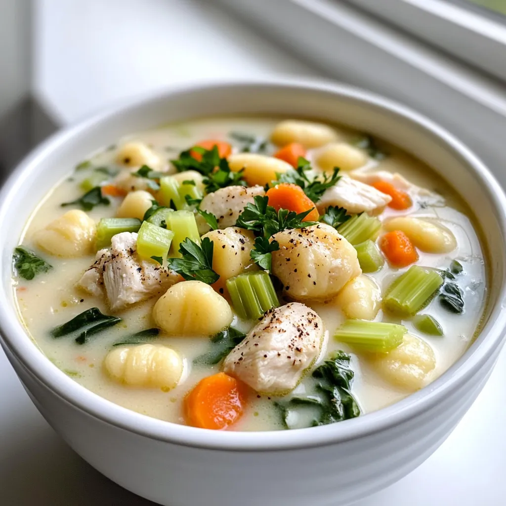 - 2 tablespoons olive oil - 1 pound boneless, skinless chicken breasts, cubed - 1 medium onion, diced - 3 cloves garlic, minced - 2 medium carrots, diced - 2 celery stalks, diced - 1 teaspoon dried thyme - 1 teaspoon dried oregano - 6 cups chicken broth - 1 package (16 oz) gnocchi (store-bought) - 2 cups fresh spinach - 1 cup heavy cream - Salt and pepper to taste - Fresh parsley, chopped for garnish When I make chicken gnocchi soup, I always start with quality ingredients. Each one plays a key role in the flavor and texture. First, I use olive oil for sautéing. It adds a nice richness to the soup. Then, I chop up one pound of boneless, skinless chicken breasts, which I later brown in the pot. Next, I gather my vegetables. I chop one medium onion, three cloves of garlic, two medium carrots, and two celery stalks. These veggies create the base of the soup. I also add dried thyme and oregano for herbs. They give the soup a warm, earthy flavor. For the liquid, I rely on six cups of chicken broth. It brings the whole dish together. The gnocchi are the star of this soup. I use a 16-ounce package of store-bought gnocchi. They cook quickly and add a delightful chewiness. To finish, I add two cups of fresh spinach and one cup of heavy cream. The spinach wilts perfectly and adds color. The cream makes the soup rich and creamy. I always season with salt and pepper to taste. Lastly, I sprinkle fresh parsley on top for a fresh touch. These ingredients combine to create a hearty and comforting meal. Each bite warms you from the inside out. - First, heat 2 tablespoons of olive oil in a large pot over medium heat. - Once the oil is warm, add 1 pound of cubed chicken. - Cook the chicken for about 5-7 minutes until it is browned and cooked through. - After cooking, remove the chicken from the pot and set it aside. - In the same pot, add the diced onion, carrots, and celery. - Sauté these vegetables for about 5 minutes until they soften. - Next, stir in 3 cloves of minced garlic, 1 teaspoon of dried thyme, and 1 teaspoon of dried oregano. - Cook this mixture for one more minute until it smells great. - Pour in 6 cups of chicken broth and bring it to a gentle simmer. - Add the package of 16 oz gnocchi to the pot along with the cooked chicken. - Cook for about 3-5 minutes. The gnocchi will rise to the top when done. - Finally, stir in 2 cups of fresh spinach and 1 cup of heavy cream. - Simmer for another 2-3 minutes until the spinach wilts and the soup heats through. - Don’t forget to season with salt and pepper to taste before serving! To get great gnocchi, cook them just right. Follow the package's timing closely. Gnocchi are done when they float to the top. This means they are light and fluffy. If you overcook them, they can become mushy. Balancing flavors is key. You want the soup to taste rich but not too heavy. Use fresh herbs like thyme and oregano. They add a nice touch without being too strong. A bit of salt and pepper at the end can enhance all the flavors. You can store leftovers in the fridge. Place the soup in an airtight container. It stays fresh for about three days. If you want to keep it longer, freeze it for up to three months. When reheating, do it slowly. Use a pot on low heat. Stir often to keep the gnocchi from sticking together. You can add a splash of broth if it seems too thick. Add spices for a twist. Try a pinch of nutmeg for warmth. Paprika can bring a gentle heat. Using homemade broth makes a big difference. It adds depth and richness that store-bought versions may lack. If you have time, make a simple chicken broth with bones, veggies, and herbs. It is worth the effort! {{image_2}} You can switch chicken for turkey or tofu. Turkey works well and keeps the soup light. Tofu is great for a plant-based meal. Just make sure to cook the tofu until it's golden for better flavor. For a dairy-free option, use coconut milk instead of heavy cream. This change keeps the soup rich and creamy without dairy. Fresh vegetables add color and nutrients. Try adding zucchini, peas, or bell peppers. They cook quickly and enhance flavor. You can also throw in some kale or Swiss chard for added greens. These options add texture and taste to each spoonful, making your soup even better. If you like spice, add red pepper flakes or diced jalapeños. It gives the soup a nice kick. For a more aromatic flavor, use fresh herbs like basil or dill. These herbs shift the taste and bring a new life to the dish. Feel free to mix and match to create your perfect bowl of soup! To keep your Chicken Gnocchi Soup fresh, refrigerate it right after it cools. Use an airtight container to avoid moisture loss. If you want to freeze it, let the soup cool completely. Then, pour it into a freezer-safe bag or container. Leave some space at the top, as soup expands when frozen. Leftovers of Chicken Gnocchi Soup can last for about three to four days in the fridge. If you freeze it, the soup will stay good for up to three months. Just remember to label your containers with the date. This way, you can enjoy it later without worry. When you are ready to enjoy your soup, reheating should be done slowly. You can use a saucepan over medium heat, stirring often. If it seems too thick, add a splash of chicken broth or water. You can also reheat it in the microwave. Use a microwave-safe bowl and cover it loosely. Heat it in one-minute intervals, stirring in between. This helps it warm evenly. Yes, you can use frozen gnocchi. Cooking frozen gnocchi is simple. Just add them directly to the simmering soup without thawing. They will cook in about 3-5 minutes. Fresh gnocchi may taste softer, while frozen ones hold their shape well. Both options work well in this soup. You can make this soup in advance. To do this, prepare the soup but do not add the gnocchi right away. Store the soup base in the fridge for up to three days. When ready to serve, reheat the soup and add the gnocchi. This keeps the gnocchi from becoming mushy. There are many tasty side dishes to serve with Chicken Gnocchi Soup. Here are some great options: - A simple green salad with vinaigrette - Crusty bread or dinner rolls - Garlic bread for a flavorful touch - Grated cheese to sprinkle on top These sides will complement the rich flavors of the soup and make your meal even better. This blog post covered how to make delicious Chicken Gnocchi Soup. You learned about essential ingredients, step-by-step cooking, and helpful tips. I shared ways to adjust flavors and storage best practices. If you follow these steps, you’ll enjoy a warm, hearty meal. Feel free to experiment with variations to make it your own. Enjoy making and sharing this comforting dish!